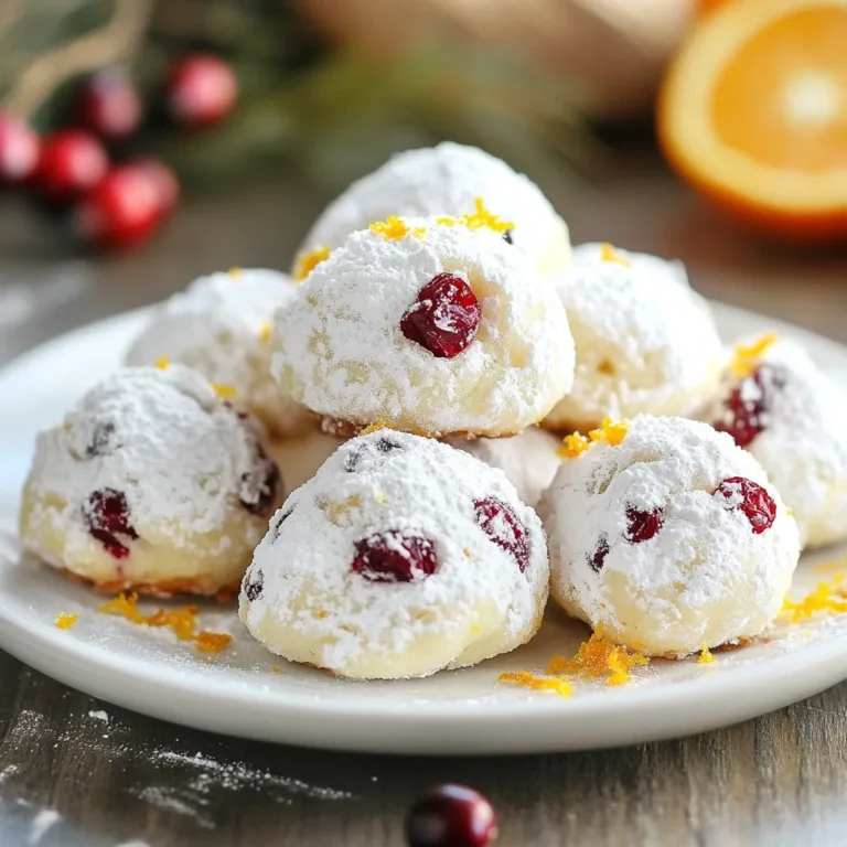 - 1 cup unsalted butter, softened - 1/2 cup powdered sugar, with extra for dusting - 1 teaspoon vanilla extract - 2 cups all-purpose flour - 1/4 teaspoon salt - 1/2 cup dried cranberries, finely chopped - Zest of 1 large orange - 1 tablespoon fresh orange juice - 1/2 cup chopped walnuts (optional) - Chopped walnuts add crunch and flavor. You can leave them out if you want a nut-free cookie. - If you need a dairy-free option, use a plant-based butter. - For gluten-free cookies, swap all-purpose flour for a gluten-free blend. - Use maple syrup instead of powdered sugar for a lower-sugar option. These simple ingredients come together to create a delightful cookie. The sweet cranberries and zesty orange bring joy in every bite. {{ingredient_image_2}} First, preheat your oven to 350°F (175°C). This step is key for even baking. Next, grab a baking sheet. Line it with parchment paper. This helps the cookies not stick. In a large bowl, add 1 cup of softened butter. Use an electric mixer to cream it with 1/2 cup of powdered sugar. Mix until light and fluffy, about 2-3 minutes. Then, add 1 teaspoon of vanilla extract, the zest of 1 large orange, and 1 tablespoon of fresh orange juice. Blend these ingredients until smooth. In another bowl, whisk 2 cups of all-purpose flour with 1/4 teaspoon of salt. Gradually add the flour mix to the butter mix. Stir gently until just combined. Be careful not to overmix. This keeps the cookies light. Now, fold in 1/2 cup of finely chopped dried cranberries. If you like, add 1/2 cup of chopped walnuts for extra crunch. Next, roll the dough into 1-inch balls. Place them on your baking sheet. Be sure to space them about 2 inches apart. This gives them room to spread. Bake the cookies for 12-15 minutes. They should be lightly golden on the bottom while staying pale on top. After baking, take the cookies out of the oven. Let them cool on the baking sheet for about 5 minutes. Then, move them to a wire rack to cool all the way. Once cool, dust them generously with more powdered sugar. This makes them look like a snowy treat. Enjoy these sweet bites with friends or family! To get the right texture for your cookies, use room temperature butter. Softened butter mixes better and makes your cookies light. Mix the butter and sugar until fluffy. This usually takes about 2-3 minutes. Be careful when adding flour. Mix only until combined. Overmixing can make the cookies tough. You can change the flavor by using different nuts or citrus. Try pecans or almonds instead of walnuts. For a twist, use lemon or lime zest. This adds a fresh taste. You can also use dried fruits like cherries or apricots. Each change gives a new twist to your cookie. One common mistake is not measuring ingredients correctly. Always use measuring cups for accuracy. Another issue is baking at the wrong temperature. Make sure your oven is preheated to 350°F. Lastly, don’t rush the cooling time. Let your cookies cool completely before dusting with sugar. This helps the sugar stick better. Pro Tips Chill the Dough: For a more manageable dough, chill it in the refrigerator for 30 minutes before rolling into balls. This helps prevent spreading during baking. Use Fresh Ingredients: Ensure your butter is at room temperature for easy creaming, and use fresh orange juice and zest for the best flavor. Adjust Baking Time: Keep a close eye on the cookies as they bake, as oven temperatures can vary. Remove them when the bottoms are golden, but the tops remain pale for a soft texture. Creative Variations: Experiment with different nuts or dried fruits, such as pecans or cherries, to create your own unique twist on these cookies. {{image_4}} You can make these cookies gluten-free. Substitute all-purpose flour with a gluten-free blend. Make sure the blend works well in cookies. Follow the same steps in the recipe. The taste and texture will still shine. Want to try something new? You can swap out cranberries for chocolate chips. Dark chocolate adds a rich taste. You can also try adding spices like cinnamon or nutmeg. These spices give a warm flavor perfect for winter. Another option is to use lemon zest instead of orange. It will give a fresh twist that’s bright and tasty. For a fun touch, consider icing your cookies. A simple glaze of powdered sugar and milk works well. Drizzle it over the cooled cookies for added sweetness. You can also sprinkle extra powdered sugar on top. For a festive look, add colored sprinkles. Chopped nuts make a nice crunchy topping too. These options let you customize your snowball cookies to your taste! To keep your cookies fresh, store them in an airtight container. Place a piece of wax paper between layers to prevent sticking. This method keeps the cookies soft and delicious for up to one week. If you notice them drying out, you can add a slice of bread to the container to help retain moisture. Freezing is a great option for longer storage. First, let the cookies cool completely. Then, place them in a single layer on a baking sheet. Freeze them for about an hour. Once frozen, transfer the cookies to a freezer-safe bag or container. They can last up to three months in the freezer. To enjoy, simply thaw them at room temperature when you're ready. Choose containers that are airtight and made from materials like glass or BPA-free plastic. Glass containers help keep cookies fresh longer. If you want to stack cookies, use parchment paper between layers. This prevents them from sticking and maintains their shape. Yes, you can make these cookies ahead of time. You can prepare the dough and chill it in the fridge for up to 3 days. This helps the flavors blend well. When ready, simply roll the dough into balls and bake as directed. You can also bake the cookies in advance. Store them in an airtight container for freshness. The cookies are done when the bottoms turn light golden brown. The tops should stay pale. This usually takes about 12 to 15 minutes in the oven. Keep an eye on them, as oven times can vary. If you notice slight browning on the edges, it’s time to take them out. These cookies pair well with many drinks. Try serving them with tea, coffee, or hot cocoa. They also go great with a scoop of vanilla ice cream. For a festive touch, add some fresh cranberries or orange slices on the side. Cranberry Orange Snowball Cookies can last about a week at room temperature. To keep them fresh, store them in an airtight container. If you want them to last longer, freeze them for up to three months. Just be sure to thaw them before serving. You learned about the key ingredients and how to mix and bake cookies. We explored tips for perfect texture and fun variations to try. Remember to store your cookies properly to keep them fresh. I hope you feel excited to bake and share these tasty treats. Each step leads to a delicious reward. Enjoy your baking journey and the smiles it brings!
