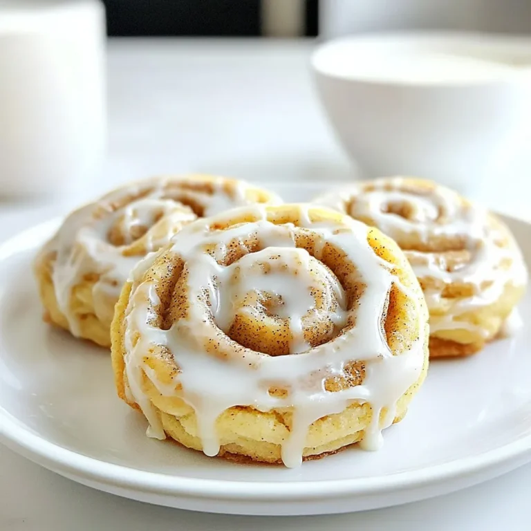 To make these soft and sugary cinnamon roll cookies, you will need: - 2 ½ cups all-purpose flour - 1 teaspoon baking soda - ½ teaspoon baking powder - ½ teaspoon salt - 1 cup unsalted butter, softened to room temperature - 1 cup granulated sugar - 1 cup packed brown sugar - 2 large eggs - 2 teaspoons pure vanilla extract - 3 tablespoons ground cinnamon - ¼ cup powdered sugar (for drizzling) - 2 tablespoons milk (for drizzling) If you don’t have all-purpose flour, use a gluten-free blend. It works well! For butter, you can use coconut oil. This keeps your cookies dairy-free. If you run out of eggs, mix 1 tablespoon of ground flaxseed with 2.5 tablespoons of water for each egg. It’s a great substitute! For the sugars, you can use all brown sugar or all white sugar. This can change the flavor a bit but will still be tasty. To bake these cookies, gather these tools: - Mixing bowls - Handheld mixer - Whisk - Wooden spoon or spatula - Baking sheets - Parchment paper - Measuring cups and spoons - Wire rack (for cooling) - Small bowl (for icing) - Fork or piping bag (for drizzling icing) Having these tools ready will make your baking process smooth and fun! {{ingredient_image_2}} First, you need to gather your ingredients. This includes flour, butter, and sugar. Then, preheat your oven to 350°F (175°C). Line two baking sheets with parchment paper. This makes it easier to remove your cookies later. Start by whisking together the flour, baking soda, baking powder, and salt in a medium bowl. Set this bowl aside. In a large bowl, use a mixer to beat the softened butter with granulated and brown sugar. Mix for about 3-4 minutes until it’s creamy and light. Next, add the eggs one at a time. Mix well after each egg. Then, stir in the vanilla extract. Slowly add the dry mix to the wet mix. Use a wooden spoon to combine them gently. Avoid overmixing, as this can change the cookie’s texture. In a small bowl, mix ground cinnamon with a tablespoon of the cookie dough. This creates a cinnamon paste. Divide your dough into two parts. Mix the cinnamon paste into one part until it’s well blended. Now, take one tablespoon of plain dough and one tablespoon of cinnamon dough. Roll them together to form a ball. Place these on the baking sheets, leaving space between them. Bake for 10-12 minutes. The edges should be light golden brown, and the centers will be soft. After baking, let the cookies cool on a wire rack. This helps them firm up. While cooling, make the icing. In a small bowl, mix powdered sugar and milk. Whisk until smooth and creamy. Once your cookies are cool, drizzle the icing over each one. You can use a fork or a piping bag. Let the drizzle set for a moment before serving. Enjoy your sweet and soft cinnamon roll cookies! To make the best cinnamon roll cookies, focus on the butter. Use unsalted butter that is soft but not melted. This keeps the cookies light and fluffy. When mixing, beat the butter and sugars well. This adds air and makes your cookies soft. Don’t forget to fold in your dry mix gently. Overmixing can make cookies tough. For extra flavor, use fresh ground cinnamon. It adds a nice kick to your cookies. If you want a richer taste, try adding a pinch of nutmeg. One big mistake is not measuring ingredients accurately. Always use dry measuring cups for flour. Too much flour can make your cookies dry. Also, avoid skipping the chilling step if you do it. Chilling helps the cookies hold their shape as they bake. Another mistake is leaving the cookies in the oven too long. Check them at 10 minutes for that soft center. Letting them cool on a wire rack is key too. This keeps the bottoms from getting soggy. To store your cookies, place them in an airtight container. They stay fresh for up to a week. If you want them to last longer, freeze them. Wrap each cookie in plastic wrap, then put them in a freezer bag. They can last up to three months in the freezer. When it's time to eat, you can reheat them in the oven. Set the oven to 350°F (175°C) and warm for about 5-7 minutes. This brings back their softness and warmth. You can also microwave them for about 10-15 seconds, but watch out for overheating. Enjoy your tasty cinnamon roll cookies! Pro Tips Chill the Dough: If the cookie dough is too soft to handle, chill it in the refrigerator for 30 minutes. This helps the cookies maintain their shape while baking. Use Fresh Cinnamon: For the best flavor, use freshly ground cinnamon. Its aromatic qualities can elevate the taste of your cookies significantly. Don’t Overbake: Keep an eye on your cookies towards the end of the baking time. They should be lightly golden around the edges but still soft in the center for the best texture. Store Properly: To keep your cookies soft and fresh, store them in an airtight container at room temperature. You can also add a slice of bread to help retain moisture. {{image_4}} You can make chocolate chip cinnamon roll cookies by adding chocolate chips. Just mix in one cup of semi-sweet chocolate chips into the dough after you combine the wet and dry ingredients. The sweet, melty chocolate pairs well with the cinnamon flavor. This adds a fun twist and extra sweetness to each bite. To make gluten-free cinnamon roll cookies, swap the all-purpose flour for a gluten-free blend. Look for a blend that includes xanthan gum for the best texture. The rest of the recipe stays the same. These cookies will still taste soft and sweet, perfect for everyone! You can season your cookies with different flavors for special times of the year. Add a teaspoon of nutmeg for a warm touch. In the fall, try adding pumpkin spice instead of cinnamon. This makes the cookies taste cozy and festive, bringing joy to your table! To keep your cinnamon roll cookies soft and sugary, store them in an airtight container. This helps maintain their moisture. You can layer parchment paper between the cookies to prevent sticking. If you want to keep them fresh longer, place a slice of bread in the container. The bread helps keep the cookies soft. Freezing these cookies is a great way to save some for later. First, let the cookies cool completely. Then, place them in a single layer on a baking sheet. Freeze for about 1 hour until they are firm. After that, transfer them to a freezer-safe bag. Be sure to squeeze out all the air before sealing. You can freeze them for up to three months. When you're ready to eat, just thaw at room temperature. Cinnamon roll cookies last about one week at room temperature. If you store them in the fridge, they can last about two weeks. Watch for signs of spoilage like a dry texture or off smell. If they feel hard or look stale, it's time to toss them. Always trust your senses when checking for spoilage! Yes, you can easily make a bigger batch. Just double or triple the recipe. Make sure to adjust your baking sheets and oven space. You may need to bake in batches. This way, you’ll have plenty of cookies to share or store for later. To keep your cookies soft, do not overbake them. Take them out when the edges are light brown. The centers should look a bit underbaked. Also, use room temperature butter and eggs to help create a creamy texture. Let them cool on a wire rack to maintain their softness. Yes, you can make the dough ahead of time! Wrap it tightly in plastic wrap and store it in the fridge for up to 2 days. For longer storage, freeze the dough. Just let it thaw in the fridge overnight before baking. This way, you can enjoy fresh cookies anytime! We covered all the key steps for making delicious cinnamon roll cookies. From gathering ingredients to storing leftovers, you now have everything you need. Remember to try the variations for fun twists, like chocolate chip or gluten-free options. Keep practicing to perfect your texture and flavor. With these tips and tricks, you'll impress friends and family with your baking skills. Each cookie is a warm treat, perfect for any occasion. Enjoy your baking journey!