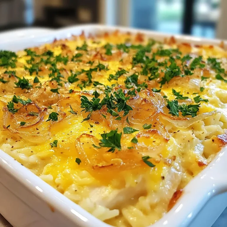 - 1 lb boneless, skinless chicken breasts - 1 cup uncooked orzo pasta - 2 medium onions - 3 cloves garlic - 2 cups chicken broth - 1 cup heavy cream The main ingredients in French Onion Chicken Orzo Bake create a rich and tasty meal. The chicken adds protein, while orzo gives a nice texture. Onions and garlic bring deep flavor. Chicken broth and heavy cream make the dish creamy and comforting. - 1 teaspoon dried thyme - 1 teaspoon dried rosemary - 1 cup shredded Gruyère cheese - 1 tablespoon olive oil - Salt and pepper - Fresh parsley for garnish Seasoning makes a big difference in this dish. Thyme and rosemary add warmth and earthiness. Gruyère cheese gives that classic French onion taste. Olive oil helps cook the onions to perfection. Salt and pepper enhance all the flavors. Lastly, fresh parsley brightens the dish and adds a pop of color. When you combine these ingredients, you create a meal that is not only delicious but also comforting. Each bite offers a blend of flavors and textures that will make you smile. {{ingredient_image_2}} First, preheat your oven to 375°F (190°C). This heat will help cook the dish evenly. Next, take a large skillet. Add a tablespoon of olive oil over medium heat. Slice the onions into thin half-moons and add them to the pan with a pinch of salt. Stir the onions often for about 15-20 minutes. They should turn soft and golden brown. This process caramelizes the onions, bringing out their sweet flavor. Once your onions are ready, it's time to add flavor. Mince three cloves of garlic finely. Add the garlic to the skillet and sauté it with the onions for 1-2 minutes. This will create a fragrant base for your dish. Meanwhile, bring 2 cups of chicken broth to a gentle simmer in another pot. Add 1 cup of uncooked orzo pasta and cook it according to the package's directions until it is al dente. Drain the orzo and set it aside. In a large mixing bowl, combine the diced chicken with the cooked orzo. Add the caramelized onions and garlic to the bowl. Pour in the chicken broth and 1 cup of heavy cream. Sprinkle in 1 teaspoon each of dried thyme and dried rosemary. Stir everything together until well mixed. Season the mixture with salt and pepper to taste. Now, pour the entire mixture into a greased 9x13 inch baking dish. Spread it out evenly. Finally, top the dish with 1 cup of shredded Gruyère cheese. Place the baking dish in the preheated oven. Bake for 25-30 minutes. Check that the chicken is cooked through. The internal temperature should reach 165°F (74°C). The cheese should be bubbly and golden brown. Once done, take the dish out of the oven and let it rest for about 5 minutes. This helps the flavors meld together. Before serving, garnish with freshly chopped parsley. This adds color and freshness to your meal. To achieve perfect caramelized onions, keep two things in mind: time and temperature. Cook the onions over medium heat for about 15-20 minutes. Stir them often. A slow cook brings out the sweet flavors. If the heat is too high, they can burn. For garlic, add it after the onions are caramelized. This way, it stays fragrant and does not burn. Garlic only needs 1-2 minutes in the pan. To boost the flavor, consider using additional herbs like sage or bay leaf. A pinch of red pepper flakes can add a nice kick. For a creamy texture, ensure you stir the heavy cream slowly into the mixture. This helps it blend well with the broth and cheese. You can also mix in some cream cheese for extra richness. Presentation matters. Serve the dish straight from the baking dish for a rustic look. If you prefer, dish out individual servings on plates. Garnish with fresh parsley and a drizzle of olive oil. For a wine pairing, a light white wine like Sauvignon Blanc works well. It balances the richness of the dish and enhances the flavors. Pro Tips Caramelization is Key: Take your time when caramelizing the onions; this will enhance the depth of flavor in your dish. Stir frequently to prevent burning, and consider adding a splash of balsamic vinegar for added sweetness. Use Fresh Herbs: For a more vibrant flavor, use fresh thyme and rosemary instead of dried. Add them towards the end of cooking to preserve their aromatic qualities. Cheese Variations: While Gruyère adds a wonderful creaminess, you can experiment with other cheeses like fontina or mozzarella for a different flavor profile. Mix different cheeses for a more complex taste. Resting Time Matters: Allow the dish to rest for a few minutes after baking. This helps the ingredients meld together and makes serving easier by preventing it from falling apart. {{image_4}} You can easily change up this recipe. If you want a different protein, try turkey or beef. Both options work well with the rich flavors of the dish. If you have a pasta preference, swap orzo for whole wheat or gluten-free pasta. This keeps the meal tasty and fits your diet needs. Adding vegetables can enhance the dish. Spinach or mushrooms add color and nutrition. You can also mix in different cheeses. Try sharp cheddar or creamy mozzarella for a unique twist. Each cheese brings its own flavor and texture to the bake. If you're vegan or vegetarian, you can adapt this recipe. Use plant-based chicken and a dairy-free cream. This keeps the dish hearty and satisfying. For a lighter option, use less heavy cream or substitute it with low-fat yogurt. These adjustments help you enjoy the dish while meeting your dietary goals. Store your French Onion Chicken Orzo Bake in the fridge for up to three days. Use an airtight container to keep it fresh. When you want to reheat it, simply place it in the oven at 350°F (175°C) until it is hot throughout. You can also use the microwave for quick reheating, but be sure to cover it to avoid drying out the dish. You can freeze this dish for up to three months. To freeze, let it cool completely, then transfer it to a freezer-safe container. Make sure to label the container with the date and name of the dish. When you’re ready to eat, thaw it in the fridge overnight. Reheat it in the oven at 350°F (175°C) until heated through, or microwave it until warm. Enjoy your meal again! Orzo pasta is a small, rice-shaped pasta. It cooks quickly and adds a nice texture. You can use it in soups, salads, or bakes. It absorbs flavors well, making it perfect for this dish. Yes, you can prepare this dish ahead of time. Just cook the chicken, orzo, and onions. Mix them and add the cream and cheese. Cover and store it in the fridge. Bake it later when you are ready to eat. To improve the texture, ensure the orzo is not overcooked. Cook it al dente and drain it well. A crunchy topping also helps. You can add more cheese or breadcrumbs on top before baking. This dish goes well with a side salad or steamed vegetables. A light green salad adds freshness. You might also enjoy it with crusty bread for dipping. Yes, you can make this dish dairy-free. Use coconut cream instead of heavy cream. Substitute dairy cheese with a vegan cheese option. Adjust the flavors with herbs and spices to keep it tasty. This blog post outlined a delicious French Onion Chicken Orzo Bake. We covered the key ingredients like chicken, orzo, and cheese. You learned step-by-step instructions for preparation, baking, and helpful tips to perfect flavor and texture. Variations allow for personal twists and dietary needs, while storage tips keep leftovers fresh. I hope you feel inspired to try this dish, customize it, and share it with friends. Cooking should be fun and rewarding, so enjoy every bite!