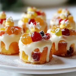 - 200g mixed dried fruits (such as sultanas, currants, and raisins) - 100g mixed peel (candied citrus peel) - 100g glace cherries, finely chopped - 75g unsalted butter, softened to room temperature - 100g light brown sugar, packed - 2 large eggs, at room temperature - 150g self-raising flour - 1 teaspoon mixed spice powder (a blend of cinnamon, nutmeg, and allspice) - 1 tablespoon milk - Zest of 1 orange - Zest of 1 lemon - Icing sugar for dusting - Optional: Marzipan and royal icing for decoration Gather these ingredients before you start. Each one plays a big role in the taste. The mixed dried fruits bring sweetness and texture. Mixed peel adds a bright flavor. Glace cherries give a pop of color. The butter and sugar create a rich base. The eggs help with moisture and binding. Self-raising flour gives the cakes a nice rise. Mixed spice powder adds warmth and depth. The zests of orange and lemon brighten the cakes. Icing sugar is for a light dusting. You can use marzipan and royal icing if you want to decorate. These ingredients come together to create a festive treat you will love. {{ingredient_image_2}} 1. Preheat your oven to 150&deg;C (300&deg;F). This helps the cakes bake evenly. 2. Line a muffin tin with 12 mini cupcake cases. This keeps the cakes from sticking. 1. In a bowl, combine the mixed dried fruits, mixed peel, and chopped glace cherries. Stir gently and set aside. 2. In a large bowl, cream together 75g of softened unsalted butter and 100g of light brown sugar. Use a whisk or mixer until it&rsquo;s light and fluffy. 3. Add 2 large eggs one at a time. Beat well after each egg until everything is smooth. 1. Sift in 150g of self-raising flour and 1 teaspoon of mixed spice powder. Fold gently until just combined. Don't overmix, or the cakes will be tough. 2. Add 1 tablespoon of milk, along with the zests of 1 orange and 1 lemon. Mix in the dried fruit mixture until all pieces are coated. 3. Using a spoon, fill each cupcake case about three-quarters full with batter. 4. Bake in the preheated oven for 25-30 minutes. Check if a skewer comes out clean. 5. Let the cakes cool in the tin for 10 minutes. Then, transfer them to a wire rack to cool completely. Ensuring a fluffy texture To get a light and fluffy cake, cream the butter and sugar well. I like to mix them for about 3-4 minutes. This step adds air and makes the cake rise nicely. Importance of room temperature ingredients Always use room temperature eggs and butter. Cold ingredients can lead to a dense cake. Let your butter sit out for about 30 minutes before you start. How to avoid overmixing When you add flour, mix just until combined. Overmixing can make your cakes tough. Use a spatula for folding the batter gently. This helps keep the cake soft and fluffy. Best practices for icing Dust your cooled cakes with icing sugar for a simple look. For a fancier touch, cover them with marzipan first. Then, add royal icing on top. Garnishing suggestions Consider using edible glitter or small candied fruits to dress up your cakes. These small details bring festive cheer and make your cakes pop on any platter. Pro Tips Use Fresh Ingredients: For the best flavor, ensure your dried fruits and spices are fresh. Stale ingredients can diminish the taste of your mini cakes. Experiment with Alcohol: Soak the dried fruits in a splash of rum or brandy for a richer flavor. This also helps keep the cakes moist. Don&rsquo;t Overmix: When combining the flour and wet ingredients, mix just until incorporated. Overmixing can lead to dense cakes. Cool Completely: Allow the mini cakes to cool fully on a wire rack before decorating. This ensures that the icing doesn&rsquo;t melt or slide off. {{image_4}} You can change the dried fruits in your mini cakes. Try apricots, cranberries, or figs. Each fruit brings a new taste. You can mix and match to fit your taste. If you need a gluten-free option, use gluten-free flour. Many brands offer blends that work well in baking. Just make sure to check the package for instructions. To make your cakes stand out, add spices. Try extra cinnamon, ginger, or cloves for a warm taste. These spices can change how your cakes taste and smell. You can also add a splash of alcohol or flavoring extracts. Rum or brandy offer a rich flavor. Vanilla or almond extracts can add sweetness. Just a little can boost your cakes without making them too strong. Store your mini Christmas cakes at room temperature for the best taste. Keep them in a cool, dry place. If you live in a warm area, you may need to refrigerate them. Refrigeration can help to keep them fresh longer. Use airtight containers to prevent the cakes from drying out. If you don&rsquo;t have an airtight container, wrap each cake in plastic wrap. This will help keep them moist and tasty. These mini cakes can last about two weeks at room temperature. For longer storage, refrigeration can extend their life to about four weeks. To check if your cakes are spoiled, look for a change in smell or texture. If they feel hard or have an off odor, it&rsquo;s time to toss them. Keep an eye on any mold growth as well. If you see any signs of spoilage, it is best to discard the cakes. Enjoy your festive treats while they are fresh! Can I make these cakes in advance? Yes, you can make these mini Christmas cakes ahead of time. They taste great after a few days. Store them in an airtight container. This helps the flavors mix well. How do I freeze mini Christmas cakes? To freeze mini cakes, wrap them tightly in plastic wrap. Then, place them in a freezer bag. They can last up to three months in the freezer. Thaw them in the fridge before serving. What is the best way to decorate mini cakes? For decoration, dust with icing sugar for a simple look. You can also cover them with marzipan and royal icing for a festive touch. Edible glitter or small candied fruits add extra cheer. What makes Mary Berry's recipe unique? Mary Berry's recipe shines due to her careful balance of flavors. The mix of dried fruits and spices brings warmth. Her method of creaming butter and sugar creates a light texture. Can I substitute ingredients from her recipe? Yes, you can substitute some ingredients. Use different dried fruits if you prefer. You can also swap light brown sugar for white sugar. Just keep the same amount for the best results. In this post, I covered how to make Mary Berry's mini Christmas cakes. We explored the essential ingredients, detailed steps for mixing and baking, and tips for perfecting your cakes. Remember, using room temperature ingredients helps create a fluffier texture. Decorate with your favorite icing or fruits for a festive touch. These cakes are not only delicious but also fun to make. Try different fruits or flavors to make the recipe your own. Enjoy baking and sharing these treats this holiday season!