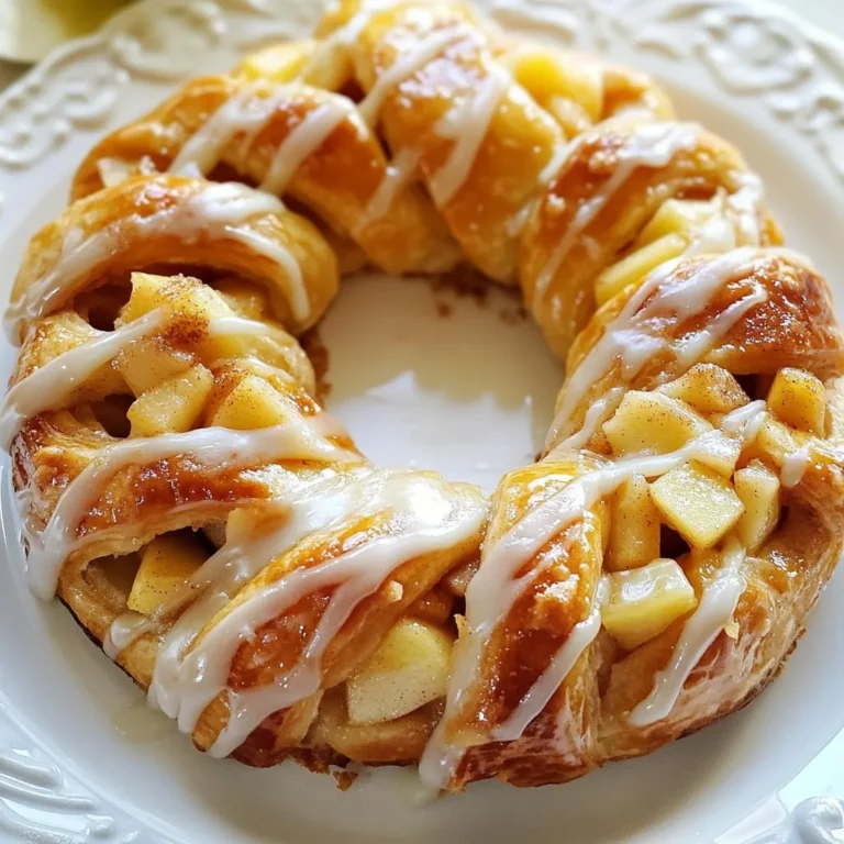 To make this delightful apple kringle with vanilla glaze, you will need the following ingredients: - 2 cups all-purpose flour - 1 packet (1/4 oz) active dry yeast - 1/4 cup granulated sugar - 1/2 teaspoon salt - 1/2 cup unsalted butter, softened - 1/2 cup warm milk - 1 large egg - 1 teaspoon pure vanilla extract - 2 medium apples, diced - 1 teaspoon ground cinnamon - 1/4 cup brown sugar - Glaze ingredients: powdered sugar, milk, vanilla extract Each ingredient plays a key role in creating the perfect taste and texture. The all-purpose flour forms the base of our kringle. The yeast helps it rise and become fluffy. Sugar adds sweetness, and salt balances the flavors. Softened butter gives richness, while warm milk activates the yeast. The egg binds everything together, and vanilla adds a warm, inviting aroma. The apples provide a burst of flavor, especially when mixed with cinnamon and brown sugar. This blend creates a warm, cozy filling. Lastly, the glaze brings everything together, adding a sweet finish and a beautiful shine. Gather these ingredients before you start. This will make the process smoother and more enjoyable. Cooking should be fun, and having everything ready helps! {{ingredient_image_2}} - Mixing dry and wet ingredients Start by taking a large bowl. Add 2 cups of all-purpose flour, 1 packet of active dry yeast, 1/4 cup of granulated sugar, and 1/2 teaspoon of salt. Mix these dry ingredients well. In another bowl, whisk together 1/2 cup of softened unsalted butter, 1/2 cup of warmed milk, 1 large egg, and 1 teaspoon of pure vanilla extract. Pour the wet mix into the dry mix. Stir until a soft dough forms. - Kneading the dough Transfer the dough to a lightly floured surface. Knead it for about 5 to 7 minutes. The dough should feel smooth and elastic. This step helps develop gluten, which gives the kringle its nice texture. - Allowing the dough to rise Place the kneaded dough into a greased bowl. Cover it with a clean kitchen towel. Let it rise in a warm area for about 1 hour. The dough should double in size. This rise is crucial for a fluffy kringle. - Shaping the dough Once the dough has risen, punch it down to release the air. Roll it out on a floured surface into a rectangle, about 12 by 18 inches. This shape is key for rolling the kringle. - Preparing the apple filling In a small bowl, mix 2 diced medium apples with 1 teaspoon of ground cinnamon and 1/4 cup of brown sugar. Stir until the apples are well-coated in the mixture. This filling will add sweetness and flavor to your kringle. - Rolling and shaping the kringle Spread the apple filling evenly across the rolled-out dough. Starting from one long edge, roll the dough tightly into a log. Pinch the seams to seal it. Shape the log into a pretzel or figure-eight shape. This gives the kringle its beautiful look. - Preheating the oven Preheat your oven to 375°F (190°C). This temperature ensures that the kringle bakes evenly and turns golden brown. - Final rise before baking After shaping, transfer the kringle to a lined baking sheet. Let it rest for 20 minutes. This final rise helps the dough puff up a bit more. - Baking time and temperature Bake the kringle for 25 to 30 minutes. Look for a nice golden brown color. This means it’s ready to come out. Enjoy the wonderful aroma filling your kitchen! - Overkneading the dough: Kneading is key, but too much can ruin the texture. You want a smooth and elastic dough, not tough. - Not allowing proper rising time: Rise time is crucial. If you rush this step, your kringle won’t be fluffy. Let it double in size for the best results. - Importance of oven temperature: Preheat your oven to 375°F (190°C). A hot oven helps the kringle rise and brown nicely. - Using parchment paper for easy removal: Line your baking sheet with parchment paper. This prevents sticking and makes for easy cleanup. - Suggested seasonings: Add a pinch of nutmeg or cardamom to the apple filling. These spices deepen the flavor and add warmth. - Variations in texture: For a crunch, sprinkle chopped nuts like pecans or walnuts on the apple filling. This adds a nice contrast to the soft dough. Pro Tips Room Temperature Ingredients: Make sure your butter, milk, and egg are at room temperature for better incorporation into the dough, leading to a more uniform texture. Apple Variety Matters: Use a mix of sweet and tart apples, like Granny Smith and Honeycrisp, for a more complex flavor profile in your kringle. Kneading Technique: Knead the dough until it's smooth and elastic, which allows for proper gluten development, giving your kringle a great rise and texture. Glaze Variation: For a twist, try adding a pinch of nutmeg or almond extract to the vanilla glaze for an extra layer of flavor. {{image_4}} You can change the filling to suit your taste. Try using different fruits like pears or cherries. They add unique flavors and keep it fresh. You could also mix in chopped nuts like walnuts or pecans. Nuts add a nice crunch and extra flavor. For a sweet twist, consider adding chocolate chips. The melted chocolate makes every bite special and fun. While vanilla glaze is tasty, you can switch it up. Try adding spices like cinnamon or nutmeg for warmth. A touch of orange or lemon zest can brighten the flavor too. This adds an exciting zing that pairs well with the apples. You can even make a caramel glaze for a rich, sweet finish. Each glaze option brings new life to your kringle. If you need a gluten-free option, use a gluten-free flour blend. Many blends work well in baking. Make sure it has a good mix of starches and proteins. For a vegan version, replace the egg with ground flaxseed or applesauce. These substitutes help bind the dough while keeping it moist. You can also use almond or coconut milk instead of dairy. This way, everyone can enjoy this delicious treat! You can store leftover Apple Kringle at room temperature or in the fridge. If you keep it at room temperature, cover it with plastic wrap. This keeps it fresh for up to two days. The fridge can extend its life to about a week. Just make sure to wrap it well to avoid drying out. For the best taste, I prefer room temperature. The flavors shine best when it’s not too cold. If you notice the glaze becoming hard, just let it sit for a bit before serving. To freeze the kringle, slice it into individual pieces. Wrap each slice in plastic wrap and then place them in a freezer bag. This way, you can take out only what you need. The kringle freezes well for up to three months. When you are ready to enjoy, just take a slice out and let it thaw at room temperature. You can also reheat it for a few minutes in the oven at 350°F (175°C). This brings back its warm and soft texture. Enjoy it fresh again! To slice an Apple Kringle well, you need a sharp knife. Start at the center and cut straight down. Aim for even slices, about one inch thick. This keeps each piece neat and allows for easy serving. You can also use a serrated knife for a smooth cut. Yes, you can make Apple Kringle ahead of time. Prepare the dough and fill it with apples. Then, shape the kringle and let it rise. Cover it with plastic wrap and place it in the fridge. Bake it the next day. This makes it easy to serve fresh. The kringle is fully baked when it turns a golden brown. Check the bottom; it should feel firm and sound hollow when tapped. You can also use a toothpick; it should come out clean from the center. You can use many delicious toppings besides glaze. Try a dusting of powdered sugar for a simple touch. Chopped nuts add crunch and flavor. A drizzle of caramel sauce can give a sweet twist. Fresh fruit or whipped cream make great accompaniments too. Making Apple Kringle involves easy steps with simple ingredients. We mixed flour, yeast, and sweet spices to create a delicious dough. After letting it rise, we filled it with apples and baked it to golden perfection. Remember to avoid common mistakes like overkneading. Mix it up with fun flavors or a spicy glaze. Store any leftovers properly or freeze for later. Enjoy your homemade treat with friends and family. The joy of baking makes each bite even sweeter.