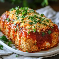- 1 lb ground chicken - 1 cup breadcrumbs (preferably seasoned for extra flavor) - 1/2 cup freshly grated Parmesan cheese - 1/4 cup fresh parsley, finely chopped - 2 cloves garlic, minced - 1/2 small onion, finely diced - 1 large egg, beaten - 2 tablespoons Worcestershire sauce - 1 teaspoon Italian seasoning - Salt and pepper to taste - 1/2 cup marinara sauce (for topping) To make your Garlic Parmesan Chicken Meatloaf, gather these ingredients. Start with one pound of ground chicken. This lean meat gives the loaf a nice texture. Next, grab one cup of breadcrumbs. I prefer seasoned ones for added flavor. Then, you'll need half a cup of freshly grated Parmesan cheese. This cheese adds a rich taste. You also want a quarter cup of fresh parsley, finely chopped. It gives a burst of color and freshness. Don't forget two cloves of garlic, minced, and half a small onion, finely diced. Both ingredients bring strong, tasty notes to the dish. You’ll also need one large egg, beaten. The egg helps bind the meatloaf together. Next, add two tablespoons of Worcestershire sauce. This sauce adds depth and umami to the mix. You'll need one teaspoon of Italian seasoning, along with salt and pepper to taste. These seasonings make the flavors pop. Finally, have half a cup of marinara sauce ready for topping. This keeps your meatloaf moist while baking. Each ingredient plays an important role in making this dish delicious and satisfying. {{ingredient_image_2}} 1. Preheat your oven to 375°F (190°C). This heat cooks the meatloaf evenly. 2. Line a baking sheet with parchment paper. This step helps prevent sticking. 3. In a large bowl, mix the ground chicken, breadcrumbs, Parmesan cheese, parsley, garlic, and onion. 4. Add the beaten egg, Worcestershire sauce, Italian seasoning, salt, and pepper. 5. Combine everything gently. Be careful not to overmix, or the meatloaf may become tough. 6. Shape the mixture into a loaf. Place it on the prepared baking sheet. 1. Spoon the marinara sauce over the top of the meatloaf. This keeps it moist while cooking. 2. Bake the meatloaf for 45-50 minutes. You want a meat thermometer to show 165°F (75°C). 3. After baking, take it out and let it rest for 5-10 minutes. This helps keep the juices in when you slice it. To keep your meatloaf moist, avoid overmixing the ingredients. Mixing too much can make the meatloaf tough. Just blend until everything is combined, and you’ll get a tender result. If you want to switch things up, try different toppings. Instead of marinara sauce, you can use barbecue sauce or a mix of ketchup and mustard. These options add a nice twist to the flavor. For side dishes, I suggest serving roasted vegetables or creamy mashed potatoes. Both pair well with meatloaf and add color to your plate. To make your dish look appealing, garnish with fresh parsley after slicing. It adds a touch of green and enhances the dish's visual appeal. You can also serve it with a side salad for extra crunch and freshness. Pro Tips Use Fresh Ingredients: Fresh garlic and parsley will enhance the flavor of your meatloaf significantly. Always opt for freshly grated Parmesan cheese for the best results. Don’t Overmix: When combining the ingredients, mix just until everything is combined. Overmixing can lead to a dense meatloaf that lacks the desired texture. Resting Time: Allow the meatloaf to rest after baking. This helps the juices redistribute throughout the meatloaf, resulting in a moister final product. Variation with Vegetables: Add finely chopped bell peppers or shredded carrots to the mixture for added moisture and flavor. These additions can also boost the nutritional value of your meatloaf. {{image_4}} You can switch out the ground chicken for other proteins. Ground turkey works well. It has a similar taste and texture. You can also use lean beef or pork if you prefer. Just keep in mind that the flavor will change a bit. For those needing dairy-free options, use nutritional yeast instead of Parmesan. It gives a cheesy flavor without the dairy. You can also use egg replacers like flaxseed meal or applesauce. This keeps your meatloaf moist while making it dairy-free. Adding vegetables can boost flavor and nutrition. Chopped bell peppers or grated carrots mix well. You can also add spinach for extra color and health benefits. Just make sure to chop them finely so they blend into the meatloaf. You can play with seasoning blends too. Try adding smoked paprika for a hint of smokiness. Or mix in some chili flakes for heat. Each of these changes can make your meatloaf unique and tasty. To keep your Garlic Parmesan Chicken Meatloaf fresh, store it in the fridge. Use an airtight container to seal in flavor and moisture. It will stay good for up to three days. If you want to save it longer, freezing is a great option. Wrap the meatloaf tightly in plastic wrap. Then place it in a freezer bag. This method prevents freezer burn. The meatloaf can last up to three months in the freezer. To reheat meatloaf, you have a few methods. The oven is the best way. Preheat it to 350°F (175°C). Place the meatloaf in a baking dish. Cover it with foil to keep it moist. Heat for about 20-25 minutes. You can also use a microwave for quick reheating. Place a slice on a microwave-safe plate. Cover with a damp paper towel. Heat for 1-2 minutes or until warm. To avoid dryness, do not overheat. Always check the temperature. Keep the meatloaf juicy by adding a splash of broth or water when reheating. Bake your Garlic Parmesan Chicken Meatloaf for about 45 to 50 minutes. Use a meat thermometer to check. You want it to reach 165°F (75°C). This ensures the chicken cooks all the way through. Yes, you can make this meatloaf ahead of time. Prepare it, shape it, and cover it. Store it in the fridge for up to 24 hours before baking. This helps the flavors blend well. If you want to freeze it, wrap it tightly and store it for up to three months. Serve Garlic Parmesan Chicken Meatloaf with sides like mashed potatoes or roasted veggies. A fresh salad also works well. For a fun touch, try garlic bread or a warm baguette. These add a nice balance to the dish. This blog post covered a tasty Garlic Parmesan Chicken Meatloaf. We listed the key ingredients, shared step-by-step instructions, and included useful tips for best results. I shared ideas for variations based on your taste. We also discussed how to store leftovers and answered common FAQs. Now you can enjoy a delicious meal. Get creative with flavors and share it with others! Cooking should be fun and satisfying. You can make this recipe your own. Happy cooking!