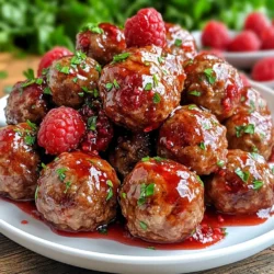 - 1 pound ground beef or turkey - 1/2 cup breadcrumbs - 1/4 cup grated Parmesan cheese - 1 cup fresh raspberries - 1/4 cup honey - 2 tablespoons soy sauce - 1 tablespoon balsamic vinegar - 1 teaspoon cornstarch mixed with 1 tablespoon water - 1/4 cup chopped fresh parsley - 2 teaspoons minced garlic - Salt and pepper to taste Each ingredient plays a key role in creating the flavor and texture of the meatballs. Ground beef or turkey forms the base. The breadcrumbs keep them tender. The Parmesan cheese adds a rich taste. Fresh raspberries give the glaze a sweet and tangy kick. For the glaze, honey balances the tartness of raspberries. Soy sauce adds depth and umami. Balsamic vinegar brings a nice acidity. The cornstarch thickens the glaze, making it cling perfectly to the meatballs. Seasoning is vital. Parsley brightens the dish. Garlic adds a warm, savory flavor. Salt and pepper enhance all the tastes, pulling everything together. Feel free to adjust these ingredients based on your taste. You can swap beef for turkey or add more garlic for a stronger flavor. The key is to enjoy the process and make it your own! {{ingredient_image_2}} 1. Preheating the oven: Start by preheating your oven to 400&deg;F (200&deg;C). This step is key for getting a nice brown on your meatballs. 2. Mixing the ingredients: In a large bowl, combine 1 pound of ground beef or turkey, 1/2 cup of breadcrumbs, and 1/4 cup of grated Parmesan cheese. Add 1/4 cup of chopped fresh parsley, 1 large egg, and 2 teaspoons of minced garlic. Season with salt and pepper to taste. Use your hands or a spoon to mix everything well. Make sure the ingredients are evenly combined. 1. Shaping the meatballs: Now that your mixture is ready, shape it into small meatballs. Aim for about 1 inch in diameter. This size ensures even cooking. Place the meatballs on a baking sheet lined with parchment paper. 2. Baking time and temperature: Slide the baking sheet into the preheated oven. Bake the meatballs for 15-20 minutes. You&rsquo;ll know they&rsquo;re done when they are fully cooked and have a lovely brown color. 1. Cooking the raspberry mixture: While the meatballs bake, prepare the glaze. In a medium saucepan over medium heat, combine 1 cup of fresh raspberries, 1/4 cup of honey, 2 tablespoons of soy sauce, and 1 tablespoon of balsamic vinegar. Stir gently and cook for about 5-7 minutes. You want the raspberries to soften and break down into a sauce. 2. Thickening the glaze: To thicken the glaze, mix 1 teaspoon of cornstarch with 1 tablespoon of water. Add this mixture to the sauce and stir well. Continue to cook for another 2-3 minutes. You&rsquo;ll notice the glaze becoming glossy and slightly thicker. After these steps, your meatballs will be ready to toss in the warm raspberry glaze for a delicious finish! To make great meatballs, you should adjust the cooking time based on size. Smaller meatballs cook faster, while larger ones take longer. Aim for about 15-20 minutes at 400&deg;F (200&deg;C). To keep meatballs moist, don&rsquo;t skip the egg. It binds and adds moisture. Also, avoid overmixing the meat. Use your hands gently to combine the ingredients. This keeps the meatballs tender. For a beautiful presentation, serve the meatballs on a large platter. Drizzle them with extra raspberry glaze for shine. Garnish with fresh raspberries and chopped parsley to add color. Pair your meatballs with rice or mashed potatoes. A fresh salad adds a nice crunch. For a fun twist, serve meatballs in sliders for a tasty snack. Store leftover meatballs in an airtight container in the fridge. They stay good for about three days. You can freeze them for up to three months. Just place them in a freezer-safe bag. When reheating, use the oven for best results. Preheat it to 350&deg;F (175&deg;C) and heat the meatballs for about 10-15 minutes. This keeps them warm and tasty. You can also microwave them, but they may lose some moisture. Pro Tips Use Fresh Raspberries: For the best flavor, opt for fresh raspberries instead of frozen. They provide a vibrant taste and a beautiful color to the glaze. Adjust Sweetness: Taste the raspberry glaze as it cooks and adjust the sweetness by adding more honey if desired, depending on the tartness of the raspberries. Try Different Meats: Feel free to experiment with other ground meats like chicken or pork for a unique flavor profile in your meatballs. Serve with Toothpicks: For a fun appetizer, serve the meatballs with toothpicks for easy eating at parties or gatherings. {{image_4}} You can use different proteins for these meatballs. Ground turkey is a great choice if you want a leaner option. It has a mild flavor that pairs well with the raspberry glaze. Ground beef offers a richer taste and a juicy texture. Both options work well in this recipe. If you're looking for vegetarian alternatives, consider using chickpeas or lentils. These options provide protein and fiber. You can mash them and mix with breadcrumbs and spices to form meatballs. They absorb flavors well and will still taste great with the raspberry glaze. You can play with the raspberry glaze to suit your taste. Adding spices like cayenne pepper or black pepper can give it a nice kick. Fresh herbs like thyme or rosemary can add depth to the flavor. Using fruit preserves or jellies is another fun idea. You can swap out raspberries for apricot, peach, or even strawberry preserves. This gives you a new twist on the classic glaze. Each fruit brings its unique sweetness and flavor to the dish. Pair these meatballs with sides that complement their taste. Rice, mashed potatoes, or a fresh salad work well. You can also serve them with crusty bread to soak up the glaze. Get creative with how you serve them. Try making sliders using mini buns for a fun twist. You can also place the meatballs on skewers for easy eating. These options make your meal more exciting and enjoyable for everyone. To keep your raspberry glazed meatballs fresh, store them properly. First, let the meatballs cool down completely. Place them in an airtight container. You can refrigerate them for up to three days. If you want to keep them longer, freezing is a great choice. Wrap the meatballs tightly in plastic wrap, then place them in a freezer bag. They can last for up to three months in the freezer. The raspberry glaze can also be stored. Keep it in a separate airtight container in the fridge for about one week. If you freeze the glaze, it will stay good for about two months. Just remember to label all containers with dates. Reheating your meatballs is easy. The best method is to use the oven. Set your oven to 350&deg;F (175&deg;C). Place the meatballs on a baking sheet. Cover them with foil to keep them moist. Heat them for about 15 minutes or until warm. If you want to use the microwave, place the meatballs in a microwave-safe dish. Add a splash of water to keep them moist. Heat in short bursts of 30 seconds until hot. Be careful not to overheat, as this can make them tough. Leftover meatballs are a treasure. You can make a variety of meals. Chop them and add to pasta. They work great in a meatball sub, too. Just warm them, add sauce, and pile on cheese. For meal prep, freeze leftover meatballs. They are perfect for quick dinners later. You can take out what you need and reheat them easily. This helps you save time on busy nights. Enjoying meals with leftovers can be both fun and tasty! You can use several alternatives to breadcrumbs in meatballs. Here are a few options: - Oats: Use rolled oats instead of breadcrumbs. - Crushed crackers: They add flavor and crunch. - Grated cheese: Cheese binds the meat and adds taste. - Cooked rice: This option makes meatballs moist. - Ground nuts: They provide a unique flavor and texture. These substitutes work well and keep the meatballs tasty. Yes, you can make the meatballs ahead of time. Here are some tips: - Make and freeze: Shape the meatballs and freeze them on a tray. Once frozen, transfer to a bag. - Chill in the fridge: You can also store shaped meatballs in the fridge for up to a day. - Cook then store: Cooked meatballs can be stored in the fridge for up to three days. Make sure to label your containers or bags with dates. Pairing sides with raspberry glazed meatballs can enhance your meal. Here are some great choices: - Rice: White or brown rice soaks up the glaze well. - Mashed potatoes: A creamy side adds comfort. - Green beans: They add a fresh crunch. - Salad: A light salad balances the rich meatballs. - Crusty bread: This is perfect for dipping into the sauce. These sides complement the sweet and savory flavors beautifully. Raspberry glazed meatballs offer a fun twist on a classic dish. We covered the main ingredients, from ground meat to fresh raspberries. I shared how to create a tasty glaze and tips for perfect meatballs. You can even store leftovers and use them in new ways. Try different proteins and fresh flavors to make this dish your own. Now, you can impress your family and friends with this easy, delicious recipe!