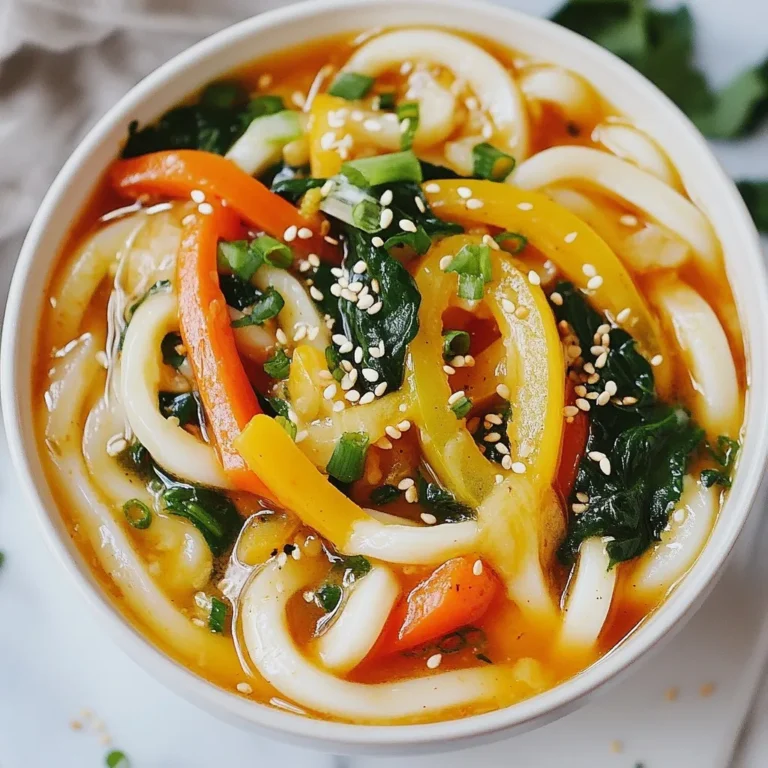 - 300g udon noodles - 1 tablespoon gochujang - 200ml coconut milk - 1 cup fresh spinach - 1 large carrot, julienned - 1 bell pepper, thinly sliced Udon noodles are thick and chewy. They add a great texture. Gochujang is a spicy Korean paste. It gives the dish a warm kick. Coconut milk adds creaminess and sweetness. Fresh veggies like spinach, carrot, and bell pepper add color and crunch. - 1 tablespoon olive oil - 1 tablespoon soy sauce - 1 teaspoon sesame oil - 1 tablespoon honey or maple syrup These staples bring flavor to the dish. Olive oil helps cook the veggies. Soy sauce adds saltiness. Sesame oil gives a nutty taste. Honey or maple syrup balances the heat from gochujang. - Sesame seeds - Chopped green onions Garnishes make your dish look pretty. Sesame seeds add a nice crunch. Chopped green onions give a fresh taste. They also add a pop of color. Enjoying this dish with garnishes makes each bite special! {{ingredient_image_2}} To start, take a large pot and fill it with water. Bring the water to a rolling boil. Add 300g of udon noodles to the pot. Cook them according to the package instructions until they are al dente. This usually takes around 8-10 minutes. Once done, drain the noodles in a colander and set them aside. This step is key for getting the right texture. Next, grab a large frying pan or wok. Heat 1 tablespoon of olive oil over medium heat. Once hot, add 1 small onion, thinly sliced. Sauté it for about 3-4 minutes until it becomes soft and translucent. Then, stir in 2 cloves of minced garlic and cook for another minute. You want that garlic to smell amazing! Now, raise the heat slightly. Add 1 large carrot, julienned, and 1 sliced bell pepper. Stir-fry these for about 5 minutes. You want them to soften a bit but still stay crisp. Finally, toss in 1 cup of fresh spinach. Cook for about 2 minutes until it wilts down and blends with the other veggies. While the veggies cook, let’s make the creamy sauce. In a small bowl, whisk together 1 tablespoon of gochujang, 200ml of coconut milk, 1 tablespoon of soy sauce, 1 teaspoon of sesame oil, and 1 tablespoon of honey or maple syrup. Mix until smooth. This sauce adds a rich flavor that makes the dish special. Pour this creamy sauce over the sautéed vegetables in the pan. Mix well and let it heat for about 2 minutes. This helps all the flavors come together. Now, gently add the cooked udon noodles to the pan. Toss everything together until the noodles are well coated. Heat for another 2-3 minutes. Taste and adjust with salt and freshly ground black pepper to your liking. Once everything is hot and mixed, you are ready to serve your creamy gochujang udon. To get the best udon noodles, boil them in salted water. Cook them until they are al dente, which means they should have a slight bite. This usually takes about 8-10 minutes. Drain them well, so they don’t get mushy. For the veggies, cook the onion and garlic until soft. Stir-fry the carrots and bell peppers until they are tender but still crisp. This keeps everything fresh and flavorful. Gochujang can be spicy. If you want less heat, start with just a small spoon, about half a tablespoon. Taste the sauce before adding more. You can always add more later, but you can't take it out once it's in. If it gets too spicy, mix in a little more coconut milk to cool it down. To boost the flavor, try adding fresh herbs like cilantro or basil. These herbs can add brightness to the dish. You can also sprinkle in some garlic powder or ginger for extra depth. A squeeze of lime juice just before serving adds a nice zing. Enjoy experimenting with these ideas for a unique twist! Pro Tips Choose Your Noodles Wisely: For this dish, fresh udon noodles are recommended for the best texture, but dried udon noodles work well too; just ensure they are cooked al dente. Customize the Spice Level: If you prefer a milder dish, start with less gochujang and gradually add more to taste as you mix the sauce. Incorporate Protein: For added nutrition, consider adding tofu, shrimp, or chicken to the stir-fry for a heartier meal. Make it Vegan: To keep the recipe vegan, substitute honey with maple syrup and ensure any added proteins are plant-based. {{image_4}} You can add protein to your creamy gochujang udon for a heartier meal. Here are a few ideas: - Chicken: Use cooked, shredded chicken. It adds a nice texture and taste. - Tofu: Firm tofu works well. Cube it and sauté until golden. - Shrimp: Add shrimp for a seafood twist. Cook them until pink and tender. These proteins blend well with the creamy sauce and enhance the dish. They also make it more filling. Seasonal vegetables can change the flavor profile of your dish. Here are some great swaps: - Zucchini: It has a mild taste and adds a nice crunch. - Mushrooms: They give a rich, earthy flavor. Try shiitake or button mushrooms. - Broccoli: This adds a pop of color and extra nutrients. Feel free to mix and match based on what’s fresh or available. This keeps your dish interesting and varied. You can easily adjust this recipe for different diets: - Gluten-Free: Use gluten-free udon noodles or rice noodles instead. - Vegan: Replace honey with maple syrup and choose plant-based protein like tofu. - Nut-Free: Ensure your gochujang has no nuts if allergies are a concern. These adjustments make the dish accessible for everyone. Enjoy the creamy goodness while meeting your dietary needs. To keep your creamy gochujang udon fresh, place it in an airtight container. Let the dish cool before sealing. Store it in the fridge for up to three days. When you're ready to eat, reheat it on the stove over low heat. Add a splash of water or coconut milk to keep it creamy and prevent sticking. You can freeze the creamy gochujang udon for later. First, let it cool completely. Then, portion it into freezer-safe bags or containers. Remove as much air as possible to prevent freezer burn. It will stay good for up to three months. When you're ready to eat, thaw it in the fridge overnight. Reheat it gently on the stove, adding a bit of liquid if needed. In the fridge, creamy gochujang udon lasts about three days. After that, the taste and texture may change. Always check for signs of spoilage, like an off smell or strange texture, before enjoying your leftovers. Gochujang is a Korean chili paste made from red chili powder, glutinous rice, fermented soybeans, and salt. It has a thick texture and a deep red color. The flavor is both spicy and sweet, with a hint of umami. This paste adds a unique taste to dishes like our creamy gochujang udon. When you use gochujang, you bring warmth and depth to your meal. Yes, you can swap udon noodles for other types. Here are a few options: - Soba noodles: These are buckwheat noodles with a nutty flavor. - Rice noodles: Light and gluten-free, they work well in stir-fries. - Spaghetti: A common choice, though it changes the dish's feel. Each option will alter the flavor and texture a bit. Udon noodles are thick and chewy, while rice noodles are softer. Choose what you like best! To adjust the spice level, you can try these tips: - For spicier: Add more gochujang or some red pepper flakes. - For milder: Use less gochujang or mix in some extra coconut milk. Taste as you go to find the perfect heat for you. Cooking should be fun and tailored to your taste! This blog post covered how to make creamy gochujang udon. You learned about the main ingredients like udon noodles, gochujang, and fresh veggies. We also explored pantry staples and fun garnishes. I shared step-by-step cooking tips. You received helpful advice for texture and spice levels. Remember, you can add protein or swap in seasonal vegetables. With careful storage, your leftovers can last longer. Enjoy experimenting with flavors and making this dish your own!