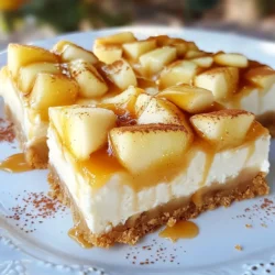To make these caramel apple cheesecake bars, you need some simple ingredients. Here&rsquo;s a list of what you will need: - 1 &frac12; cups graham cracker crumbs - &frac12; cup unsalted butter, melted - 2 tablespoons granulated sugar - 2 (8 oz) packages cream cheese, softened to room temperature - &frac34; cup packed brown sugar - 2 large eggs, at room temperature - 1 teaspoon pure vanilla extract - 2 cups apples, peeled and diced (about 2 medium apples) - 1 teaspoon ground cinnamon - &frac12; cup caramel sauce (store-bought or homemade) - Optional toppings: additional caramel sauce, whipped cream Each ingredient plays a key role in the final taste and texture. The graham cracker crumbs create a buttery crust. The cream cheese gives the bars their rich, creamy filling. Using fresh apples adds a nice crunch and sweetness. The spices, like cinnamon, enhance the flavors. And who can resist the sweet caramel drizzle on top? Make sure your cream cheese is soft. This helps it blend smoothly. Room temperature eggs also mix better, making your filling light and fluffy. Gather these ingredients, and you're ready to create a dessert that is sure to impress! {{ingredient_image_2}} - Set the oven to 325&deg;F (160&deg;C). - Line a 9x9-inch baking pan with parchment paper. - Combine 1 &frac12; cups graham cracker crumbs, &frac12; cup melted unsalted butter, and 2 tablespoons granulated sugar. - Press the mixture into the baking pan and bake for 10 minutes. - Beat 2 packages of cream cheese until smooth. - Gradually add &frac34; cup packed brown sugar. - Add 2 large eggs one at a time, mixing well after each. - Pour in 1 teaspoon of pure vanilla extract and mix until smooth. - Toss 2 cups of peeled and diced apples with 1 teaspoon ground cinnamon. - Fold the apple mixture into the cheesecake filling. - Pour the cheesecake-apple mixture over the crust and drizzle &frac12; cup caramel sauce on top. - Bake for 40-45 minutes. The edges should set, but the center will jiggle. - Cool in the oven for 30 minutes with the door slightly open. - Let the cheesecake bars reach room temperature. - Chill in the refrigerator for at least 4 hours or overnight for best texture. - Lift the cheesecake bars out using the parchment paper. - Cut into squares and serve with optional caramel sauce and whipped cream. To get the best texture, use room temperature ingredients. When your cream cheese and eggs are warm, they mix well. This helps create a smooth filling. Next, let your cheesecake bars cool slowly. After baking, crack the oven door. This allows the bars to cool gradually for about 30 minutes. Then, let them reach room temperature before chilling in the fridge. This step is key for a creamy, dreamy texture! When serving, these bars shine at gatherings. Cut them into small squares for easy sharing. You can drizzle caramel sauce on top. A dollop of whipped cream adds a fun touch. For a special look, add a sprinkle of chopped nuts or a cinnamon stick. This simple garnish elevates your dessert game! One common mistake is overmixing the filling. Mix just until smooth. Too much mixing can add air and cause cracks. Another mistake is not letting the bars cool enough. Always allow them to cool completely before slicing. This will keep the bars firm and beautiful. Pro Tips Use Room Temperature Ingredients: Ensure that your cream cheese and eggs are at room temperature before mixing. This helps achieve a smoother cheesecake filling without lumps. Choose the Right Apples: For the best flavor and texture, use a mix of sweet and tart apples, such as Granny Smith and Honeycrisp, to balance the richness of the cheesecake. Don&rsquo;t Overbake: Keep an eye on your cheesecake bars while baking. They should be set around the edges but still have a slight jiggle in the center for a creamy texture. Chill Before Serving: Allow the cheesecake bars to chill in the refrigerator for at least 4 hours, or overnight, to enhance their flavor and make them easier to cut. {{image_4}} You can make your caramel apple cheesecake bars even better by adding nuts. Walnuts or pecans give a nice crunch. Just chop them up and mix them in with the apples. You can also try other fruits. Pears or peaches can add a new flavor twist. Just make sure to peel and dice them like the apples. If you want to change the crust, try using Oreo or cookie crusts. These will give a chocolatey flavor that pairs well with the apples. You can also make it gluten-free. Use almond flour instead of graham cracker crumbs. Mix it with melted butter and sugar for a tasty base. If you want a vegan option, there are great substitutes for cream cheese. You can use cashew cream or coconut cream instead. For eggs, try flax eggs or applesauce. Each option will keep the bars creamy and delicious without dairy. To keep your caramel apple cheesecake bars fresh, you should store them in the fridge. Place the bars in an airtight container or cover them tightly with plastic wrap. This method helps to maintain their creamy texture and rich flavor. If you want to enjoy them later, you can freeze them for longer storage. Wrap each piece in plastic wrap and then place them in a freezer bag. This keeps them safe from freezer burn. When stored in the fridge, your cheesecake bars can last for about 5 to 7 days. Make sure to check for any signs of spoilage before enjoying them. If you freeze the bars, they can last for up to three months. To thaw frozen bars, simply place them in the fridge overnight. This slow thaw helps them keep their creamy texture. Avoid thawing in the microwave, as this can change the consistency of the cheesecake. Yes, you can make these bars ahead. They taste even better the next day. Prepare them, cool, and chill them in the fridge. This way, flavors blend well. Just slice and serve when you're ready. I love using Granny Smith apples. They add a nice tartness that balances the sweet cream cheese. Honeycrisp apples also work well for their sweetness and crunch. You can mix different types for a fun twist. Absolutely! Store-bought caramel sauce saves time and is convenient. Just pour it over your bars as you would with homemade. Look for a good brand that has a rich flavor for the best results. Check the edges of the bars. They should look set, but the center should jiggle slightly. This jiggle means the filling is still creamy. If the edges crack, they are likely overbaked. Yes, refrigerating helps the bars firm up. It also enhances the flavors. Chill them for at least four hours, or overnight for the best texture. This way, they slice neatly and taste delightful. This recipe for Caramel Apple Cheesecake Bars offers a delicious mix of flavors. You&rsquo;ve learned about essential ingredients, easy steps, and handy tips for the best results. Remember to use room temperature ingredients for smooth texture and avoid overmixing. You can also get creative with flavors or storage options. Enjoy these treats at your next gathering, and don&rsquo;t forget to personalize them! Now it&rsquo;s time to bake and savor every bite of your tasty creation.