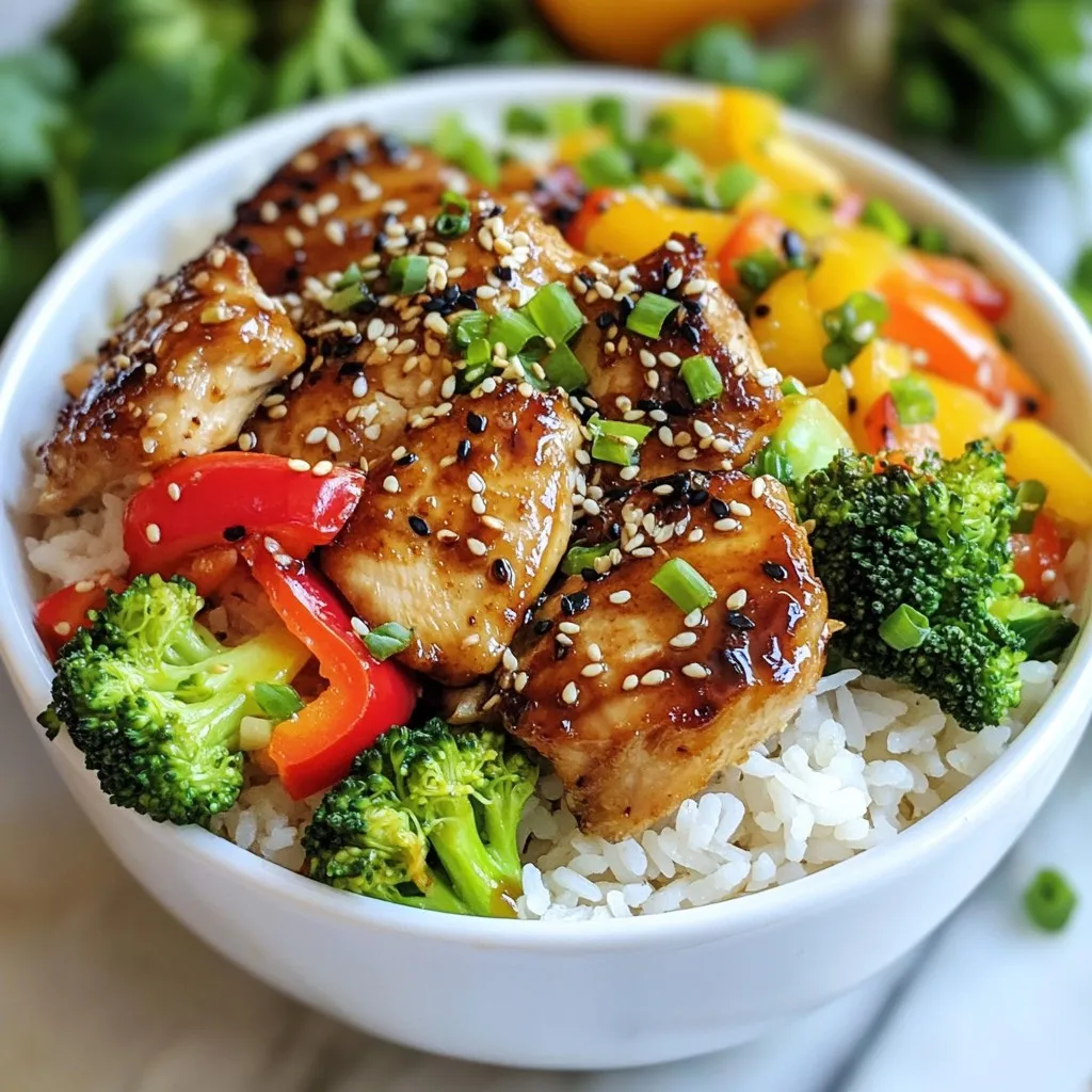 - 2 cups jasmine rice - 1 pound boneless, skinless chicken thighs, cut into bite-sized pieces - 3 tablespoons soy sauce - 2 tablespoons honey - 3 cloves garlic, finely minced - 1 tablespoon fresh ginger, grated - 1 cup broccoli florets - 1 cup assorted bell peppers, sliced (any color) - 2 green onions, thinly sliced Gathering these ingredients is easy. You can find jasmine rice at most stores. Boneless, skinless chicken thighs are juicy and cook quickly. The marinade adds a sweet and savory taste. Soy sauce brings depth, while honey adds a nice touch of sweetness. Fresh garlic and ginger give the dish its character. For the veggies, broccoli adds crunch, and bell peppers bring color. Green onions are a great garnish and add mild flavor. These ingredients come together to create a flavorful, filling meal. You can adjust the veggies based on what you have at home. This dish is versatile and can cater to your taste. {{ingredient_image_2}} First, rinse the jasmine rice. Place it in a fine-mesh sieve and run cold water over it. Keep rinsing until the water runs clear. This step removes excess starch and keeps the rice fluffy. Next, cook the rice according to the package instructions. Usually, use a ratio of 1 cup rice to 1.5 cups water. Bring the water to a boil, then lower the heat. Cover and let it simmer until all the water absorbs. Fluff the rice gently with a fork and set it aside to keep warm. In a medium bowl, mix the marinade ingredients. Combine soy sauce, honey, minced garlic, and grated ginger. Whisk until well combined. Add the bite-sized chicken pieces, making sure they are fully coated. Cover the bowl and let it sit at room temperature. Aim for a soaking time of 15-30 minutes. This step lets the flavors soak into the chicken. Heat a large skillet over medium-high heat. Add vegetable oil when the skillet is hot. Once the oil shimmers, add the marinated chicken pieces. Spread them out in a single layer for even cooking. Sauté the chicken for about 5-7 minutes. Cook until the pieces turn golden brown and are cooked through. Remove the chicken from the skillet and place it on a plate. Cover it to keep warm while cooking the vegetables. In the same skillet, add sesame oil. Let it heat up before adding the vegetables. Toss in broccoli florets and sliced bell peppers. Sauté these veggies for about 4-5 minutes. You want them tender but still crisp. Season with salt and black pepper to taste during cooking. This enhances the flavors and adds a nice kick. Return the cooked chicken to the skillet with the sautéed vegetables. Toss everything together well. Allow it to cook for an additional 2-3 minutes. This step helps to meld the flavors of the chicken and vegetables, making every bite delicious. To serve, start with a generous scoop of fluffy jasmine rice in each bowl. Top the rice with the savory chicken and vegetable mix. For a great finish, sprinkle sliced green onions on top. Add a few sesame seeds for extra crunch and flavor. This will make your meal look vibrant and appetizing. To make the best jasmine rice, use the right water ratio. A good rule is 1 cup of rice to 1.5 cups of water. This mix helps the rice cook fully and stay fluffy. Cooking time is usually around 15-20 minutes. Once the rice is done, fluff it with a fork. This breaks up clumps and makes it light. To boost flavor, consider adding spices like red pepper flakes or black pepper. A splash of rice vinegar or lime juice can also brighten the dish. You can adjust sweetness by adding more honey or a dash of brown sugar. If it’s too sweet, add a pinch of salt or more soy sauce. Balance is key for great flavor. To check chicken doneness, use a meat thermometer. The internal temperature should reach 165°F. If you don’t have one, cut a piece open. The meat should be white, with no pink. For vegetables, aim for a tender-crisp texture. They should be bright and colorful, not mushy. This keeps the dish fresh and appealing. Pro Tips Marinating Time: Allow the chicken to marinate for the full 30 minutes if possible; this enhances the flavor significantly. Cooking Chicken: Ensure the chicken is in a single layer in the skillet for even cooking and browning. Vegetable Crispness: Avoid overcooking the vegetables; they should be tender but still crisp for the best texture. Rice Fluffing: Fluff the rice gently with a fork after cooking to keep the grains separate and light. {{image_4}} You can easily swap out chicken for other proteins. Tofu is a great choice for a plant-based meal. Just make sure you press it to remove water before marinating. For shrimp lovers, use peeled and deveined shrimp. Cook them for just 3-4 minutes until they turn pink. Each protein brings a unique taste and texture. You can add many different vegetables to your rice bowl. Try using snap peas or carrots for a crunchy bite. Zucchini or mushrooms can also work well, giving a nice earthy flavor. Always choose seasonal veggies to enhance freshness. For summer, add fresh corn or cherry tomatoes. In fall, consider using roasted butternut squash. You can use an Instant Pot for a quick meal. Just combine the rice, water, and seasonings in the pot. Cook on high pressure for 4 minutes, then let it release naturally. If you prefer oven-baked chicken, season it and place it in a baking dish. Bake at 400°F for about 25-30 minutes. Both methods can save you time while keeping the dish tasty. To keep your Soy Garlic Chicken Rice Bowls fresh, store them in an airtight container. Place the bowls in the fridge. They will stay good for about three to four days. Make sure to cool them down before sealing the container. This helps reduce moisture and keeps the food safe. When you are ready to enjoy the leftovers, you can reheat them easily. The stovetop method works best. Just place the rice bowl in a skillet over medium heat. Stir occasionally to warm everything evenly. If you use a microwave, cover the bowl with a microwave-safe lid. Heat it in short bursts, stirring in between. This way, you keep the chicken juicy and the veggies crisp. To freeze the Soy Garlic Chicken Rice Bowls, follow these steps: 1. Let the dish cool to room temperature. 2. Divide the food into portions for easy thawing later. 3. Place the portions in freezer-safe bags or containers. Squeeze out as much air as possible before sealing. 4. Label the bags with the date and type of dish. When you're ready to eat, take a bowl out of the freezer. Thaw it in the fridge overnight. To reheat, follow the same stovetop or microwave tips mentioned earlier. Enjoy your meal just as tasty as the first time! Yes, you can make Soy Garlic Chicken Rice Bowls gluten-free. Just swap regular soy sauce for gluten-free soy sauce. Look for tamari, a type of soy sauce that is often gluten-free. It offers the same rich flavor without the gluten. Check the label to be sure it meets your needs. To change the heat level, you can add or reduce spice. For more heat, add red pepper flakes or sliced fresh chili. You can also use sriracha in the marinade for a kick. If you prefer less heat, skip the spicy additions. You can also balance spice with a bit of honey. These bowls pair well with many sides. Try a simple cucumber salad for crunch. Steamed edamame adds a nice touch too. You could also serve it with spring rolls for a light appetizer. Each of these sides complements the flavors in the rice bowls. You can store these bowls in the fridge for about 3 to 4 days. Make sure to keep the chicken and rice in airtight containers. This will help maintain their freshness. If you see any changes in smell or texture, it’s best to toss it. Yes, you can prep this meal ahead. Marinate the chicken up to 24 hours in advance. Cook the rice and veggies a few hours before serving. Store everything separately to keep it fresh. When you’re ready, just combine and heat them up for a quick meal. In this blog post, we explored how to make delicious Soy Garlic Chicken Rice Bowls. We covered essential ingredients like jasmine rice, chicken thighs, and a tasty marinade. You learned step-by-step instructions to prepare the dish, enhance flavors, and store leftovers properly. Using the tips and variations, you can customize and enjoy this meal any time. Cooking can be fun and easy. Try this recipe to impress your family and friends. Happy cooking!