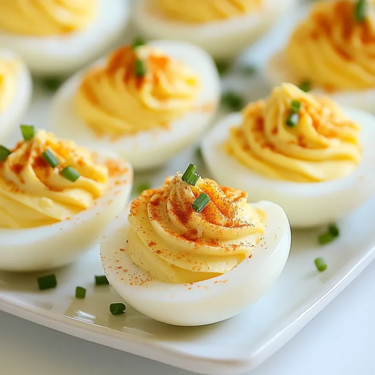- 6 large eggs - 3 tablespoons creamy mayonnaise - 1 tablespoon Dijon mustard - 1 tablespoon apple cider vinegar - 1 teaspoon garlic powder - 1 teaspoon smoked paprika - 2 tablespoons crumbled blue cheese - 2 tablespoons finely chopped chives - Salt and freshly ground black pepper - Optional: Extra crumbled blue cheese and chopped chives for garnish These ingredients create a rich and tasty filling for your deviled eggs. The blue cheese adds a sharp flavor that pairs well with the creamy mayonnaise. Dijon mustard gives a slight tang, and the apple cider vinegar brightens the mix. Garlic powder and smoked paprika provide depth. You can adjust the seasonings to match your taste. If you love heat, add a dash of hot sauce. Prefer a milder taste? Use less mustard or skip the paprika. You can also try different types of cheese, like feta or cheddar, for a unique twist. For garnish, sprinkle extra cheese and chopped chives on top. This not only looks nice but adds more flavor. The bright green chives contrast well with the creamy filling. Gather these ingredients, and you’re ready to make your million dollar deviled eggs! {{ingredient_image_2}} To start, take 6 large eggs and place them in a single layer in a saucepan. Cover the eggs with cold water, ensuring about an inch of water is above them. Heat the pan over medium-high heat until the water boils. Once you see a rolling boil, cover the pot and remove it from heat. Let the eggs sit covered for 12 minutes. This step cooks the eggs perfectly. Once the time is up, it’s time to cool the eggs. You can transfer them to an ice bath, which is just a bowl of icy water, or hold them under cold running water. This stops the cooking process and makes peeling easier. Peel each egg under running water. Doing this helps get rid of the shells smoothly. Next, slice each egg in half lengthwise. With a small spoon, carefully scoop out the yolks into a mixing bowl, making sure the egg whites stay intact. Arrange the egg whites on a serving platter. This makes for a pretty presentation. Now, it’s time to make the filling. Add the yolks to the mixing bowl along with 3 tablespoons of creamy mayonnaise, 1 tablespoon of Dijon mustard, 1 tablespoon of apple cider vinegar, 1 teaspoon of garlic powder, 1 teaspoon of smoked paprika, and 2 tablespoons of crumbled blue cheese. Use a fork to mash everything together until smooth. Taste the mix and add salt and freshly ground black pepper to your liking. For a fancy touch, fill the egg whites with the yolk mixture. You can use a piping bag or a zip-top bag with a corner snipped off. Pipe the filling into each egg white half, forming a nice dome on top. This makes them look gourmet. Finally, for added flavor and flair, sprinkle extra crumbled blue cheese and finely chopped chives on top of each filled egg. Then, place the deviled eggs in the fridge for at least 30 minutes before serving. Chilling helps the flavors come together and makes them even more delicious. To make great deviled eggs, you need to boil them right. Here are simple steps: - Cooking time: Boil large eggs for 12 minutes for a firm yolk. - Ice bath: After boiling, place eggs in a bowl of ice water. This stops cooking. It also helps the shells come off easily. Want to make your filling even better? Here are some ideas: - Alternative ingredients: Swap blue cheese for feta or goat cheese. This changes the taste a lot. - Seasoning options: Add a dash of hot sauce or a sprinkle of herbs like dill. These add great flavors too. How you serve these eggs matters! Here are fun ways to plate them: - Creative plating: Use a colorful platter or a fun plate. Arrange the eggs in a circle or in rows. - Garnishing ideas: Top each egg with extra blue cheese or chives. You can even add a slice of olive for a twist. These small touches make your dish look fancy. Pro Tips Perfectly Boiled Eggs: For easy peeling, use eggs that are at least a week old. Fresher eggs tend to stick to the shell, making them harder to peel. Flavor Variations: Experiment with different herbs and spices in your filling. A dash of hot sauce or a sprinkle of curry powder can elevate the flavor profile. Presentation Matters: Use a piping bag to fill the egg whites for a professional look. If you don't have one, a zip-top bag with the corner snipped will work just as well. Chill Time: Allowing the deviled eggs to chill for at least 30 minutes enhances the flavors. This step is crucial for achieving the best taste! {{image_4}} You can spice up your Million Dollar Deviled Eggs with sriracha. Just mix in a bit for a kick. It adds heat and flavor. For a fresh twist, try herbs like dill or basil. These herbs brighten the eggs and enhance the taste. You can experiment and find your favorite combo. If you're vegan, swap out the mayonnaise. Use mashed avocado or a vegan mayo instead. Both options keep your filling creamy and delicious. For those with allergies, choose egg-free mayonnaise or yogurt. These options can help everyone enjoy this tasty treat. Want to make your deviled eggs stand out? Add a drizzle of truffle oil for a rich flavor. A small amount goes a long way. You can also use caviar as a fancy topping. It adds a unique touch and elevates the dish. Flavored mayonnaises can also change the game. Consider garlic, chipotle, or herb-infused options for a twist. These additions keep your Million Dollar Deviled Eggs exciting and fresh each time. To keep your deviled eggs fresh, store them in the fridge. Place them in an airtight container. This helps prevent them from drying out. Deviled eggs can stay fresh for up to 2 days in the fridge. Be sure to keep them covered to avoid absorbing other food odors. I don’t recommend freezing filled deviled eggs. The texture of the filling can change when frozen. However, you can freeze just the egg whites. To do this, fill each egg white with the yolk mixture. Then, place them in a single layer on a baking sheet. After they freeze, transfer them to a freezer-safe bag. To defrost, simply move the egg whites to the fridge overnight. Once thawed, reassemble the eggs by adding your filling. Garnish as desired, and enjoy your tasty treat! To boil eggs for deviled eggs, I suggest 12 minutes. Start by placing the eggs in a pan. Cover them with cold water, an inch above the eggs. Heat the pan on medium-high until the water boils. Cover the pan and take it off the heat. Let the eggs sit for 12 minutes. This method gives you a nice, firm yolk without being overcooked. Yes, you can use other cheeses if you prefer. Creamy cheeses like goat cheese or feta work well. You can also try cheddar for a sharp flavor. Just choose a cheese that you enjoy. This way, you can make the deviled eggs your own. You can prepare deviled eggs a day ahead. Just store them in the fridge. Cover them tightly with plastic wrap. This keeps them fresh and tasty. If you want the best flavor, chill them for at least 30 minutes before serving. Deviled eggs date back to ancient times. The Romans enjoyed stuffed eggs with spices. The name "deviled" came later in the 18th century. It described spicy dishes. Today, deviled eggs are popular at parties and picnics. They symbolize fun and sharing, making them a classic dish in many cultures. In this guide, we explored how to make delicious deviled eggs. We discussed the key ingredients, step-by-step instructions, and useful tips. You learned about variations for different taste preferences and how to store them for freshness. Deviled eggs are versatile and easy to adapt. Try new flavors or toppings to impress your guests. Remember, practice makes perfect. Enjoy the process and share these tasty bites at your next gathering!