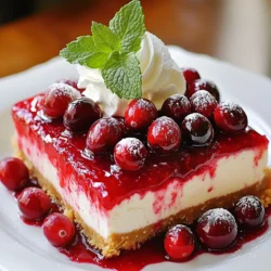 - 1 ½ cups graham cracker crumbs - ½ cup unsalted butter, melted - 2 cups cream cheese, softened - 1 cup granulated sugar - 1 teaspoon vanilla extract - 3 large eggs - 1 cup sour cream - 1 ½ cups fresh cranberries - ½ cup sugar (for cranberry topping) - 2 tablespoons water - Zest of 1 orange You can adjust the recipe for half or quarter servings. For half, use ¾ cup of graham crumbs, ¼ cup of butter, and 1 cup of cream cheese. For quarter servings, use ⅜ cup of graham crumbs and 2 tablespoons of butter. If you have common allergens, here are some substitutions: - For a gluten-free crust, use gluten-free graham cracker crumbs. - Use dairy-free cream cheese for a dairy-free option. When it comes to sweeteners, you can use honey or maple syrup instead of granulated sugar. Just remember to adjust the amount since these sweeteners are liquid. Use ⅓ cup of honey in place of 1 cup of sugar. {{ingredient_image_2}} - Preheat the oven to 325°F (160°C). - Grease a 9-inch springform pan with butter or non-stick spray. - In a bowl, mix 1 ½ cups of graham cracker crumbs with ½ cup of melted butter. - Stir until it looks like wet sand. - Press the mixture into the bottom of the springform pan. - Bake for 10 minutes, then let it cool completely. - In a large bowl, beat 2 cups of softened cream cheese with 1 cup of sugar until smooth. - Add 3 large eggs, one at a time, mixing well after each. - Blend in 1 cup of sour cream. - Gently fold in the zest of 1 orange for a fresh taste. - Pour the cheesecake batter over the cooled crust. - Bake for 50-60 minutes. The edges should be set, and the center slightly jiggly. - Turn off the oven and crack the door slightly. Allow the cheesecake to cool for 1 hour in the oven. - In a small saucepan, combine 1 ½ cups of fresh cranberries, ½ cup of sugar, and 2 tablespoons of water. - Cook over medium heat, stirring often, until the cranberries burst, about 8-10 minutes. - Remove from heat and let it cool to room temperature. - Once the cheesecake is cool, spread the cranberry topping over it. - Chill the cheesecake for at least 4 hours, or overnight for best results. - For serving, top each slice with whipped cream and a sprig of mint. To avoid cracks in your cheesecake, follow a few key steps. First, always mix the batter gently. Avoid overmixing after adding eggs. This keeps air out and prevents cracks. Second, use room temperature ingredients. Cold cream cheese does not blend well. It can lead to lumps and cracks. When baking, check the cheesecake near the end. The edges should look set, but the center can jiggle slightly. Garnish your cheesecake with fresh mint or a dollop of whipped cream. You can also sprinkle extra cranberries on top. This adds color and flavor. For beverages, coffee or tea pair well with the cheesecake. A rich cup of coffee balances the sweet tartness of cranberries. This dessert works for many occasions. Serve it at family gatherings or holiday parties. For storage, keep your cheesecake in the fridge. Use an airtight container to keep it fresh. If you have leftovers, you can freeze them. Wrap the cheesecake tightly in plastic wrap. Then, place it in a freezer bag. To reheat, let it thaw in the fridge overnight. Avoid using the microwave, as it can change the texture. Enjoy your cheesecake even after freezing! Pro Tips Use Room Temperature Ingredients: Ensuring your cream cheese and eggs are at room temperature will help achieve a smoother batter, making it easier to blend and reducing the risk of lumps. Cool Gradually: Allowing the cheesecake to cool in the oven with the door ajar prevents sudden temperature changes that can cause cracks on the surface. Experiment with Flavors: While orange zest complements cranberries beautifully, feel free to experiment with other citrus zests like lemon or lime for a different flavor profile. Chill Before Serving: Always refrigerate the cheesecake for at least 4 hours or overnight to ensure it sets properly, enhancing its texture and flavor. {{image_4}} You can easily change the flavor of your cranberry cheesecake. Try adding chocolate or caramel layers. This gives a rich twist. You can also top it with other fruits, like strawberries or blueberries. They add freshness and color. Consider using flavored extracts, too. Almond or coconut extracts can enhance your cheesecake’s taste. Switching up the crust can add new flavors. An Oreo cookie crust brings a fun twist. If you need gluten-free options, use gluten-free graham crackers. You can even try a no-bake cheesecake base. Just mix crushed cookies with melted butter and press it into the pan. Want a lighter dessert? Reduce the sugar content for a healthier choice. You can also use low-fat cream cheese. It keeps the creaminess while cutting calories. Adding Greek yogurt is another great option. It adds protein and tang without losing flavor. You can store the cheesecake in the fridge for up to five days. Use an airtight container to keep it fresh. This way, you ensure it stays moist and delicious. I recommend placing a piece of wax paper under the lid to prevent any moisture buildup. If you want to freeze it, wrap it well. Use plastic wrap, then place it in a freezer-safe container. This protects it from freezer burn. The cheesecake can stay frozen for up to three months and still taste great. To thaw your cheesecake, move it to the fridge for several hours. This method keeps the texture smooth. After thawing, check for quality. If it feels too soft or watery, it might not be good to eat. Always trust your senses when checking food quality. Yes, you can make this cheesecake a day in advance. It tastes even better after chilling. I suggest chilling it for at least 4 hours. For the best results, chill it overnight. This lets the flavors blend well and gives a firmer texture. If you need a substitute for sour cream, try these options: - Greek yogurt - Plain yogurt - Cream cheese (softened) - Buttermilk Each option brings a unique flavor but keeps the cheesecake creamy. To stop your cheesecake from cracking: - Avoid overmixing the batter. - Use room temperature ingredients. - Bake in a water bath. - Let it cool slowly in the oven. These steps help create a smooth, creamy texture without cracks. Yes, you can use frozen cranberries. They work well in the topping. Just remember, frozen cranberries may be a bit softer. This can change the texture slightly. The flavor stays bright and tart, just like fresh ones. If your cheesecake is too dense, try these tips: - Use less cream cheese. - Add an extra egg for lightness. - Blend the mixture more gently. These adjustments can help create a lighter, fluffier cheesecake that melts in your mouth. This blog post covered everything you need to know about making a delicious cheesecake. We discussed the key ingredients, detailed step-by-step instructions, and shared helpful tips for the best results. You learned about variations and how to store your cheesecake properly. With this knowledge, you can create delightful cheesecakes for any occasion. Use these tips to impress friends and family with your baking skills. Enjoy your cheesecake journey!