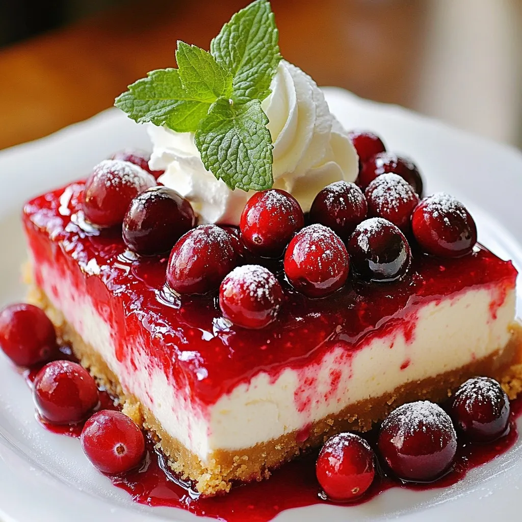 - 1 ½ cups graham cracker crumbs - ½ cup unsalted butter, melted - 2 cups cream cheese, softened - 1 cup granulated sugar - 1 teaspoon vanilla extract - 3 large eggs - 1 cup sour cream - 1 ½ cups fresh cranberries - ½ cup sugar (for cranberry topping) - 2 tablespoons water - Zest of 1 orange You can adjust the recipe for half or quarter servings. For half, use ¾ cup of graham crumbs, ¼ cup of butter, and 1 cup of cream cheese. For quarter servings, use ⅜ cup of graham crumbs and 2 tablespoons of butter. If you have common allergens, here are some substitutions: - For a gluten-free crust, use gluten-free graham cracker crumbs. - Use dairy-free cream cheese for a dairy-free option. When it comes to sweeteners, you can use honey or maple syrup instead of granulated sugar. Just remember to adjust the amount since these sweeteners are liquid. Use ⅓ cup of honey in place of 1 cup of sugar. {{ingredient_image_2}} - Preheat the oven to 325°F (160°C). - Grease a 9-inch springform pan with butter or non-stick spray. - In a bowl, mix 1 ½ cups of graham cracker crumbs with ½ cup of melted butter. - Stir until it looks like wet sand. - Press the mixture into the bottom of the springform pan. - Bake for 10 minutes, then let it cool completely. - In a large bowl, beat 2 cups of softened cream cheese with 1 cup of sugar until smooth. - Add 3 large eggs, one at a time, mixing well after each. - Blend in 1 cup of sour cream. - Gently fold in the zest of 1 orange for a fresh taste. - Pour the cheesecake batter over the cooled crust. - Bake for 50-60 minutes. The edges should be set, and the center slightly jiggly. - Turn off the oven and crack the door slightly. Allow the cheesecake to cool for 1 hour in the oven. - In a small saucepan, combine 1 ½ cups of fresh cranberries, ½ cup of sugar, and 2 tablespoons of water. - Cook over medium heat, stirring often, until the cranberries burst, about 8-10 minutes. - Remove from heat and let it cool to room temperature. - Once the cheesecake is cool, spread the cranberry topping over it. - Chill the cheesecake for at least 4 hours, or overnight for best results. - For serving, top each slice with whipped cream and a sprig of mint. To avoid cracks in your cheesecake, follow a few key steps. First, always mix the batter gently. Avoid overmixing after adding eggs. This keeps air out and prevents cracks. Second, use room temperature ingredients. Cold cream cheese does not blend well. It can lead to lumps and cracks. When baking, check the cheesecake near the end. The edges should look set, but the center can jiggle slightly. Garnish your cheesecake with fresh mint or a dollop of whipped cream. You can also sprinkle extra cranberries on top. This adds color and flavor. For beverages, coffee or tea pair well with the cheesecake. A rich cup of coffee balances the sweet tartness of cranberries. This dessert works for many occasions. Serve it at family gatherings or holiday parties. For storage, keep your cheesecake in the fridge. Use an airtight container to keep it fresh. If you have leftovers, you can freeze them. Wrap the cheesecake tightly in plastic wrap. Then, place it in a freezer bag. To reheat, let it thaw in the fridge overnight. Avoid using the microwave, as it can change the texture. Enjoy your cheesecake even after freezing! Pro Tips Use Room Temperature Ingredients: Ensuring your cream cheese and eggs are at room temperature will help achieve a smoother batter, making it easier to blend and reducing the risk of lumps. Cool Gradually: Allowing the cheesecake to cool in the oven with the door ajar prevents sudden temperature changes that can cause cracks on the surface. Experiment with Flavors: While orange zest complements cranberries beautifully, feel free to experiment with other citrus zests like lemon or lime for a different flavor profile. Chill Before Serving: Always refrigerate the cheesecake for at least 4 hours or overnight to ensure it sets properly, enhancing its texture and flavor. {{image_4}} You can easily change the flavor of your cranberry cheesecake. Try adding chocolate or caramel layers. This gives a rich twist. You can also top it with other fruits, like strawberries or blueberries. They add freshness and color. Consider using flavored extracts, too. Almond or coconut extracts can enhance your cheesecake’s taste. Switching up the crust can add new flavors. An Oreo cookie crust brings a fun twist. If you need gluten-free options, use gluten-free graham crackers. You can even try a no-bake cheesecake base. Just mix crushed cookies with melted butter and press it into the pan. Want a lighter dessert? Reduce the sugar content for a healthier choice. You can also use low-fat cream cheese. It keeps the creaminess while cutting calories. Adding Greek yogurt is another great option. It adds protein and tang without losing flavor. You can store the cheesecake in the fridge for up to five days. Use an airtight container to keep it fresh. This way, you ensure it stays moist and delicious. I recommend placing a piece of wax paper under the lid to prevent any moisture buildup. If you want to freeze it, wrap it well. Use plastic wrap, then place it in a freezer-safe container. This protects it from freezer burn. The cheesecake can stay frozen for up to three months and still taste great. To thaw your cheesecake, move it to the fridge for several hours. This method keeps the texture smooth. After thawing, check for quality. If it feels too soft or watery, it might not be good to eat. Always trust your senses when checking food quality. Yes, you can make this cheesecake a day in advance. It tastes even better after chilling. I suggest chilling it for at least 4 hours. For the best results, chill it overnight. This lets the flavors blend well and gives a firmer texture. If you need a substitute for sour cream, try these options: - Greek yogurt - Plain yogurt - Cream cheese (softened) - Buttermilk Each option brings a unique flavor but keeps the cheesecake creamy. To stop your cheesecake from cracking: - Avoid overmixing the batter. - Use room temperature ingredients. - Bake in a water bath. - Let it cool slowly in the oven. These steps help create a smooth, creamy texture without cracks. Yes, you can use frozen cranberries. They work well in the topping. Just remember, frozen cranberries may be a bit softer. This can change the texture slightly. The flavor stays bright and tart, just like fresh ones. If your cheesecake is too dense, try these tips: - Use less cream cheese. - Add an extra egg for lightness. - Blend the mixture more gently. These adjustments can help create a lighter, fluffier cheesecake that melts in your mouth. This blog post covered everything you need to know about making a delicious cheesecake. We discussed the key ingredients, detailed step-by-step instructions, and shared helpful tips for the best results. You learned about variations and how to store your cheesecake properly. With this knowledge, you can create delightful cheesecakes for any occasion. Use these tips to impress friends and family with your baking skills. Enjoy your cheesecake journey!