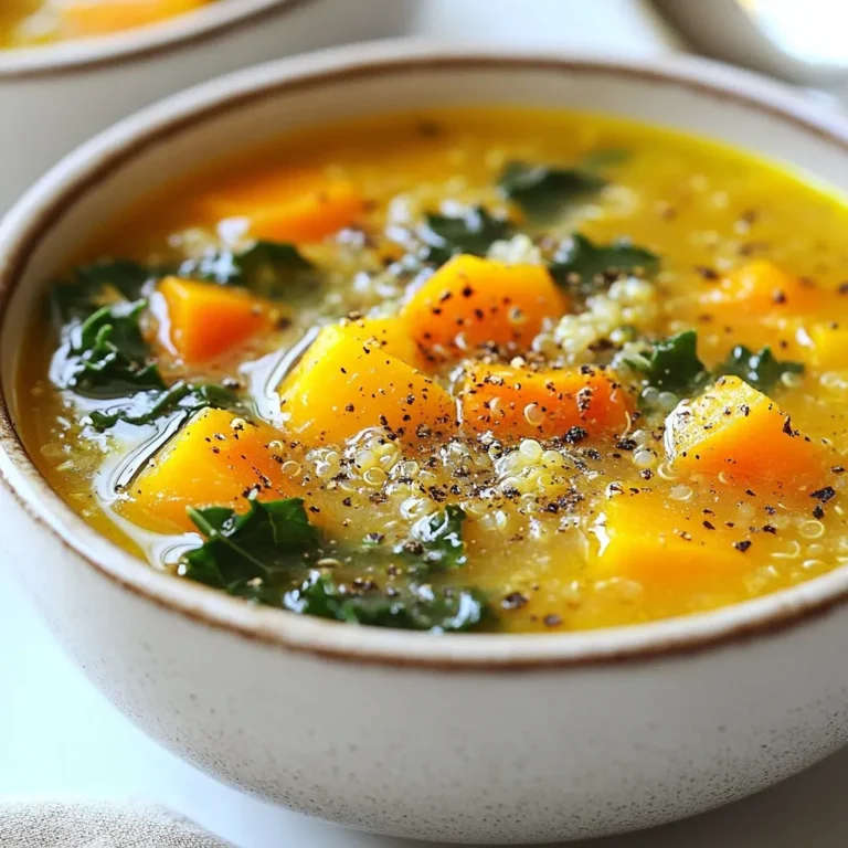 To make this cozy soup, you need the following ingredients: - 1 cup quinoa, thoroughly rinsed - 4 cups vegetable broth (low-sodium is preferred) - 2 cups butternut squash, peeled and cut into small cubes - 2 medium carrots, sliced into rounds - 1 medium onion, finely diced - 2 cloves garlic, minced - 1 can (14 oz) diced tomatoes, including their juices - 2 cups kale, stems removed and roughly chopped - 1 tablespoon olive oil - Salt and freshly cracked black pepper, to taste These ingredients come together to create a warm and hearty soup that is perfect for fall. Each bite brings a mix of flavors and textures that comfort the soul. Adding herbs and spices gives the soup its rich taste. I recommend using: - 1 teaspoon dried thyme - 1 teaspoon dried basil - 1 teaspoon smoked paprika These three ingredients enhance the vegetable flavors. Thyme and basil add earthiness, while smoked paprika gives a slight warmth. Want to make the soup even better? Try these optional add-ins: - A splash of lemon juice for brightness - A pinch of red pepper flakes for heat - Chopped fresh herbs like parsley or cilantro for freshness These additions let you customize the soup to your taste. Feel free to experiment and find your favorite mix. {{ingredient_image_2}} First, gather all your vegetables. You will need butternut squash, carrots, and onion. Peel and cube the butternut squash into small pieces. Slice the carrots into thin rounds. Dice the onion finely. This prep makes the soup cook evenly. Rinse the quinoa in cold water until the water runs clear. This step removes any bitterness. Next, heat a large skillet over medium heat. Pour in one tablespoon of olive oil. Once the oil is hot, add the diced onion. Sauté the onion for about five minutes. It should turn soft and fragrant. Then, add two minced garlic cloves and stir for one more minute. This step builds a flavorful base for your soup. Now it's time to mix everything in the crockpot. Add the sautéed onion and garlic to the pot. Then, add the butternut squash, sliced carrots, rinsed quinoa, and one can of diced tomatoes with juice. Pour in four cups of vegetable broth. Sprinkle in the dried thyme, basil, smoked paprika, and a pinch of salt and pepper. Mix all the ingredients well, ensuring the quinoa is covered by the broth. Cover the crockpot and cook on low for six hours or high for three hours. When it's nearly done, fold in two cups of chopped kale. Let it wilt for about 30 minutes. Finally, taste the soup and adjust the seasoning as needed. To boost the taste of your soup, use fresh herbs. Fresh thyme and basil add depth. You can also squeeze a little lemon juice for brightness. Another tip is to add a splash of soy sauce. This adds umami and richness. For a smoky touch, try adding extra smoked paprika. This small change can transform your soup. Making this soup ahead is easy. You can prepare it a day before your gathering. After cooking, let it cool and store it in the fridge. When you’re ready, just heat it up. The flavors will meld together nicely overnight. You can also freeze the soup. Just remember to leave out the kale. Add it fresh when you reheat the soup. If your soup is too thick, add more vegetable broth. Stir it in slowly until you reach your desired thickness. If it’s too thin, cook it longer with the lid off. This helps steam escape and thickens the soup. You can also mash some of the vegetables with a fork. This adds body and richness. Pro Tips Use Fresh Ingredients: Whenever possible, opt for fresh vegetables and herbs to enhance the flavor profile of your soup. Customize Your Veggies: Feel free to swap in other seasonal vegetables like sweet potatoes or zucchini based on your preference or what you have on hand. Adjust the Spices: Experiment with the spices according to your taste; a pinch of cayenne can add a lovely kick! Refrigerate for Flavor: This soup tastes even better the next day! Store leftovers in the refrigerator to allow the flavors to meld. {{image_4}} You can swap quinoa for other grains. Try brown rice, barley, or farro. These grains add different textures. They change the taste, too. Cook them according to package directions before adding to the soup. Adjust the cooking time in the crockpot to make sure they cook through. Adding protein boosts the soup's heartiness. You can use cooked chicken, canned beans, or tofu. If using chicken, shred it and add it during the last hour. For beans, rinse them well before adding them in. If you choose tofu, cut it into cubes and stir it in during the last 30 minutes. Each option brings a unique flavor and texture. This soup is easy to make vegetarian or vegan. The base is already plant-based. Just ensure any added protein is vegan, like beans or tofu. You can also enrich it with more vegetables. Spinach, zucchini, or bell peppers work great. These additions keep the soup colorful and healthy. After cooking your harvest vegetable and quinoa soup, let it cool. Transfer it to an airtight container. Store it in the fridge for up to 5 days. This soup tastes great even after a few days. The flavors will blend well as it sits. You can freeze this soup for a cozy meal later. Allow the soup to cool completely before you freeze it. Use freezer-safe containers or bags, leaving some space for expansion. Label each container with the date. It will keep well for up to 3 months. When you are ready to enjoy your soup, thaw it in the fridge overnight. Reheat it on the stovetop over medium heat. Stir occasionally until it’s heated through. You can also use the microwave. Heat in short bursts, stirring in between, until hot. Adjust the seasoning if needed, and enjoy! Yes, you can use any vegetables you like! Carrots and butternut squash work well. You can add potatoes, zucchini, or bell peppers for more flavor and texture. Just remember to cut them into small pieces so they cook evenly. Always try to use seasonal vegetables for the best taste. To store leftover soup, let it cool first. Then, pour it into airtight containers. You can keep it in the fridge for up to five days. If you want to save it longer, freeze it. Just be sure to leave some space in the container for expansion. This way, you’ll have a warm meal ready for those busy nights. To spice up the soup, add red pepper flakes or hot sauce. You can also include diced jalapeños for a fresh kick. Adding a bit of cayenne pepper during cooking will give it a nice heat as well. Start with a small amount, taste, and add more if you want it hotter. Enjoy the warmth! This soup is packed with healthy veggies and quinoa. You learned how to prep ingredients, cook the base, and combine everything in a crockpot. I shared tips to enhance flavor, make soup ahead of time, and adjust thickness. You saw variations with grains and proteins. Plus, I covered storage and reheating methods. Soup can be flexible and fun. Enjoy making it your own and sharing with others!
