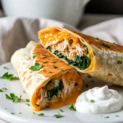 - 2 cups cooked chicken, shredded - 1 cup shredded cheddar cheese - 1 cup fresh spinach, finely chopped - 1/2 cup cream cheese, at room temperature - 3 cloves garlic, minced - 1 teaspoon Italian seasoning - 4 large flour tortillas - 1/2 cup sour cream, for serving - Salt and freshly ground black pepper, to taste - Fresh parsley, chopped (for garnish) For shredded chicken, I like using rotisserie chicken. It is flavorful and saves time. Choose a good-quality cheddar cheese, like Tillamook or Cabot, for the best taste. For cream cheese, Philadelphia is a reliable option that blends well. Fresh spinach should be bright green and crisp for the best flavor. You can add a sprinkle of paprika over the sour cream for color. Fresh cilantro or chives also make great adds for a fresh taste. If you like a bit of heat, try some sliced jalape&ntilde;os or a drizzle of hot sauce on top. {{ingredient_image_2}} To start, gather your ingredients. You need: - 2 cups cooked chicken, shredded - 1 cup shredded cheddar cheese - 1 cup fresh spinach, finely chopped - 1/2 cup cream cheese, at room temperature - 3 cloves garlic, minced - 1 teaspoon Italian seasoning - Salt and freshly ground black pepper, to taste In a large bowl, mix the shredded chicken, cream cheese, minced garlic, cheddar cheese, and chopped spinach. Use a spatula to blend these until smooth. This step is key for a creamy filling. Add Italian seasoning, salt, and pepper. Stir well to mix the flavors throughout the filling. Now, take your large flour tortillas. Lay them flat on a clean surface. Spoon the chicken filling into the center of each tortilla. Make sure to spread it out evenly. This helps every bite taste great. Next, fold the sides of the tortilla inward. Then, roll it up tightly from the bottom. Tuck in the edges as you go to keep the filling secure. This rolling method ensures the wraps hold together well during cooking. For cooking, heat a non-stick skillet over medium heat. Place the wraps seam-side down in the skillet. Cook each side for about 2-3 minutes. You want them golden brown and crispy. The cheese should melt nicely inside. Once they are cooked, take the wraps out and let them cool for a minute. Now, slice each wrap in half diagonally. This shows off the gooey, delicious filling. Serve them warm with sour cream on the side for dipping. Garnish with freshly chopped parsley for a burst of color. To cook the wraps just right, heat your skillet on medium. Place the wraps seam-side down to hold the filling inside. Cook for 2-3 minutes on each side. Look for a golden brown color and melted cheese. If you want a crispier wrap, use a little butter in the pan. It adds flavor and extra crunch. If you have leftovers, store them in an airtight container. Keep them in the fridge for up to three days. To keep them fresh, separate any dips or sauces. When you&rsquo;re ready to eat, reheat them in the skillet for the best taste. This will keep the wraps crispy. These wraps go well with many sides. Try a fresh salad or some crunchy veggies. You can also serve them with salsa or guacamole for extra flavor. A side of rice works nicely too. Feel free to mix and match until you find your favorite pairings! Pro Tips Use Rotisserie Chicken: For a quicker preparation, consider using pre-cooked rotisserie chicken. It saves time and adds great flavor. Customize Your Cheese: Feel free to mix different types of cheese such as Monterey Jack or Pepper Jack for a spicier kick. Veggie Variations: Add other vegetables like bell peppers or mushrooms to the filling for extra nutrition and flavor. Make Ahead: You can prepare the filling a day in advance and store it in the refrigerator. Just assemble and cook when ready to serve. {{image_4}} You can easily change some ingredients in Cheesy Garlic Chicken Wraps. If you need a gluten-free option, use corn tortillas instead of flour tortillas. If you have a dairy allergy, try vegan cream cheese and cheese. Shredded chicken can swap for shredded tofu for a plant-based meal. This way, you can enjoy the dish while meeting your dietary needs. Want more veggies in your wraps? It&rsquo;s simple! You can add chopped bell peppers, onions, or zucchini to the filling. You could also toss in some mushrooms for a nice texture. Just make sure to saut&eacute; them first for better flavor. These extra veggies not only boost nutrition but also add color and crunch to the wraps. If you like spice, you can amp up the heat in your wraps. Add some red pepper flakes or diced jalape&ntilde;os into the chicken filling. For a milder option, you could use sweet paprika. Experiment with your favorite spices to find the perfect heat level. This makes the dish more personal and exciting for your taste buds! To keep your cheesy garlic chicken wraps fresh, store them in an airtight container. Make sure they cool to room temperature first. Place parchment paper between each wrap to avoid sticking. This keeps them nice and tasty. They can last in the fridge for up to three days. If you want to save some for later, freezing works well. Wrap each cool wrap tightly in plastic wrap. Then, place them in a freezer-safe bag. Be sure to remove as much air as you can. These wraps can stay frozen for up to three months. When you're ready to eat, just thaw them in the fridge overnight. Reheating your wraps is easy. For the best results, use a skillet. Heat the skillet over medium heat. Place the wrap seam-side down and cook for about 3-4 minutes on each side. This will make them warm and crispy again. You can also use a microwave, but they may get a bit soft. If you do, heat them for about 30 seconds at a time. Enjoy your tasty wraps! Yes, you can make these wraps ahead of time. Prepare the filling and assemble the wraps. Then, wrap them in plastic wrap or foil. Store them in the fridge. When you're ready to eat, cook them in a skillet. This saves time for quick meals. You can use many cheeses for these wraps. Try mozzarella for a milder taste. Gouda adds a smoky flavor. Feta brings a nice salty touch. Feel free to mix cheeses for extra flavor. Just ensure they melt well for the best results. To make these wraps healthier, try using whole grain tortillas. You can add more veggies, like bell peppers or mushrooms. Use low-fat cheese and cream cheese to cut calories. Opt for Greek yogurt instead of sour cream for a protein boost. Enjoy guilt-free! In this blog post, I covered key ingredients, step-by-step instructions, and valuable tips. You learned how to prepare a tasty chicken wrap, choose quality brands, and customize the recipe. I also shared storage methods and answered common questions. By following these tips, you can enjoy delicious wraps anytime. Explore variations to suit your taste and needs. Remember, cooking is fun and creative. Enjoy every bite!