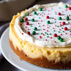 - 1 ½ cups sugar cookie crumbs (store-bought or homemade) - ½ cup unsalted butter, melted - 2 (8 oz) packages cream cheese, softened - 1 cup granulated sugar - 1 teaspoon pure vanilla extract - 3 large eggs, at room temperature - 2 teaspoons almond extract - 1 cup sour cream, room temperature - ½ cup powdered sugar (for topping) - Festive sprinkles (for decoration) To create the best Christmas Sugar Cookie Cheesecake, gather these ingredients first. The sugar cookie crumbs are the base of the cheesecake. You can buy them or make your own by crushing sugar cookies. I love using homemade crumbs for extra flavor. The melted butter helps bind the crumbs together. Make sure it’s warm, but not hot. This keeps your crust from being too greasy. Next, cream cheese is key for a rich and smooth filling. Soften it to room temperature for easy mixing. Granulated sugar adds sweetness, while pure vanilla and almond extracts give depth to the flavor. Using room temperature eggs helps the filling mix smoothly. Sour cream adds richness and creaminess. The powdered sugar is for topping, making it look festive. Finally, sprinkles add a fun touch that everyone loves! Now you’re ready to make this delightful cheesecake! The prep time is about 30 minutes, and the total time, including chilling, is around 6 hours. This recipe serves 10-12 people, making it perfect for holiday gatherings. {{ingredient_image_2}} 1. Preheat your oven to 350°F (175°C). Set the rack in the center. 2. In a large bowl, mix 1 ½ cups of sugar cookie crumbs with ½ cup of melted butter. Stir until you have a wet sand texture. 3. Press this mixture into the bottom of a 9-inch springform pan. Use a measuring cup to make it even. Bake for 10 minutes, then let it cool. 1. In another bowl, beat 2 packages of softened cream cheese until smooth. 2. Gradually add 1 cup of granulated sugar and mix until fluffy. 3. Add 1 teaspoon of pure vanilla extract and 2 teaspoons of almond extract. Mix to blend the flavors. 4. Add 3 large eggs, one at a time. Mix gently after each one. 5. Fold in 1 cup of sour cream until the batter is smooth and combined. 1. Pour the filling over the cooled crust in the springform pan. 2. Bake for 45-50 minutes, until the edges are set and the center is slightly wobbly. 3. Turn off the oven and let the cheesecake cool inside for 1 hour to prevent cracks. 4. Once cooled, transfer the cheesecake to the fridge. Chill for at least 4 hours, or overnight for the best taste. - To avoid cracks in your cheesecake, cool it slowly. After baking, leave it in the oven with the door slightly open for one hour. This helps the cheesecake cool gradually. - Use room temperature ingredients. This will help your mixture blend well and create a smooth texture. - Bake the cheesecake in a water bath. This adds moisture and keeps the temperature even. - Slice the cheesecake and serve it on a festive platter. This adds a holiday touch and makes it look beautiful. - Add extra sprinkles on top for color. You can also use mint leaves or edible glitter for a fun touch. - Consider drizzling a bit of chocolate or caramel sauce on each slice for extra flavor. - To store leftovers, cover the cheesecake tightly with plastic wrap or foil. This will keep it fresh in the fridge for up to five days. - For freezing, slice the cheesecake first. Wrap each piece in plastic wrap, then foil. You can freeze it for up to three months. - To thaw, place the cheesecake in the fridge overnight before serving. This keeps it creamy and delicious. Pro Tips Perfect Cream Cheese: Make sure your cream cheese is softened to room temperature for a smooth and creamy cheesecake filling. This helps in blending the ingredients seamlessly. Gentle Mixing: When adding the eggs, mix gently after each addition to avoid overmixing, which can lead to a dense cheesecake. Aim for a light and airy texture. Prevent Cracking: To prevent cracks, leave the cheesecake in the oven after baking with the door slightly ajar for an hour. This gradual cooling helps maintain its structure. Chill Overnight: For the best taste and texture, chill the cheesecake overnight. This allows the flavors to meld and the cheesecake to set perfectly. {{image_4}} You can play with flavors in your Christmas Sugar Cookie Cheesecake. Try using different extracts to change the taste. Here are some fun ideas: - Vanilla Extract: Classic and simple. - Lemon Extract: Adds a bright, zesty twist. - Peppermint Extract: Perfect for a minty holiday touch. You can also switch up the crust. Instead of sugar cookie crumbs, consider: - Gingersnap Crust: Adds warmth and spice. - Chocolate Cookie Crust: For a rich, decadent flavor. Decorating your cheesecake adds a festive touch. You can match your toppings to the season or holiday. Here are some ideas: - Themed Toppings: Use colored sprinkles or themed candies for different holidays. - Seasonal Fruits: Fresh berries or slices of citrus can brighten up the cake. Many people have dietary needs, and this cheesecake can fit those too. For gluten-free options, swap the crust for: - Gluten-Free Cookie Crumbs: Check for brands that cater to this need. You can also make a dairy-free version. Use: - Dairy-Free Cream Cheese: There are many brands available now. - Coconut Cream: A great substitute for sour cream, adding richness. These variations keep your cheesecake fun and suited for everyone! To fix a cracked cheesecake, you can smooth it out with a topping. A layer of sour cream or whipped cream hides cracks well. To prevent cracks, follow these tips: - Avoid overmixing: Mix just until blended to keep air out. - Use room temperature ingredients: Cold ingredients can cause the batter to seize. - Bake in a water bath: This helps keep the cheesecake moist. Yes, you can make this cheesecake a day or two ahead. Here are some best practices: - Chill properly: Let it cool completely in the fridge for at least 4 hours. - Store covered: Use plastic wrap to keep it fresh in the fridge. - Add toppings before serving: This keeps the sprinkles nice and fresh. For clean, even slices, follow these techniques: - Use a hot knife: Dip the knife in hot water, then dry it before slicing. - Wipe the knife between slices: This keeps the edges clean. - Cut in a straight line: This gives you nice, neat pieces for serving. To make your Christmas Sugar Cookie Cheesecake, you need some essential tools. Here’s a list to help you: - 9-inch springform pan: This allows you to easily remove the cheesecake. - Mixing bowls: Use large bowls for mixing crust and filling. - Electric mixer: A hand or stand mixer works best for creamy filling. - Spatula: A rubber spatula helps fold in ingredients smoothly. - Measuring cups and spoons: Accurate measurements ensure great results. Having these tools will make the process easier and more fun. Don’t have all the ingredients? You can swap some out. Here are a few ideas: - Sugar cookie crumbs: Use graham cracker crumbs or crushed gingersnaps for a new taste. - Cream cheese: Neufchâtel cheese can work if you want a lighter option. - Granulated sugar: You can use coconut sugar or a sugar substitute. - Sour cream: Greek yogurt can be a good swap for a tangy flavor. - Almond extract: If you don’t have it, vanilla extract is a nice substitute. These easy swaps keep your cheesecake delicious while using what you have. Watching someone make this cheesecake can help you a lot. Here are some great places to find video tutorials: - YouTube: Search for “Christmas Sugar Cookie Cheesecake” for step-by-step guides. - Cooking websites: Many food blogs post video recipes along with their written ones. - Social media platforms: Instagram and TikTok have quick, fun recipe videos you can follow. These resources will give you tips and tricks to make your cheesecake shine! This blog post covered a delicious cheesecake recipe. We discussed each ingredient and step to create a perfect dessert. I shared baking tips and variations to make it uniquely yours. Remember, even small changes can yield big flavor differences. Whether trying a new crust or a special topping, the options are endless. Enjoy making this cheesecake your own. Happy baking, and savor every bite!