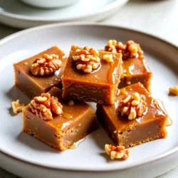- 2 cups granulated sugar - 1 cup heavy cream - 1/2 cup unsalted butter - 1/2 cup pure maple syrup - 1 teaspoon pure vanilla extract - 1/2 teaspoon sea salt - 1 cup walnuts, coarsely chopped Importance of quality maple syrup Using pure maple syrup is key. It gives the fudge its rich and unique flavor. Avoid imitation syrup, as it lacks depth and can taste too sweet. Real maple syrup enhances the fudge and makes it special. Choosing the right walnuts Select fresh walnuts for the best crunch. Look for walnuts that are light in color and free from dark spots. Toasting them lightly before adding can boost their flavor. Just remember to chop them coarsely, so they blend well into the fudge. Substitutions for dairy-free options If you want a dairy-free version, use coconut cream instead of heavy cream. For butter, try a plant-based alternative. These swaps keep the texture creamy while making the fudge suitable for all diets. {{ingredient_image_2}} To start, prepare your baking dish. Use an 8-inch square dish. Line it with parchment paper. Make sure the paper hangs over the sides. This will help you lift the fudge out later. Next, gather your ingredients for cooking. In a medium saucepan, combine: - 2 cups granulated sugar - 1 cup heavy cream - 1/2 cup unsalted butter - 1/2 cup pure maple syrup - 1/2 teaspoon sea salt Place the saucepan on medium heat. Stir the mixture continuously until it boils. This step is key to mix all the ingredients well. After the mixture boils, stop stirring. Let it cook undisturbed for about 5-7 minutes. Watch closely to avoid burning. You want to reach the soft-ball stage. This is when the temperature hits 235&deg;F to 240&deg;F on a candy thermometer. Using a thermometer helps ensure your fudge sets right. If the mixture is too hot, it can harden too much. Once you reach the right temperature, remove the saucepan from heat. Let it cool for about a minute. Now, stir in: - 1 teaspoon pure vanilla extract - 1 cup walnuts, coarsely chopped Mix until everything is well combined. Pour the fudge mixture into your prepared baking dish. Spread it evenly with a spatula. Let it cool at room temperature for 2-3 hours. This time is important for getting the best texture. After it sets, lift the fudge out using the parchment paper. Cut the fudge into squares for serving. - Overheating the fudge mixture: If you cook it too long, the fudge will become hard. Aim for soft-ball stage, around 235&deg;F to 240&deg;F. - Not measuring temperature accurately: A candy thermometer helps you track the heat. This tool ensures you get the best texture. - Enhancing maple flavor with natural extracts: A drop of maple extract boosts the taste. It makes your fudge taste rich and sweet. - Using fresh walnuts for crunch: Fresh walnuts add a great texture. Toasting them lightly will bring out their flavor. - Garnishing with walnuts and maple drizzle: Sprinkle chopped walnuts on top for looks. A drizzle of maple syrup adds shine and sweetness. - Serving ideas for parties and gatherings: Cut fudge into small squares. Use a fancy plate to wow your guests. You can even add a few whole walnuts for style. Pro Tips Use a Candy Thermometer: A candy thermometer ensures precision in reaching the soft-ball stage, preventing overcooking which can lead to a hard fudge. Quality Ingredients Matter: Opt for high-quality pure maple syrup and fresh walnuts for the best flavor profile in your fudge. Cooling Time is Key: Allow the fudge to cool completely at room temperature before cutting; this ensures clean, neat squares. Experiment with Mix-ins: Feel free to add other nuts or chocolate chips to the fudge for variations that suit your taste preferences. {{image_4}} You can make your maple walnut fudge even more fun by adding flavors. Try mixing in chocolate or cocoa powder. This twist gives your fudge a rich, deep taste. Use about 1/4 cup of cocoa powder for a nice chocolate kick. You can also add dried fruits or other nuts. Chopped dried cherries or cranberries work well. They add a sweet and tangy burst. You can swap walnuts for pecans or almonds too. This lets you customize the fudge to your taste. If you want a vegan version, it&rsquo;s simple. Use plant-based butter and coconut cream instead of dairy. This keeps the fudge creamy and delicious without animal products. You can also use maple syrup, which is naturally vegan. For nut-free options, skip the walnuts. You can use seeds like pumpkin or sunflower seeds instead. These still add crunch and flavor without the nuts. This way, everyone can enjoy this sweet treat! Store your fudge at room temperature if you plan to eat it in a few days. It stays soft and delicious this way. If you want it to last longer, put it in the fridge. Just remember, cold fudge can be a bit hard to cut. Use an airtight container to keep your fudge fresh. This helps prevent it from drying out. If you don&rsquo;t have one, wrap the fudge tightly in plastic wrap. It will help keep the moisture in and the air out. You can keep homemade fudge for about one to two weeks at room temperature. In the fridge, it can last up to three weeks. Just check for any changes in smell or texture. Signs that your fudge has gone bad include a dry or hard texture. If you see any mold, it&rsquo;s time to throw it away. Always trust your senses&mdash;if it smells off, don&rsquo;t eat it. You can make fudge without a thermometer. First, watch for bubbles in your mixture. When you see large, steady bubbles, this means it&rsquo;s close. Use the cold water test: drop a little fudge into cold water. If it forms a soft ball, it&rsquo;s ready! This method works well, but keep a close eye on it. Yes, you can swap the walnuts for other nuts. Pecans or almonds work great too. Just chop them coarsely like the walnuts. This gives your fudge a new twist. Experiment with your favorite nuts to find the best flavor for you! If your fudge is too soft, it may not have cooked long enough. You can reheat it gently, stirring often. Cook it until it reaches the soft-ball stage again. Once it cools, it should set better. If it still doesn&rsquo;t firm up, try chilling it in the fridge for a few hours. You can use sugar alternatives like maple sugar or coconut sugar. These can replace regular sugar in a one-to-one ratio. However, the texture may change slightly. Always check the cooking time, as different sugars may behave differently when heated. You learned how to make delicious Maple Walnut Fudge with simple steps. We covered key ingredients, cooking techniques, and tips to avoid mistakes. Remember to use quality maple syrup and fresh walnuts for the best taste. Be creative with variations to suit your taste or diet. Store your fudge properly to keep it fresh longer. Now, you can make this treat for yourself and share it with friends and family. Enjoy your homemade fudge with pride!