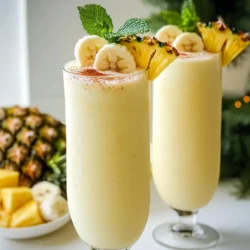 To make a delightful Eggnog Pi&ntilde;a Colada, gather these key ingredients: - 1 cup creamy coconut milk - 1 cup rich eggnog - 1 ripe banana, peeled and sliced - 1 cup crushed pineapple, well-drained - 1 tablespoon honey or maple syrup - 1/2 teaspoon ground cinnamon - Crushed ice, as needed These ingredients blend together to form a smooth and creamy drink. The coconut milk gives it a tropical vibe, while eggnog adds warmth and richness. The banana and pineapple bring sweetness and a touch of fruitiness. You can customize your Eggnog Pi&ntilde;a Colada with these optional add-ins: - A splash of rum for an adult twist - A handful of spinach for added nutrition - A scoop of vanilla ice cream for extra creaminess Feel free to experiment! Each add-in can change the flavor and texture. Just remember to adjust the sweetness if you add more ingredients. Garnishing your drink adds a fun touch. Here are some great ideas: - Fresh mint leaves for aroma and color - A sprinkle of ground cinnamon on top - A slice of fresh pineapple on the rim - Colorful paper straws for a festive look These garnishes make your drink not only tasty but also visually appealing. They will impress your family and friends. Enjoy your Eggnog Pi&ntilde;a Colada with a smile! {{ingredient_image_2}} Start by gathering all your ingredients. You will need: - 1 cup creamy coconut milk - 1 cup rich eggnog - 1 ripe banana, peeled and sliced - 1 cup crushed pineapple, well-drained - 1 tablespoon honey or maple syrup - 1/2 teaspoon ground cinnamon In a high-speed blender, add the coconut milk, eggnog, banana, pineapple, honey, and cinnamon. Make sure everything is there. This base will give your drink its rich flavor. Blend the mixture on high for about 30 to 45 seconds. You want it smooth. If it feels too thick, add a splash of coconut milk or more pineapple. Blend again until you reach that creamy texture. This step is key for a drink that feels light and frothy. Once blended, add a handful of crushed ice. Blend again until you have a frosty, creamy drink. Now, taste your creation. If it needs more sweetness, add honey or syrup. Pour the Eggnog Pi&ntilde;a Colada into tall, festive glasses. For a pretty finish, garnish with fresh mint leaves. A sprinkle of cinnamon adds aroma and flair. Serve it with colorful straws or a slice of fresh pineapple on the rim. Enjoy this delightful holiday drink! To make your Eggnog Pi&ntilde;a Colada shine, focus on the balance of flavors. Start with ripe bananas and well-drained pineapple. These fruits add natural sweetness and tropical notes. The creamy coconut milk and rich eggnog mix well, giving a smooth texture. A hint of ground cinnamon boosts warmth and spice. Feel free to play with these ingredients. You can adjust the amounts to fit your taste. Sweetness is key to a great drink. I suggest starting with one tablespoon of honey or maple syrup. Blend it in with the other ingredients. After blending, taste your creation. If you want it sweeter, add more honey or syrup. Remember, the sweetness should match your preference. You can also use less sweet eggnog for a lighter drink. The texture of your Eggnog Pi&ntilde;a Colada matters. After blending, check if it&rsquo;s too thick. If it is, add a splash of coconut milk or more crushed pineapple. Blend again until you reach the right creamy consistency. The ice should give it a frosty feel. Use a generous amount of crushed ice to make it refreshing. Pro Tips Use Frozen Fruits: For an extra frosty treat, consider using frozen banana or pineapple instead of fresh. This will give your drink a thicker and creamier texture. Experiment with Spices: Try adding a dash of nutmeg or vanilla extract to enhance the flavor profile of your Eggnog Pi&ntilde;a Colada. Presentation Matters: For a festive look, rim your glasses with toasted coconut flakes before pouring in the drink. It adds an appealing texture and flavor. Adjust Sweetness Wisely: Taste your mixture before serving; if you prefer it sweeter, add honey or maple syrup gradually to find your perfect balance. {{image_4}} You can make your Eggnog Pi&ntilde;a Colada even more fun with tropical fruits. Try adding mango or papaya for a sweet twist. These fruits blend well with the creamy coconut and rich eggnog. You can also use fresh berries for a pop of color and tartness. Just toss them in the blender with the other ingredients. If you have dietary needs, I have options for you. For a dairy-free version, use almond milk or oat milk instead of eggnog. Look for a vegan eggnog to keep the festive flavor. You can also replace honey with agave syrup for a vegan-friendly sweetener. These swaps keep your drink tasty and enjoyable for everyone. You can choose to make your Eggnog Pi&ntilde;a Colada with or without alcohol. For an alcoholic drink, add a splash of rum or coconut rum. This adds an extra layer of flavor and fun. If you want a non-alcoholic drink, skip the alcohol. You will still have a creamy and delicious treat that everyone can enjoy. Store any leftover Eggnog Pi&ntilde;a Colada in an airtight container. This keeps the drink fresh and prevents it from absorbing other flavors in your fridge. If you have a blender bottle, that works great too! Just make sure to seal it tightly. You can keep your leftover drink in the fridge for up to two days. After that, it may lose its creamy texture and flavor. If you wait too long, the drink might separate. Always check the smell and taste before you drink it again. To keep it fresh, try these tips: - Avoid freezing: Freezing can change the texture and make it grainy. - Stir before serving: If it separates, a quick stir can help blend it back together. - Add ice only when serving: If you store it with ice, it may become watery. Always add fresh ice when you're ready to enjoy it again. These simple steps help you enjoy your delightful holiday drink for as long as possible! Yes, you can make your Eggnog Pi&ntilde;a Colada ahead of time. Blend the ingredients and store the drink in the fridge. It stays fresh for up to two hours. Just remember to stir it well before serving. The flavors will blend nicely, making it even tastier. For the best taste, use a rich and creamy eggnog. You can choose store-bought or homemade. Look for eggnog with a smooth texture and good spices. If you prefer, a dairy-free version works, too. Almond or coconut-based eggnog adds a nice twist. Absolutely! To make a vegan Eggnog Pi&ntilde;a Colada, use plant-based eggnog. Coconut milk gives a creamy base. Add ripe banana and crushed pineapple for sweetness. Maple syrup can replace honey for extra flavor. This way, everyone can enjoy this festive drink! In this post, we explored how to make a delicious Eggnog Pi&ntilde;a Colada. We covered key ingredients and optional add-ins for your twist. I shared tips for perfecting the flavor and achieving the right texture. We also discussed fun variations and storage tips to keep your drink fresh. Remember, making this drink can be simple and fun. So, gather your ingredients, get creative, and enjoy every sip!