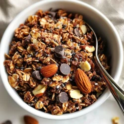 To make healthy chocolate granola, gather these ingredients: - 2 cups rolled oats - 1/2 cup unsweetened cocoa powder - 1/2 cup chopped nuts (choose from almonds, walnuts, or hazelnuts) - 1/4 cup chia seeds - 1/4 cup pure maple syrup or honey - 1/4 cup coconut oil, melted until liquid - 1 teaspoon vanilla extract - 1/2 teaspoon sea salt - 1/2 cup dark chocolate chips or cacao nibs Each ingredient in this granola has health perks: - Rolled oats: These oats are high in fiber. They help keep you full. They also lower cholesterol, supporting heart health. - Cocoa powder: Unsweetened cocoa powder has antioxidants. It can improve mood and brain health. - Chopped nuts: Nuts like almonds and walnuts provide healthy fats. They support brain function and heart health. - Chia seeds: These seeds are rich in omega-3s, protein, and fiber. They aid digestion and boost energy. - Maple syrup or honey: Both offer a natural sweetness. They have vitamins and minerals that support immune health. - Coconut oil: This oil contains medium-chain triglycerides. They can provide a quick energy source. - Dark chocolate chips: Dark chocolate has antioxidants. It can improve heart health and lower blood pressure. When picking your ingredients, consider these tips: - Oats: Look for whole rolled oats. Avoid instant varieties, as they often contain added sugars. - Cocoa powder: Choose unsweetened and organic cocoa powder for better flavor and health benefits. - Nuts: Buy raw or dry-roasted nuts without added oils or sugars. This keeps them healthier. - Chia seeds: Look for whole seeds. They are more nutritious than ground options. - Sweeteners: Opt for pure maple syrup or raw honey. Avoid processed sweeteners with additives. - Coconut oil: Choose extra virgin coconut oil for the best flavor and health benefits. - Chocolate chips: Use dark chocolate with at least 70% cacao for more health perks. These tips will help you create a tasty and healthy granola! {{ingredient_image_2}} Start by preheating your oven to 350&deg;F (175&deg;C). This step is key for even baking. Next, grab a baking sheet and line it with parchment paper. This will prevent the granola from sticking. In a large mixing bowl, add the following dry ingredients: - 2 cups rolled oats - 1/2 cup unsweetened cocoa powder - 1/2 cup chopped nuts (like almonds or walnuts) - 1/4 cup chia seeds - 1/2 teaspoon sea salt Stir these ingredients well. You want them mixed evenly. This way, every bite will be tasty and full of flavor. In a smaller bowl, whisk together: - 1/4 cup melted coconut oil - 1/4 cup pure maple syrup or honey - 1 teaspoon vanilla extract Mix until smooth. Then, pour this wet mixture over the dry ingredients. Use a spatula to fold it all together. Make sure every bit of dry ingredient gets coated. This will help form nice clusters when baking. Now, spread the mixture on your lined baking sheet. Press it down slightly with your spatula. This helps create those delicious clumps. Bake it in the preheated oven for 20-25 minutes. Stir it halfway through to ensure it bakes evenly. Keep an eye on it to avoid burning. When the granola smells great and looks slightly crispy, take it out. Let it cool completely on the baking sheet. After it cools, fold in: - 1/2 cup dark chocolate chips or cacao nibs Break the cooled granola into clusters of your choice. Store it in an airtight container. This will keep your granola fresh and crunchy. Enjoy your tasty and healthy chocolate granola! To get those nice clumps in your granola, press the mixture down on the baking sheet. When you spread it out, use the back of your spatula to pack it tightly. This helps the granola stick together while it bakes. Keep the clumps large for that chewy texture you want. If you break them apart too much, you'll end up with a loose granola. Baking granola can be tricky. Set your oven to 350&deg;F (175&deg;C) and watch it closely. Bake it for 20 to 25 minutes, but stir it halfway through. This helps it bake evenly and stops the edges from burning. If you smell it getting too crispy, check it right away. Every oven is a bit different, so adjust your time as needed. You can enjoy your chocolate granola in many ways. Serve it in a bowl with creamy yogurt and fresh fruits. This makes for a colorful and healthy breakfast. Another fun idea is to sprinkle it on smoothie bowls. The crunch will add great texture and flavor. You can also grab a handful as a snack. It's tasty and keeps you full! Pro Tips Use Quality Ingredients: The flavor of your granola is only as good as the ingredients you use. Opt for high-quality cocoa powder and pure maple syrup for the best results. Experiment with Nuts: Don&rsquo;t hesitate to mix and match different nuts in your granola. Each type brings its own unique flavor and texture, enhancing the overall dish. Customize Sweetness: Adjust the amount of maple syrup or honey based on your taste preference. You can also add dried fruits for natural sweetness! Store Properly: To maintain the crispy texture, store your granola in an airtight container at room temperature. Avoid storing in the fridge as it can make it soggy. {{image_4}} If you want a nut-free version, you can still enjoy great taste. Just skip the nuts and add seeds instead. Try pumpkin seeds or sunflower seeds for crunch. They pack protein and healthy fats too. You can also swap the nuts for more chia seeds. This keeps the texture while making it nut-free. Adding dried fruits can boost flavor and nutrition. Consider raisins, dried cranberries, or chopped apricots. These fruits add sweetness and chewiness. You can also toss in superfoods like goji berries or cacao nibs. They add unique flavors and extra nutrients. If you want to change the sweetness, use different sweeteners. Agave syrup or coconut sugar are great choices. They add depth to your granola without overpowering it. For flavor, consider adding spices like cinnamon or a pinch of sea salt. These can enhance the chocolate taste and make your granola even more delicious. To keep your healthy chocolate granola fresh, store it in an airtight container. Glass jars work best, but plastic containers are fine too. Make sure the lid seals tightly to keep out air. This helps maintain the crunch you love. For the best texture, avoid storing granola in a humid place. Heat and moisture can make it soggy. A cool, dry pantry is ideal. If you notice it getting soft, you can crisp it back up. Just spread it on a baking sheet and bake at 300&deg;F (149&deg;C) for 5-10 minutes. Homemade granola can last up to two weeks when stored properly. If you want it to last longer, consider freezing it. It can stay fresh in the freezer for up to three months. Just remember to thaw it in the fridge before enjoying! Yes, you can use quick oats. They will make a finer texture. However, they may bake faster. Keep an eye on them to avoid burning. Rolled oats give a heartier crunch. If you want clumps, stick with rolled oats. To make this granola vegan, swap honey for pure maple syrup. Maple syrup is a great option. It adds sweetness without any animal products. Also, ensure your chocolate chips are dairy-free. Look for brands labeled as vegan. Cocoa powder has many health benefits. It is rich in antioxidants, which help fight free radicals. This can improve heart health. Cocoa powder may also boost mood and brain function. It contains minerals like magnesium and iron. Adding cocoa powder to your diet can be a tasty way to enjoy these benefits. Healthy chocolate granola is easy to make with quality ingredients. We explored how to choose the best options and shared the health benefits of key ingredients. I provided step-by-step instructions for perfecting your granola, along with tips for achieving that desired clumpiness. You can also try fun variations to mix it up. Remember to store your granola properly to keep it fresh and crunchy. With these ideas, you can create a tasty snack that's good for you. Enjoy your baking adventure!