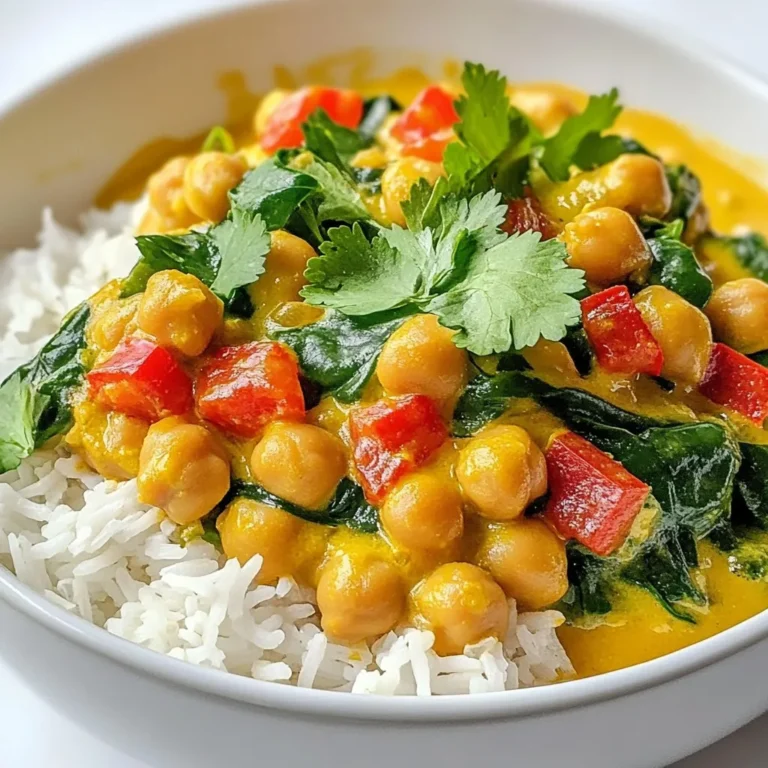 - 1 can (15 oz) chickpeas, drained and rinsed - 1 can (14 oz) coconut milk - 1 medium onion, finely chopped - 3 cloves garlic, minced - 1-inch piece of ginger, finely grated - 1 red bell pepper, diced - 1 cup fresh or frozen spinach - 2 tablespoons olive oil Chickpeas are the star of this dish. They are rich in protein and fiber. Canned chickpeas save time and still taste great. Coconut milk adds a creamy texture and natural sweetness. You can easily find it in any grocery store. Fresh vegetables like onion, garlic, and ginger add depth to the flavor. They create a strong base for the curry. The red bell pepper gives a pop of color and crunch. Spinach is nutritious and adds vibrant green to the dish. - 1 tablespoon curry powder - 1 teaspoon ground cumin - 1 teaspoon ground turmeric - Sea salt and freshly cracked black pepper to taste Spices are key to making this curry special. Curry powder brings warmth and depth. Ground cumin adds a nutty flavor. Ground turmeric gives a nice golden color. Salt and pepper elevate all the flavors. Adjust them to your taste. - Cooked basmati rice or quinoa - Fresh cilantro, chopped, for garnish Serving this curry with basmati rice or quinoa makes it a full meal. The rice absorbs the flavors well. Quinoa is a great option for added protein. For a finishing touch, sprinkle fresh cilantro on top. It adds freshness and color. {{ingredient_image_2}} 1. Heat 2 tablespoons of olive oil in a large pot over medium heat. 2. Add 1 finely chopped onion. Sauté for about 5 minutes. The onion should be soft and slightly golden. 3. Next, stir in 3 minced garlic cloves and 1-inch grated ginger. Sauté for another minute. The aroma will fill your kitchen. 1. Now, add 1 tablespoon of curry powder, 1 teaspoon of ground cumin, and 1 teaspoon of ground turmeric. Mix well for about 1 minute. This toasts the spices and brings out their flavors. 2. Fold in 1 diced red bell pepper and 1 can of drained and rinsed chickpeas. Make sure everything is coated with the spices. 1. Pour in 1 can of coconut milk and stir until it mixes well. Bring this to a gentle simmer. 2. Reduce the heat slightly and cook for about 10 minutes. This allows the flavors to blend. 3. Add 1 cup of fresh or frozen spinach. Cook for another 2-3 minutes. If using frozen spinach, make sure it is heated through. 4. Season with sea salt and freshly cracked black pepper to taste. Adjust the flavors as needed. Let the curry sit for a few minutes to thicken before serving. To make your Chickpea Coconut Curry just right, start by adjusting spice levels. If you like it hot, add more curry powder or a pinch of cayenne pepper. For a milder taste, reduce the curry powder. Taste as you go; this helps you find your perfect balance. Balancing flavors is key. The creamy coconut milk adds sweetness. You may need to adjust with salt and pepper. A squeeze of lime can add brightness and cut through the richness. Remember, the goal is a rich, harmonious flavor. Storing leftovers is simple. Let the curry cool down first. Transfer it to an airtight container and place it in the fridge. It can last up to three days. If you want to keep it longer, freeze it in portions. This makes it easy to enjoy later. For reheating, use a pot on low heat. Stir often to warm it evenly. If it’s too thick, add a splash of water or coconut milk. You can also use a microwave. Heat in short bursts, stirring in between. Presentation can make your dish more appealing. Ladle the curry into deep bowls for a cozy look. Serve it with fluffy basmati rice or quinoa. This adds texture and makes the meal more filling. Toppings and garnishes can elevate your dish. Fresh cilantro adds a burst of color and flavor. You can also use sliced chili for heat or toasted coconut for crunch. Consider serving with a lime wedge too. It adds freshness and zest. Pro Tips Use fresh spices: Ground spices lose their potency over time. For the best flavor, use fresh spices or toast whole spices before grinding them. Adjust the heat: If you prefer your curry spicier, add a pinch of cayenne pepper or a chopped chili pepper when cooking. Make it creamy: For an extra creamy curry, stir in a tablespoon of nut butter, such as almond or cashew, just before serving. Experiment with veggies: Feel free to add other vegetables like carrots, zucchini, or sweet potatoes to boost nutrition and flavor. {{image_4}} You can change the vegetables in Chickpea Coconut Curry. Try using zucchini, carrots, or peas. Each veggie adds a unique taste and texture. You can also mix in some mushrooms for an earthy flavor. For added crunch, toss in some chopped green beans. If you want more protein, consider adding tofu or tempeh. These plant-based options soak up the curry sauce well. Cook them until golden before adding them to the pot. You can also use cooked chicken or shrimp for a non-vegetarian version. To make this dish vegan, you already have a great base. All the main ingredients are plant-based. Just ensure your curry powder and any extras are vegan-friendly. For a gluten-free option, check that your curry paste has no gluten. Most spices are gluten-free, but it's good to read labels. If you're looking for low-carb alternatives, swap basmati rice with cauliflower rice. This change keeps the dish light while adding flavor. You can also reduce the chickpeas for fewer carbs. Changing the curry paste can add depth to your dish. Try red or green curry pastes for a different kick. Each paste brings its own special taste and heat level. Adding citrus can brighten the curry. Squeeze fresh lime or lemon juice just before serving. This touch will lift the flavors and make every bite pop. Lemon zest can also add a fresh aroma. To keep your Chickpea Coconut Curry fresh, you need to store it well. - Refrigeration tips: After cooking, let the curry cool slightly. Transfer it to an airtight container. Make sure to seal it tightly. Store it in the fridge for up to 4 days. This keeps the flavors locked in and stops bacteria from growing. - Freezing the curry: If you want to save it for later, freezing works great. Pour the cooled curry into freezer-safe containers. Leave some space at the top, as it will expand. It can last up to 3 months in the freezer. When you're ready to eat, thaw it in the fridge overnight. Knowing the shelf life helps you enjoy your curry at its best. - Best practices for leftovers: Always check your leftovers before eating. If they smell off or look strange, throw them away. For the best taste, try to eat the curry within 3 days of cooking. - Signs of spoilage: Watch out for changes in color, texture, or smell. If the curry has an unusual odor or if you see mold, it’s time to discard it. Reheating your curry correctly keeps it tasty. - Best methods to reheat: The microwave is quick but can heat unevenly. Stir it halfway through. You can also use a stove. Place it in a pot over low heat. Stir it often to warm it evenly. - Maintaining flavor and texture: Add a splash of coconut milk or water if the curry looks thick. This keeps it creamy. Remember to taste and adjust salt after reheating, as flavors can change. You can serve Chickpea Coconut Curry with several tasty sides. Here are some ideas: - Basmati rice: It soaks up the curry's rich sauce. - Quinoa: A great gluten-free option that adds protein. - Naan bread: Perfect for scooping up the curry. - Roti: A soft, flatbread that pairs well with the dish. For salads, try serving: - Cucumber salad: Refreshing and light, it offsets the curry's warmth. - Mixed greens: Toss with lemon juice for a zesty bite. Yes, you can make Chickpea Coconut Curry ahead of time. Here are some tips: - Meal prep: Cook the curry and let it cool. Store it in an airtight container in the fridge for up to three days. - Reheating: Warm it on the stove over low heat. Stir gently to avoid burning. You can add a splash of coconut milk to keep it creamy. To spice up your Chickpea Coconut Curry, try these methods: - Fresh chili peppers: Add chopped red or green chilies when cooking. - Cayenne pepper: Stir in a pinch for an extra kick. - Ginger: Increase the amount for a warmer heat. Adjust the spice level to your taste. Start small and add more as needed. Enjoy the heat! Chickpea Coconut Curry is easy to make and packed with flavor. We covered main ingredients like canned chickpeas and coconut milk, along with spices that give it depth. I shared tips for cooking and storing, helping you keep it fresh. Remember, you can customize it with different veggies or spices. Make it your own! Now, enjoy your delicious curry with rice or garnishes. Dive into this dish, and let it bring warmth to your table.