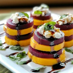 - 2 medium sweet potatoes, sliced into 1/4-inch thick rounds - 2 medium beets, sliced into 1/4-inch thick rounds - 1 tablespoon extra virgin olive oil - 1 teaspoon smoked paprika - 1 teaspoon garlic powder - Salt and freshly ground black pepper, to taste - 1 cup fresh spinach, roughly chopped - 1/2 cup goat cheese, crumbled - 1/4 cup aged balsamic glaze for drizzling - Fresh herbs (such as thyme or parsley), finely chopped for garnish Sweet potatoes are rich in vitamins A and C. They help boost your immune system. Beets are full of antioxidants, which fight inflammation. They also support heart health by improving blood flow. Olive oil is a healthy fat that can lower bad cholesterol. Spinach adds iron and vitamins that are good for energy. Goat cheese gives you calcium and protein while adding creamy flavor. If you don&rsquo;t have sweet potatoes, you can use butternut squash. You can swap out beets for roasted carrots for a sweeter taste. If you prefer a dairy-free option, try using cashew cheese instead of goat cheese. For a different flavor, use balsamic vinegar or lemon juice instead of the balsamic glaze. Fresh herbs like basil or cilantro can also work well in place of thyme or parsley. {{ingredient_image_2}} First, preheat your oven to 400&deg;F (200&deg;C). This is a key step for crispy edges. Next, line a baking sheet with parchment paper. This helps prevent sticking and makes cleanup easy. In a medium bowl, whisk together 1 tablespoon of olive oil, 1 teaspoon of smoked paprika, and 1 teaspoon of garlic powder. Add salt and pepper to taste. This simple mix makes your veggies taste amazing. Take the sweet potato and beet slices and place them in the bowl with the oil mixture. Toss gently until every slice is coated well. Now, lay them out in a single layer on your baking sheet. Make sure they do not overlap. Bake for 25-30 minutes. Flip the slices halfway to ensure even cooking. They should be tender and golden brown. Once the veggies cool for a few minutes, start stacking. Begin with a sweet potato slice at the bottom. Add a handful of chopped spinach, then a beet slice. Sprinkle some goat cheese on top. Repeat this layering until you have 3-4 layers. Finish with a beet on top, and add a bit more goat cheese. If needed, use a toothpick to hold the stacks together. Drizzle each stack with balsamic glaze just before serving. Add fresh herbs for color and flavor. Arrange the stacks on a wooden board or a bright platter for a stunning display. Enjoy your beautiful and tasty Sweet Potato Beet Stacks! When you slice sweet potatoes and beets, aim for even thickness. I suggest cutting them into 1/4-inch rounds. This size helps them cook evenly. Use a sharp knife for clean cuts. If you're worried about slipping, use a cutting board with a damp towel underneath. This keeps everything steady. Bake your sweet potato and beet stacks at 400&deg;F (200&deg;C) for 25-30 minutes. This high heat gives a nice caramelization. Flip the slices halfway through baking. This step ensures both sides get deliciously golden. Check for tenderness by piercing with a fork. If it slides in easily, they&rsquo;re done! For a beautiful finish, drizzle aged balsamic glaze over the stacks. This adds a sweet touch that pairs well with the earthy flavors. I love to sprinkle fresh herbs like thyme or parsley on top. They not only look great but also add freshness. Serve your stacks on a colorful platter. This makes a stunning presentation that is sure to impress your guests. Pro Tips Choose Fresh Vegetables: Select firm, vibrant sweet potatoes and beets for optimal flavor and texture. Fresh produce enhances the dish significantly. Layer with Care: When stacking, ensure the layers are even and the slices are not too thick. This promotes even cooking and easier handling. Experiment with Cheese: If goat cheese isn't your favorite, try feta or ricotta for a different flavor profile. Each cheese adds its unique twist to the stacks. Make Ahead: Prepare the sweet potato and beet slices in advance and store them in the refrigerator. Assemble the stacks just before serving for best results. {{image_4}} You can switch up the cheese in Sweet Potato Beet Stacks for fun. Try using feta cheese for a salty kick. The crumbly texture pairs well with the veggies. Another good option is ricotta. It adds creaminess and a mild flavor. If you prefer something sharper, use blue cheese. It gives a strong taste that contrasts nicely with the sweet potatoes and beets. For a vegan version, replace goat cheese with cashew cheese. You can make this by soaking cashews and blending them with lemon juice and herbs. It gives a creamy texture without dairy. Another choice is nutritional yeast. It adds a cheesy flavor and is packed with nutrients. You can also use avocado slices for a creamy and healthy twist. If you want to add protein to your stacks, consider grilled chicken or turkey. Slice the meat thinly and layer it between the veggies. Another tasty choice is smoked salmon, which adds a rich flavor. For a heartier option, try crispy bacon. The salty crunch pairs well with the sweet veggies. Each of these additions will make your Sweet Potato Beet Stacks more filling and flavorful. To store your Sweet Potato Beet Stacks, let them cool first. Place the stacks in an airtight container. They will stay fresh in the fridge for up to three days. Make sure to separate layers with parchment paper to avoid sticking. When you are ready to enjoy your leftovers, preheat the oven to 350&deg;F (175&deg;C). Place the stacks on a baking sheet. Cover them with foil to keep them moist. Heat for about 10-15 minutes until warm. For a crispy finish, uncover them for the last few minutes. You can freeze Sweet Potato Beet Stacks, but it is best to do so before baking. Assemble the stacks and wrap each one in plastic wrap. Place them in a freezer bag or container. They will last up to two months in the freezer. When ready to cook, bake from frozen, adding a few extra minutes to the baking time. Yes, you can prep these stacks ahead. Cook the sweet potatoes and beets, then cool them. Store them in the fridge. When you're ready to serve, assemble and heat them up. They taste great even after a day or two. These stacks pair well with many dishes. Try serving them with grilled chicken or fish. A fresh salad adds a nice crunch too. You can also serve them with a creamy dip or sauce for an extra layer of flavor. Yes, Sweet Potato Beet Stacks are gluten-free. All the ingredients, like sweet potatoes, beets, and goat cheese, are free from gluten. This dish is perfect for anyone with gluten sensitivities. To cook them evenly, slice them into 1/4-inch rounds. Make sure they are uniform in thickness. When baking, lay them out in a single layer on the baking sheet. Flip them halfway through cooking to promote even browning. Sweet Potato Beet Stacks are tasty and good for you. We explored ingredients, health benefits, and ways to customize the recipe. You learned how to prepare and bake the stacks perfectly. We shared tips for slicing and garnishing, plus some great variations to consider. Remember to store leftovers properly, and don&rsquo;t worry if you need to reheat them. Each step and twist enhances this dish for everyone. Enjoy these stacks at your next meal. They'll impress your family and friends!