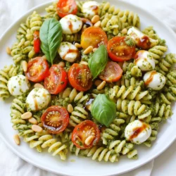 - 8 ounces fusilli pasta - 1 cup cherry tomatoes, halved - 1 cup fresh mozzarella balls, halved - 1 cup fresh basil leaves, tightly packed - 1/4 cup pine nuts, toasted until golden - 1/2 cup extra-virgin olive oil - 2 cloves garlic, minced - 1/2 teaspoon sea salt - 1/4 teaspoon freshly ground black pepper - 1 tablespoon balsamic glaze (for drizzling) To make Caprese Pesto Pasta Salad, gather these ingredients. You need pasta, tomatoes, and mozzarella for the main part. The fusilli pasta gives a nice twist and holds flavor well. Halved cherry tomatoes add sweetness. Fresh mozzarella brings creaminess to the dish. Next, for the pesto, you will need fresh basil, pine nuts, and olive oil. Use tightly packed basil leaves for the best taste. Toasted pine nuts add a nutty flavor that enhances the pesto. Extra-virgin olive oil helps blend everything smoothly. Lastly, season your salad with minced garlic, sea salt, and black pepper. These simple seasonings make the dish shine. Drizzle balsamic glaze on top for a touch of sweetness and color. Keep this list handy as you prepare your salad. Each ingredient plays a key role in making this dish fresh and flavorful! {{ingredient_image_2}} Start your dish by cooking the fusilli pasta. First, bring a large pot of salted water to a boil. This step is key for flavor. Once boiling, add the fusilli and cook it until al dente, which means it should still have a little bite. This usually takes about 8-10 minutes. After cooking, drain the pasta in a colander. Rinse it under cold running water to stop the cooking process. This will help keep the pasta firm. Set it aside to cool completely. While the pasta cools, it&rsquo;s time to make the pesto. Grab a food processor and add fresh basil leaves, toasted pine nuts, minced garlic, sea salt, and black pepper. Pulse the mixture until it&rsquo;s coarsely chopped. You want to mix everything well. Next, turn on the food processor and slowly drizzle in the extra-virgin olive oil. Continue processing until the pesto becomes smooth and creamy. Pause to scrape down the sides if needed. This ensures a great texture. Now, let&rsquo;s bring everything together. In a large mixing bowl, combine the cooled fusilli pasta, halved cherry tomatoes, and halved mozzarella balls. Gently fold in the freshly made pesto. Make sure all the pasta and veggies are well coated with the vibrant sauce. After mixing, taste the salad. Adjust the seasoning if needed. You might want a pinch more salt or pepper. For the best flavor, cover the bowl and chill the pasta salad in the fridge for at least 30 minutes. This helps the flavors meld together. Before serving, drizzle balsamic glaze over the salad. You can also add some extra fresh basil leaves for color. Enjoy your fresh and flavorful Caprese Pesto Pasta Salad! To get a creamy pesto, pulse the basil, pine nuts, garlic, salt, and pepper together. Start with short bursts to avoid over-processing. This keeps your pesto thick and flavorful. Add olive oil slowly while blending. This helps create a smooth texture without losing the fresh taste. Refrigerating the salad lets the flavors blend well. I recommend chilling it for at least 30 minutes. This time allows the pasta to soak in the pesto goodness. A cold pasta salad tastes much better and refreshing. For a beautiful dish, serve your pasta salad in a large bowl. Use a colorful bowl to highlight the red tomatoes and green basil. Drizzle balsamic glaze on top for a lovely finish. You can add extra cherry tomatoes or basil for a nice touch. This makes your dish not only tasty but also eye-catching! Pro Tips Fresh Ingredients Matter: Always use the freshest basil, tomatoes, and mozzarella for the best flavor. Fresh ingredients enhance the overall taste of the dish significantly. Chill for Flavor: Allow the pasta salad to chill in the refrigerator for at least 30 minutes before serving. This helps the flavors meld together beautifully. Customize Your Pesto: Feel free to substitute pine nuts with walnuts or almonds if you prefer. Each nut will give the pesto a unique flavor profile. Presentation is Key: Serve the pasta salad in a vibrant bowl and garnish with extra basil leaves or halved cherry tomatoes for a visually appealing dish. {{image_4}} If you want to give your Caprese Pesto Pasta Salad a vegetarian twist, you can add some great ingredients. Here are a few suggestions: - Artichoke hearts: These add a nice tang. - Roasted red peppers: They bring a sweet flavor. - Spinach: Fresh or wilted, it adds color and nutrition. - Zucchini: Thinly sliced, it adds crunch and freshness. Feel free to mix and match these options to suit your taste! For those needing gluten-free pasta choices, there are plenty of options. Look for these types: - Brown rice pasta: It has a nice texture and flavor. - Quinoa pasta: This is protein-packed and very filling. - Chickpea pasta: It&rsquo;s rich in fiber and gives a unique taste. These alternatives will keep your dish delicious while meeting your dietary needs. Want to make your pasta salad even more special? Consider adding some extra mix-ins: - Black olives: They add a briny flavor. - Arugula: This gives a peppery kick. - Pine nuts: Add more for extra crunch and a nutty taste. - Fresh herbs: Try parsley or chives for more flavor. Mixing in these ingredients can elevate your salad to new heights! To store leftovers properly, place the Caprese Pesto Pasta Salad in an airtight container. This keeps the flavors fresh. Make sure it cools to room temperature before sealing. You can also cover the bowl with plastic wrap if you don't have a container. Avoid exposing it to air as this can dry it out. The pasta salad stays fresh in the fridge for about 3 to 5 days. After this time, the flavors may fade, and the ingredients may spoil. Always check for any signs of spoilage, like changes in texture or smell, before eating. You can freeze Caprese Pesto Pasta Salad, but it may change texture. The pasta might become mushy once thawed. If you want to freeze it, skip adding the tomatoes and mozzarella until you thaw it. Store the salad in a freezer-safe container, and it will last for about 1 to 2 months. When ready to eat, thaw it in the fridge overnight. Yes, you can use store-bought pesto. It saves time and is easy to find. However, homemade pesto tastes fresh and bright. Store-bought options may lack the depth of flavor you get from fresh herbs. Check the label for quality ingredients. Look for brands without added sugars or preservatives for the best taste. You can add many veggies to your Caprese Pesto Pasta Salad. Consider these options: - Spinach for a nice crunch. - Bell peppers for sweetness and color. - Zucchini for a fresh twist. - Cucumbers for a refreshing bite. These veggies add nutrition and flavor. Mix and match to suit your taste. To make your pasta salad more filling, add protein. Here are some ideas: - Grilled chicken for a hearty option. - Shrimp for a seafood twist. - Chickpeas for a plant-based boost. - Crumbled feta for added creaminess. These additions create a more balanced meal. Choose what you love! This blog post detailed how to make a delicious Caprese Pesto Pasta Salad. We covered the main ingredients, how to cook the pasta, and blend the perfect pesto. You learned tips for enhancing flavor and texture, plus fun variations. Remember, chilling increases taste, and don&rsquo;t hesitate to try new ingredients. This dish is easy to customize and can please any crowd. Enjoy making it and sharing it with friends or family!