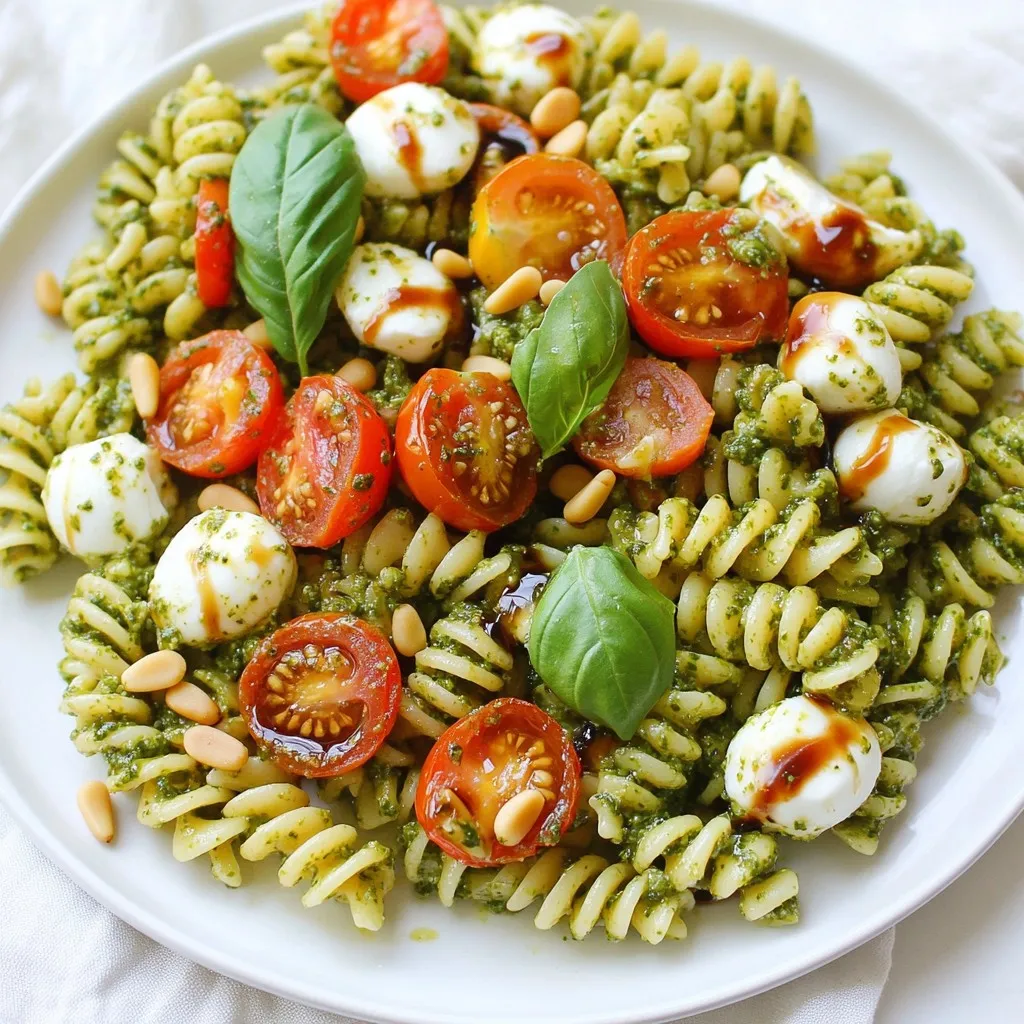 - 8 ounces fusilli pasta - 1 cup cherry tomatoes, halved - 1 cup fresh mozzarella balls, halved - 1 cup fresh basil leaves, tightly packed - 1/4 cup pine nuts, toasted until golden - 1/2 cup extra-virgin olive oil - 2 cloves garlic, minced - 1/2 teaspoon sea salt - 1/4 teaspoon freshly ground black pepper - 1 tablespoon balsamic glaze (for drizzling) To make Caprese Pesto Pasta Salad, gather these ingredients. You need pasta, tomatoes, and mozzarella for the main part. The fusilli pasta gives a nice twist and holds flavor well. Halved cherry tomatoes add sweetness. Fresh mozzarella brings creaminess to the dish. Next, for the pesto, you will need fresh basil, pine nuts, and olive oil. Use tightly packed basil leaves for the best taste. Toasted pine nuts add a nutty flavor that enhances the pesto. Extra-virgin olive oil helps blend everything smoothly. Lastly, season your salad with minced garlic, sea salt, and black pepper. These simple seasonings make the dish shine. Drizzle balsamic glaze on top for a touch of sweetness and color. Keep this list handy as you prepare your salad. Each ingredient plays a key role in making this dish fresh and flavorful! {{ingredient_image_2}} Start your dish by cooking the fusilli pasta. First, bring a large pot of salted water to a boil. This step is key for flavor. Once boiling, add the fusilli and cook it until al dente, which means it should still have a little bite. This usually takes about 8-10 minutes. After cooking, drain the pasta in a colander. Rinse it under cold running water to stop the cooking process. This will help keep the pasta firm. Set it aside to cool completely. While the pasta cools, it’s time to make the pesto. Grab a food processor and add fresh basil leaves, toasted pine nuts, minced garlic, sea salt, and black pepper. Pulse the mixture until it’s coarsely chopped. You want to mix everything well. Next, turn on the food processor and slowly drizzle in the extra-virgin olive oil. Continue processing until the pesto becomes smooth and creamy. Pause to scrape down the sides if needed. This ensures a great texture. Now, let’s bring everything together. In a large mixing bowl, combine the cooled fusilli pasta, halved cherry tomatoes, and halved mozzarella balls. Gently fold in the freshly made pesto. Make sure all the pasta and veggies are well coated with the vibrant sauce. After mixing, taste the salad. Adjust the seasoning if needed. You might want a pinch more salt or pepper. For the best flavor, cover the bowl and chill the pasta salad in the fridge for at least 30 minutes. This helps the flavors meld together. Before serving, drizzle balsamic glaze over the salad. You can also add some extra fresh basil leaves for color. Enjoy your fresh and flavorful Caprese Pesto Pasta Salad! To get a creamy pesto, pulse the basil, pine nuts, garlic, salt, and pepper together. Start with short bursts to avoid over-processing. This keeps your pesto thick and flavorful. Add olive oil slowly while blending. This helps create a smooth texture without losing the fresh taste. Refrigerating the salad lets the flavors blend well. I recommend chilling it for at least 30 minutes. This time allows the pasta to soak in the pesto goodness. A cold pasta salad tastes much better and refreshing. For a beautiful dish, serve your pasta salad in a large bowl. Use a colorful bowl to highlight the red tomatoes and green basil. Drizzle balsamic glaze on top for a lovely finish. You can add extra cherry tomatoes or basil for a nice touch. This makes your dish not only tasty but also eye-catching! Pro Tips Fresh Ingredients Matter: Always use the freshest basil, tomatoes, and mozzarella for the best flavor. Fresh ingredients enhance the overall taste of the dish significantly. Chill for Flavor: Allow the pasta salad to chill in the refrigerator for at least 30 minutes before serving. This helps the flavors meld together beautifully. Customize Your Pesto: Feel free to substitute pine nuts with walnuts or almonds if you prefer. Each nut will give the pesto a unique flavor profile. Presentation is Key: Serve the pasta salad in a vibrant bowl and garnish with extra basil leaves or halved cherry tomatoes for a visually appealing dish. {{image_4}} If you want to give your Caprese Pesto Pasta Salad a vegetarian twist, you can add some great ingredients. Here are a few suggestions: - Artichoke hearts: These add a nice tang. - Roasted red peppers: They bring a sweet flavor. - Spinach: Fresh or wilted, it adds color and nutrition. - Zucchini: Thinly sliced, it adds crunch and freshness. Feel free to mix and match these options to suit your taste! For those needing gluten-free pasta choices, there are plenty of options. Look for these types: - Brown rice pasta: It has a nice texture and flavor. - Quinoa pasta: This is protein-packed and very filling. - Chickpea pasta: It’s rich in fiber and gives a unique taste. These alternatives will keep your dish delicious while meeting your dietary needs. Want to make your pasta salad even more special? Consider adding some extra mix-ins: - Black olives: They add a briny flavor. - Arugula: This gives a peppery kick. - Pine nuts: Add more for extra crunch and a nutty taste. - Fresh herbs: Try parsley or chives for more flavor. Mixing in these ingredients can elevate your salad to new heights! To store leftovers properly, place the Caprese Pesto Pasta Salad in an airtight container. This keeps the flavors fresh. Make sure it cools to room temperature before sealing. You can also cover the bowl with plastic wrap if you don't have a container. Avoid exposing it to air as this can dry it out. The pasta salad stays fresh in the fridge for about 3 to 5 days. After this time, the flavors may fade, and the ingredients may spoil. Always check for any signs of spoilage, like changes in texture or smell, before eating. You can freeze Caprese Pesto Pasta Salad, but it may change texture. The pasta might become mushy once thawed. If you want to freeze it, skip adding the tomatoes and mozzarella until you thaw it. Store the salad in a freezer-safe container, and it will last for about 1 to 2 months. When ready to eat, thaw it in the fridge overnight. Yes, you can use store-bought pesto. It saves time and is easy to find. However, homemade pesto tastes fresh and bright. Store-bought options may lack the depth of flavor you get from fresh herbs. Check the label for quality ingredients. Look for brands without added sugars or preservatives for the best taste. You can add many veggies to your Caprese Pesto Pasta Salad. Consider these options: - Spinach for a nice crunch. - Bell peppers for sweetness and color. - Zucchini for a fresh twist. - Cucumbers for a refreshing bite. These veggies add nutrition and flavor. Mix and match to suit your taste. To make your pasta salad more filling, add protein. Here are some ideas: - Grilled chicken for a hearty option. - Shrimp for a seafood twist. - Chickpeas for a plant-based boost. - Crumbled feta for added creaminess. These additions create a more balanced meal. Choose what you love! This blog post detailed how to make a delicious Caprese Pesto Pasta Salad. We covered the main ingredients, how to cook the pasta, and blend the perfect pesto. You learned tips for enhancing flavor and texture, plus fun variations. Remember, chilling increases taste, and don’t hesitate to try new ingredients. This dish is easy to customize and can please any crowd. Enjoy making it and sharing it with friends or family!