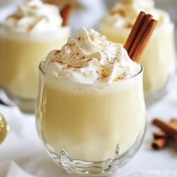 - 4 large eggs - 1/2 cup granulated sugar - 2 cups whole milk - 1 cup heavy cream - 1/2 cup non-alcoholic amaretto syrup - 1 teaspoon pure vanilla extract - 1/2 teaspoon freshly grated nutmeg - 1/2 teaspoon ground cinnamon - Optional: whipped cream, cinnamon stick The ingredients for Amaretto Eggnog are simple yet delightful. You need four large eggs for a rich base. The granulated sugar sweetens the drink, making it a treat. Use two cups of whole milk and one cup of heavy cream. This mix gives your eggnog its creamy texture. For flavor, you will add half a cup of non-alcoholic amaretto syrup. This syrup brings a sweet, almond taste. You also need one teaspoon of pure vanilla extract. This adds warmth and depth. Freshly grated nutmeg is key to that holiday flavor. Use half a teaspoon for the right touch. Ground cinnamon is another important spice. It adds warmth and a lovely aroma, so use half a teaspoon of that as well. Lastly, consider optional garnishes. Whipped cream on top makes it pretty. A cinnamon stick adds charm and a hint of spice. With these ingredients, you create a festive drink that everyone will love. {{ingredient_image_2}} Start by whisking the eggs and sugar for about 2-3 minutes. You want the mix to become frothy but not too bubbly. Use a large bowl and a good whisk for the best results. Make sure you blend the sugar well with the eggs. This step is key for a smooth drink. Next, heat 2 cups of whole milk and 1 cup of heavy cream. Use medium-low heat on your stove. Stir the mix often. You want it warm but not boiling, which should take around 5 minutes. If it boils, the texture will not be smooth later. Now comes the fun part! Slowly pour the warm milk and cream mix into the egg and sugar blend. Do this in a steady stream while whisking constantly. This step is called tempering. It helps keep the eggs from scrambling. Take your time to ensure everything comes together nicely. After combining, return the mixture to the saucepan. Heat it on low for about 5-7 minutes. Stir it constantly. You&rsquo;ll know it&rsquo;s ready when it thickens slightly and coats the back of a spoon. Avoid boiling to keep the texture smooth and creamy. Once thick, remove the saucepan from the heat. Let it cool to room temperature. This cooling time is important. After it cools, transfer it to the fridge and chill for at least 2 hours. Chilling helps the flavors mix and improves the taste. When you are ready to serve, pour the chilled eggnog into glasses. I recommend using clear glassware to show off the creamy drink. Top each glass with whipped cream and a sprinkle of cinnamon. For a nice touch, add a cinnamon stick for garnish. Enjoy your Amaretto Eggnog Cocktail! To get the right texture, controlling temperature is key. When you heat the milk and cream, do not let it boil. If it boils, the mix can curdle. This will ruin your eggnog. Keep the heat low and stir often. A common mistake is rushing the mixing process. When you combine the milk and cream with the egg mix, pour slowly. This helps temper the eggs. If you pour too fast, the eggs can scramble. For extra flavor, consider using alternative spices. Nutmeg and cinnamon are great, but try adding a pinch of cloves or ginger. They can give your drink a warm twist. If you want a sweeter drink, adjust the sugar. You can add more sugar or use maple syrup for a unique taste. Just remember to taste as you go to find the right balance. To get stiff peaks in your whipped cream, start with cold cream. Use a chilled bowl and beaters for the best results. Whip until you see peaks form but don&rsquo;t over-whip. If you want to skip whipped cream, try using an alternative like coconut cream. It adds a nice flavor and works well as a topping. You can also use flavored whipped toppings for a fun twist. Pro Tips Whisking Technique: Ensure you whisk the eggs and sugar vigorously for a frothy texture, which helps create a light and creamy eggnog. Temperature Control: When heating the milk and cream, avoid boiling to prevent curdling. Warm it gently for the best texture. Tempering Eggs: Pour the warm milk mixture into the eggs slowly while whisking constantly. This technique prevents scrambling and ensures a smooth custard. Chilling Time: Allow the eggnog to chill for at least 2 hours. This resting period enhances the flavors and improves the overall creaminess. {{image_4}} You can add a little kick to your Amaretto eggnog. Use regular amaretto instead of the non-alcoholic syrup. Start with 1/2 cup of amaretto. Stir it in after you remove the eggnog from heat. This step keeps the alcohol flavor without cooking it away. Be mindful of how much you drink, especially if you plan to serve this drink at a party. Enjoy responsibly. If you want a dairy-free eggnog, there are great options. Use almond milk, coconut milk, or oat milk in place of whole milk. For the heavy cream, try coconut cream or cashew cream. These substitutes will still give you a rich and creamy texture. Look for unsweetened versions to control the sweetness of your drink. You can make your eggnog unique by adding flavors. Try mixing in a splash of coffee for a mocha twist. You can also add a bit of cocoa powder for a chocolate flavor. For a spicy kick, consider adding a dash of ginger or allspice. Each of these options will make your drink special and fun to share with friends and family. To store leftover eggnog, use an airtight container. A glass jar or a plastic pitcher works well. Make sure to seal it tightly. In the refrigerator, your eggnog lasts for about 3 to 5 days. Be sure to check for any changes in smell or texture before serving. You can freeze eggnog for longer storage. Pour it into freezer-safe containers, leaving space for expansion. Eggnog can freeze well for up to 3 months. When you&rsquo;re ready to enjoy it, move it to the fridge overnight to thaw. Once thawed, stir well before serving. You can gently reheat it on low heat if you prefer it warm. Homemade eggnog has a shorter shelf life than store-bought. Generally, it&rsquo;s safe to consume for about 3 to 5 days in the fridge. If you see any signs of spoilage, like an off smell or curdling, it&rsquo;s best to discard it. Always prioritize food safety to ensure a delightful experience. Yes, you can use regular amaretto. It will change the drink's flavor and strength. If you use regular amaretto, reduce the sugar in the recipe. This helps balance the sweetness. Remember, the original drink will have more alcohol this way. Homemade eggnog can last about 3 to 5 days in the fridge. Use a clean container with a tight lid for best results. Always check for any off smells or changes before serving. If you see any signs of spoilage, throw it out. This keeps you safe from foodborne illnesses. If you need an egg substitute, use silken tofu or a banana. For one egg, use 1/4 cup of silken tofu. Blend it until smooth. Alternatively, mash half a banana for one egg. Both options work well for a creamy texture. Yes, you can make it kid-friendly. Simply replace the non-alcoholic syrup with regular milk. Add some vanilla for extra flavor. You can also give it a fun twist with whipped cream and sprinkles. This makes it festive and enjoyable for kids. This blog post details how to make a classic eggnog cocktail. It covers the key ingredients, from eggs to spices. I shared step-by-step instructions to help you get the perfect texture and flavor. You learned tips for serving, personalizing, and storing eggnog, along with answers to common questions. Homemade eggnog brings joy and warmth to gatherings. With these tips, you can impress friends and family. Enjoy your eggnog creations and make them your own!