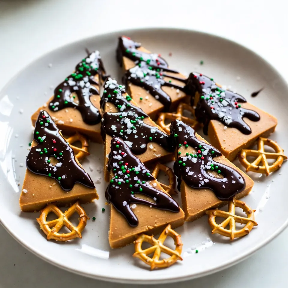 - 1 cup creamy peanut butter - 1/2 cup powdered sugar - 1/2 teaspoon vanilla extract - 1 cup chocolate chips - 1 teaspoon coconut oil - Sea salt flakes for sprinkling - Green and red sprinkles (for decoration) - Optional: Mini pretzels for tree trunks When making salted peanut butter Christmas trees, you’ll need a few simple ingredients. Start with creamy peanut butter. This gives the trees their rich flavor. Next, add powdered sugar. It adds sweetness and helps bind the mixture. Vanilla extract enhances the taste. For the chocolate coating, gather chocolate chips and coconut oil. The oil helps the chocolate melt smoothly. Sea salt flakes give a nice salty kick. Use green and red sprinkles for a festive touch. Lastly, mini pretzels can serve as cute tree trunks. These ingredients come together to create a fun and tasty holiday treat. {{ingredient_image_2}} Start by mixing the creamy peanut butter, powdered sugar, and vanilla extract. Use a spatula or wooden spoon to blend them well. Keep stirring until the mixture is smooth. You want it lump-free for a nice texture in the trees. Next, take about 2 tablespoons of the peanut butter mixture. Mold it into a tree shape. Make it wider at the bottom and pointier at the top. This gives it a nice tree look. Keep shaping until you have several trees. Now, it's time to chill the trees. Place them on a parchment-lined baking sheet. Put the baking sheet in the freezer for about 20 minutes. Chilling helps the trees hold their form and makes them easier to coat later. While the trees chill, melt the chocolate. In a microwave-safe bowl, mix chocolate chips with coconut oil. Heat in 30-second bursts, stirring in between. Keep heating until the chocolate is smooth and melted. This step is key for a nice, even coating. Once the trees are chilled, take them out of the freezer. Use a fork to dip each tree into the melted chocolate. Make sure each tree gets fully coated. Shake off extra chocolate before placing them back on the baking sheet. While the chocolate is still wet, sprinkle on sea salt and add colorful green and red sprinkles. You can also add mini pretzels to look like tree trunks. Finally, to set the chocolate, return the dipped trees to the parchment-lined baking sheet. Refrigerate them for about 30 minutes. This ensures the chocolate hardens properly, making your treats ready to enjoy! To mold the perfect tree, start with a scoop of the peanut butter mix. Use about 2 tablespoons for each tree. Shape it into a triangle. Make the bottom wider and the top pointy. This gives it a classic tree look. If the mix is too sticky, wet your hands a bit. This helps shape without making a mess. To dip your trees without a mess, use a fork. First, gently lower the tree into the melted chocolate. Make sure it gets fully coated. After dipping, lift it out and let the excess chocolate drip back into the bowl. You can also tap the fork against the bowl to shake off extra chocolate. This keeps the coating even and smooth. Get creative with decorations! While the chocolate is still wet, sprinkle sea salt and colorful sprinkles on top. You can use green and red sprinkles for a festive touch. For an extra twist, add a mini pretzel at the base of each tree. This gives the look of a tree trunk. Try different sprinkle shapes or edible glitter for fun! Pro Tips Chill Your Mixture: For easier shaping, chill the peanut butter mixture for about 10 minutes before molding it into trees. Perfect Chocolate Coating: Ensure the chocolate is smooth and free of lumps by stirring well between heating intervals. Sprinkle Immediately: Add your decorations right after dipping while the chocolate is still wet for better adherence. Experiment with Flavors: Try adding a pinch of cinnamon or nutmeg to the peanut butter mixture for a festive twist! {{image_4}} If you want a nut-free treat, try using sunflower seed butter. This spread has a similar creamy texture. You can also use soy nut butter for a perfect swap. Both options keep the taste rich and satisfying. Just mix in the same way as you would with peanut butter. You can add fun flavors to your trees! A drop of almond extract gives a nice twist. You can also mix in cinnamon for a warm spice. For a minty touch, add peppermint extract. Each flavor adds a new layer to your trees. Get creative and see which ones you love most! Decorating your trees can be a blast! Use candy eyes to make them look playful. You can also use edible glitter for a magical touch. For a winter theme, dust them with powdered sugar to mimic snow. Think about holiday colors too. Red and green sprinkles add a festive flair. Personalize your trees for every celebration! To keep your salted peanut butter Christmas trees fresh, store them in an airtight container. This will prevent air and moisture from ruining their texture. If you want to save space, you can layer wax paper between the trees. This method helps keep them from sticking together. Keep the container in a cool, dry place. For best results, eat them within a week. You can freeze the peanut butter trees for later enjoyment. Place the trees on a baking sheet and freeze them for about an hour. Once firm, transfer them to a freezer-safe bag or container. Make sure to remove as much air as possible. When you’re ready to serve, take them out of the freezer and let them thaw at room temperature for about 20-30 minutes. This keeps them fresh and tasty. The trees last about a week when stored properly at room temperature. In the fridge, they can last up to two weeks. If frozen, they can stay good for about three months. Always check for any changes in smell or texture before eating. This will help ensure they are still safe to enjoy. Yes, you can use crunchy peanut butter. It will change the texture. The trees will have a nice crunch. This adds a fun twist to the treat. The flavor will still be rich and tasty. However, expect a more rustic look. The trees might not hold shape as well. You can prepare the trees a day in advance. Make the peanut butter mixture and shape the trees. Chill them in the freezer for 20 minutes. Then, store them in an airtight container. Keep them in the fridge until you are ready to dip in chocolate. This saves time on busy days. If you want a dairy-free option, try dark chocolate. You can also use dairy-free chocolate chips. Another option is carob chips for a unique flavor. Melt them just like regular chocolate. They will coat the trees beautifully. This recipe includes common allergens like peanuts and dairy. If someone has a nut allergy, use sunflower seed butter instead. For chocolate, look for allergy-friendly brands. Always check labels for hidden allergens. This ensures everyone can enjoy the treat safely. This blog post covered a fun and tasty way to make peanut butter Christmas trees. You learned about the ingredients, step-by-step instructions, and useful tips to shape and decorate your trees. Adding your own twist with different flavors and themes makes it more exciting. Remember, the key is to chill the trees and ensure the chocolate sets properly. Enjoy your sweet creations and share them with friends and family. Let your creativity shine as you decorate and personalize each tree!