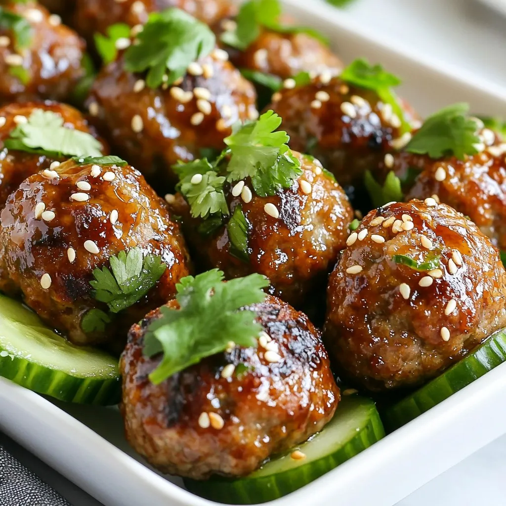 To make Korean BBQ meatballs, you need these main ingredients: - 1 lb ground beef (or a mix of beef and pork) - 1/2 cup breadcrumbs - 1/4 cup finely chopped green onions - 1/4 cup sesame seeds - 2 cloves minced garlic - 1 tablespoon grated fresh ginger - 1/4 cup soy sauce - 2 tablespoons brown sugar - 1 tablespoon gochujang (Korean chili paste) - 1 tablespoon rice vinegar - 1 tablespoon sesame oil - Salt and pepper to taste - Fresh cilantro for garnish If you want to switch up the ground meat, you have options. Ground turkey or chicken can work well too. These meats are leaner, making a healthier dish. You can also try ground lamb for a unique flavor. If you want a vegetarian option, use plant-based meat alternatives. These can mimic the taste and texture of meatballs. Seasonings and sauces make this dish special. The soy sauce adds umami, giving the meatballs depth. Brown sugar balances the savory flavors with sweetness. Gochujang brings heat and a hint of sweetness, making the meatballs exciting. Rice vinegar adds a nice tang that cuts through the rich flavors. Sesame oil provides a fragrant aroma that enhances the dish. Using these seasonings creates a well-rounded flavor profile everyone will love. {{ingredient_image_2}} Start by gathering your ingredients. In a large bowl, combine: - 1 lb ground beef (or a mix of beef and pork) - 1/2 cup breadcrumbs - 1/4 cup finely chopped green onions - 1/4 cup sesame seeds - 2 cloves minced garlic - 1 tablespoon grated fresh ginger Use your hands to mix these ingredients. Make sure everything blends well. This step is key to making juicy meatballs. In a small bowl, whisk together: - 1/4 cup soy sauce - 2 tablespoons brown sugar - 1 tablespoon gochujang - 1 tablespoon rice vinegar - 1 tablespoon sesame oil - A pinch of salt and pepper Stir until the brown sugar dissolves. This sauce adds a rich flavor to the meatballs. Preheat your oven to 400&deg;F (200&deg;C). Line a baking sheet with parchment paper. This helps prevent sticking. Now, form the meat mixture into small balls, about 1-2 inches wide. Place them on the sheet, spaced apart. Bake for 15-20 minutes. The meatballs should turn brown and be cooked inside. For extra flavor, switch to broil for 2-3 minutes. Watch closely; you don&rsquo;t want them to burn. Let the meatballs rest for a few minutes after baking. This keeps them juicy. Then, garnish with fresh cilantro and extra sesame seeds before serving. To keep your meatballs juicy, use ground beef and pork. This mix adds great flavor. The fat in the meat helps keep them moist. Also, do not overmix the meat. This keeps the meatballs tender. Make sure to let them rest after baking. This helps the juices settle inside. For even cooking, make all meatballs the same size. Aim for about 1-2 inches in diameter. This helps them cook evenly. Space them out on the baking sheet. If they are too close, they may steam instead of bake. Broiling them at the end gives a nice brown crust. Just watch them closely so they do not burn. Garnishing makes your dish look great. Sprinkle fresh cilantro on top for a pop of color. Add extra sesame seeds for crunch and style. Use a decorative platter for serving. Place toothpicks next to the meatballs for easy eating. You can also add cucumber slices. They give a fresh crunch that pairs well with the flavors. Pro Tips Use High-Quality Meat: Choosing high-quality ground beef or a blend of beef and pork will enhance the flavor and texture of your meatballs. Adjust Spice Levels: Modify the amount of gochujang based on your preference for heat. You can start with less and add more to suit your taste. Chill Before Baking: For firmer meatballs, chill them in the refrigerator for about 30 minutes before baking. This helps them hold their shape better. Experiment with Add-ins: Feel free to add other ingredients like chopped bell peppers or grated carrots to the meat mixture for extra flavor and nutrition. {{image_4}} You can make Korean BBQ meatballs vegetarian or vegan. Replace the ground beef with plant-based ground meat. Options include lentils, chickpeas, or mushrooms. Mix these with breadcrumbs and green onions. Use a vegan soy sauce and leave out the eggs. This way, the meatballs will still have great flavor and texture. If you love spice, add more gochujang to the mix. One extra tablespoon can really kick up the heat. You can also mix in some chopped red chili peppers. This adds fresh heat and color to your meatballs. Always taste the mixture before cooking. Adjust the spice level to your liking. Adding herbs and vegetables can change the flavor. Try mixing in chopped cilantro or basil for a fresh twist. You can also add grated carrots or diced bell peppers for extra crunch. These ingredients not only add taste but also increase nutrition. Get creative and use what you have on hand! To store leftover meatballs, let them cool first. Place them in an airtight container. Make sure to keep them in the fridge. They stay fresh for up to three days. If you want to keep them longer, consider freezing them. When freezing meatballs, wrap them tightly in plastic wrap. Then, place them in a freezer-safe bag. This helps to prevent freezer burn. Label the bag with the date. Frozen meatballs can last for up to three months. For reheating, the oven works best. Preheat your oven to 350&deg;F (175&deg;C). Place the meatballs on a baking sheet. Heat for about 15-20 minutes until warm. You can also reheat them in the microwave. Use a microwave-safe dish and cover it. Heat in 30-second intervals until hot. Enjoy the great taste! Yes, you can use ground turkey or chicken. These meats are leaner than beef. They work well in this recipe. Just keep an eye on cooking time. Ground turkey usually cooks faster. Chicken has a mild flavor, so add more seasoning. Use the same amount as beef in the recipe. Serve these meatballs with a variety of sides. Here are some great options: - Steamed rice for a filling base - Fresh cucumber slices for crunch - Kimchi for a spicy kick - A side salad for freshness - Noodles tossed in sesame oil for a twist These sides complement the meatballs well. You can mix and match based on your taste. Check the meatballs after baking for 15-20 minutes. They should have a nice brown crust. Use a meat thermometer for best results. The internal temperature should reach 165&deg;F (74&deg;C). If you don&rsquo;t have a thermometer, cut one open. The meat should be no longer pink and juices should run clear. Allow them to rest a few minutes before serving. This helps keep them juicy! This blog post explores delicious Korean BBQ meatballs. We covered key ingredients, alternatives for meat, and seasoning importance. You learned step-by-step instructions for making the meat mixture and sauce. Tips keep meatballs juicy and ensure uniform cooking. We discussed vegetarian options and ways to spice things up. Plus, you found out how to store and reheat leftovers. Remember, these meatballs can be a fun meal and great for sharing. Enjoy the process, and make it your own!