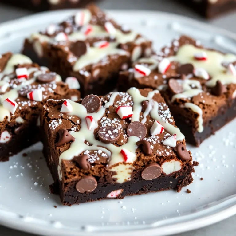 To make these delightful peppermint bark brownies, you'll need a few simple ingredients. Here’s the complete list: - 1 cup unsalted butter - 2 cups granulated sugar - 4 large eggs - 1 teaspoon pure vanilla extract - 1 cup all-purpose flour - 1/2 cup unsweetened cocoa powder - 1/2 teaspoon salt - 1/4 teaspoon baking powder - 1 cup semi-sweet chocolate chips - 1 cup crushed peppermint candies (or crushed candy canes) - 1 cup white chocolate chips Each item plays a key role in creating the rich, fudgy base. The butter adds moisture, while the sugar helps create that sweet, gooey texture. Eggs bind it all together, providing structure. The cocoa powder brings the chocolate goodness, and the baking powder gives rise. The semi-sweet chocolate chips add extra bursts of chocolate flavor. Crushed peppermint candies add that festive crunch and minty freshness, while white chocolate chips melt beautifully on top. These ingredients combine to create a treat that is not just tasty but also visually appealing. The layers of chocolate and peppermint give these brownies their signature look and flavor. {{ingredient_image_2}} - Set temperature to 350°F (175°C). - Prepare a 9x13 inch baking pan by greasing it lightly and lining it with parchment paper. - In a medium saucepan, melt 1 cup of unsalted butter over low heat. - Stir in 2 cups of granulated sugar until smooth. - Add 4 large eggs one at a time, mixing well after each. - Stir in 1 teaspoon of pure vanilla extract until everything is combined. - In a separate bowl, whisk together 1 cup of all-purpose flour, 1/2 cup of cocoa powder, 1/2 teaspoon of salt, and 1/4 teaspoon of baking powder. - Gently fold this dry mix into the wet mixture until just blended. Avoid overmixing to keep your brownies fudgy. - Carefully fold in 1 cup of semi-sweet chocolate chips with a spatula. Make sure they are evenly spread throughout the batter. - Pour the brownie batter into the prepared baking pan and spread it evenly. - Bake in the preheated oven for 25-30 minutes. Use a toothpick to check for doneness; it should come out with a few moist crumbs. - While the brownies bake, melt 1 cup of white chocolate chips in a microwave-safe bowl. Heat in 30-second bursts, stirring in between until smooth. - Once the brownies are out of the oven, sprinkle 1 cup of crushed peppermint candies over the warm surface. - Drizzle the melted white chocolate over the peppermint layer in a fun pattern. Allow the brownies to cool completely for about 1 hour before cutting. - Use the parchment paper to lift the brownies out of the pan. Cut them into squares or rectangles for serving. - Use a toothpick to check for doneness. Insert it into the center of brownies. If it comes out with a few moist crumbs, they are ready. - Avoid overmixing your batter. This keeps your brownies fudgy and moist. Mix just until you see no dry flour. - Decorate your brownies with extra crushed peppermint candies. This adds color and a fun crunch. - Serve the brownies on a festive platter. A light dusting of powdered sugar gives a snowy effect, making them look even more special. - For a cakier texture, add an extra egg to your batter. This gives a lighter feel. - Substitute half the butter with vegetable oil. This boosts moisture and keeps brownies soft. Pro Tips Use Room Temperature Ingredients: Allow your eggs and butter to come to room temperature before mixing. This helps to create a smoother batter and ensures even baking. Don’t Overmix: When combining the wet and dry ingredients, mix just until combined. Overmixing can lead to tough brownies. Chill for Clean Cuts: For perfectly clean cuts, refrigerate the brownies for about 30 minutes after cooling. This makes slicing much easier! Customize Your Toppings: Feel free to experiment with different toppings like crushed nuts or drizzled caramel for a unique twist on the classic peppermint bark flavor. {{image_4}} You can enjoy these brownies without gluten. Just use gluten-free all-purpose flour. This simple swap keeps the texture rich and fudgy. You may need to adjust the baking time a little. Start checking for doneness a few minutes early. Want to change things up? Add espresso powder for a mocha flavor. It gives the brownies a warm, rich taste. You can also mix in some orange zest. This gives a bright, fresh twist that pairs well with chocolate. Each variation adds a unique touch to your brownies. You can customize the toppings to suit your taste. Swap white chocolate with dark chocolate for a deeper flavor. If you like a crunch, add crushed nuts on top. A drizzle of caramel also works well for extra sweetness. These options let you create your perfect peppermint bark brownies! To keep your peppermint bark brownies fresh, store them in an airtight container at room temperature. This helps maintain their rich taste and chewy texture. If you want them to last longer, refrigerate them. This will keep them fresh for several days. You can freeze brownies for up to 3 months. To do this, cut them into squares and wrap each piece tightly in plastic wrap. Place the wrapped brownies in a freezer-safe bag or container. When you're ready to enjoy them, thaw in the fridge overnight. For quicker thawing, leave them at room temperature for about an hour. At room temperature, these brownies stay fresh for about 4-5 days. If you refrigerate them, they can last up to a week. Watch for signs of spoilage, like a change in smell or appearance. If they look dry or have mold, it’s best to throw them away. Enjoy your brownies while they are still tasty and delightful! Peppermint bark brownies can last for up to one week when stored properly. Keep them in an airtight container at room temperature. If you want them to last longer, place them in the fridge. This helps keep them fresh for up to two weeks. Always check for any signs of spoilage, like an off smell or dry texture. Yes, you can make these brownies ahead of time. Bake them a day or two before you need them. Let the brownies cool completely before storing. Wrap them tightly in plastic wrap or place them in an airtight container. This keeps them moist and fresh. You can also freeze them for up to three months. Just remember to thaw them at room temperature before serving. If you can't find peppermint candies, there are tasty alternatives. You can use crushed chocolate mints or even crushed toffee candies. For a different flavor, try using crushed gingerbread cookies or chopped nuts. You can also switch to a different extract like almond or orange for a fun twist. In this blog post, we walked through an easy recipe for rich peppermint bark brownies. You learned how to gather your ingredients, bake, and add festive touches. Remember, use fresh ingredients and follow the steps closely for the best results. I encourage you to try different flavors and toppings as you explore this recipe. Enjoy sharing these treats with friends and family during special occasions. Your baking skills will shine with every bite!