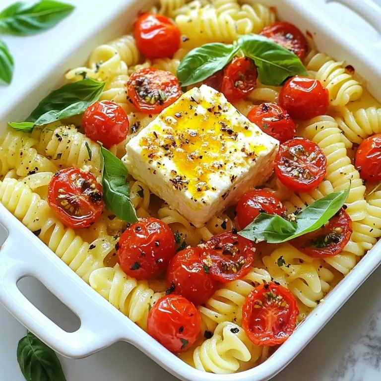 - 200g pasta (penne or fusilli recommended) - 200g block of feta cheese - 400g cherry tomatoes, halved - 4 cloves garlic, minced - 4 tablespoons extra virgin olive oil - 1 teaspoon dried oregano - 1 teaspoon red pepper flakes (more or less to taste) - Salt and freshly ground black pepper, to taste - Fresh basil leaves for garnish - Zest of 1 lemon (optional, for a bright flavor boost) To make Baked Feta Tomato Pasta, you need just a few key ingredients. First, pick a pasta. I suggest penne or fusilli. They hold the sauce well and give great texture. Next, get a block of feta cheese. It will soften and mix well with the tomatoes. Use ripe cherry tomatoes that burst with flavor when baked. Garlic adds a nice touch, too. For seasoning, you'll need olive oil, dried oregano, and red pepper flakes. Adjust the spice to your taste. Don’t forget salt and freshly ground black pepper. These enhance all the flavors. For garnish, fresh basil leaves bring color and taste. If you want a zesty kick, add lemon zest. It brightens the dish and makes it stand out. These simple ingredients come together to create a meal that is both delicious and easy to make. Enjoy! {{ingredient_image_2}} First, you need to preheat the oven to 200°C (400°F). This step is key. It helps cook the dish evenly. While the oven warms up, you can prepare the tomatoes and garlic. Take a large, oven-safe baking dish. Add the halved cherry tomatoes and minced garlic. Sprinkle in a teaspoon of dried oregano and red pepper flakes. Season with salt and freshly ground black pepper to your taste. Next, drizzle two tablespoons of extra virgin olive oil over the tomato mixture. Toss everything gently to coat the tomatoes well. Now, create a well in the center of this mixture. Place the block of feta cheese right into this space. Press it down slightly to submerge it in the juices. For added flavor, drizzle the remaining two tablespoons of olive oil directly over the feta. While your dish bakes, bring a pot of salted water to a boil. Cook 200 grams of pasta (penne or fusilli) according to the package instructions. Aim for an al dente texture. Before draining, reserve one cup of the starchy pasta water. This water is crucial for the sauce later. After thirty minutes, carefully take the baking dish out of the oven. Use a fork to mash the softened feta and mix it with the roasted tomatoes. This creates a creamy sauce. Add the drained pasta directly into the baking dish. Stir everything together, gradually adding the reserved pasta water until you reach your desired sauce consistency. Taste the mixture and adjust the seasoning with more salt and pepper if needed. If you want, sprinkle lemon zest over the dish to brighten the flavors. - Achieving the perfect al dente pasta: Cook your pasta in salted water until it is firm to the bite. This usually takes about 8-10 minutes. Check the package for exact times. Remember, the pasta will soften more when mixed with the sauce. - Ensuring the feta melts nicely: Use a block of feta, not crumbled. Place it in the center of the tomatoes. When baked, it will soften and mix well with the other flavors. Drizzle olive oil over the feta before baking. This helps it melt beautifully. - Presentation ideas for serving: Serve the pasta straight from the baking dish for a casual feel. For a fancier look, plate individual servings. Add a sprinkle of black pepper and extra basil on top. - Complementary side dishes: Pair your baked feta tomato pasta with a fresh salad. A simple green salad with lemon dressing works well. Garlic bread is also a great choice. It adds crunch and is perfect for dipping. - Alternative seasoning options: Try adding a pinch of Italian seasoning or lemon zest for brightness. You can also adjust the heat by changing the amount of red pepper flakes. - How to use herbs for a flavor boost: Fresh herbs like thyme or parsley can elevate the dish. Add them just before serving to keep their vibrant flavor. You can also sprinkle some fresh basil for extra aroma and taste. Pro Tips Use Quality Feta: Choose a good quality feta cheese for the best flavor. Authentic Greek feta is typically creamier and adds a richer taste to the dish. Adjust Spice Levels: Feel free to modify the amount of red pepper flakes according to your heat preference. Adding them gradually can help you find the perfect balance. Experiment with Veggies: Add other vegetables like spinach, zucchini, or bell peppers to the mix before baking to enhance nutrition and flavor. Make it Ahead: This dish can be prepped ahead of time. Assemble everything and store it in the fridge. Just bake it when you’re ready to serve! {{image_4}} For those who need gluten-free options, you can use gluten-free pasta. Many brands offer great alternatives. Look for rice or chickpea-based pasta. These options still taste good while keeping your meal safe for gluten-free diets. If you want to make this dish vegan, swap the feta cheese. You can use a plant-based feta or try tofu. Crumbled tofu works well when seasoned. Feel free to add more veggies to your pasta. Spinach adds a nice green touch. Bell peppers can bring sweetness and color. You can toss them in before baking for extra flavor and nutrition. For protein, consider adding chicken or shrimp. Cook the chicken in the oven or sauté the shrimp on the stove. Both options will make your meal heartier and more filling. Herbs can change the whole taste of your dish. Try using thyme or rosemary for a different flavor. These herbs pair well with the tomatoes and feta. You can also play with spices. Cumin adds warmth, while smoked paprika gives a nice depth. Just add a pinch to elevate your dish even more. To keep your baked feta tomato pasta fresh, store it in an airtight container. This helps prevent any extra moisture from making it soggy. Refrigerate your leftovers within two hours of cooking. Pasta can dry out, so add a splash of olive oil before sealing the container. This will help keep it creamy and tasty. When it's time to enjoy your leftovers, reheat gently. Use a microwave or stovetop. If using a microwave, place the pasta in a bowl and cover it. Heat in short bursts, stirring often to keep the texture smooth. On the stovetop, add a little water or olive oil in a pan. Warm it on low heat, stirring frequently for even heating. To refresh flavors, taste and add a pinch of salt, pepper, or fresh herbs before serving. Baked Feta Tomato Pasta will last for about 3 to 5 days in the fridge. Store it in an airtight container to keep it fresh. The flavors may deepen over time, making it even tastier. Just remember to check for any signs of spoilage before enjoying your leftovers. Yes, you can use frozen tomatoes and feta. However, be aware that the texture may change once thawed. Frozen tomatoes might release more water when cooked, so adjust your cooking time accordingly. Thawed feta may not crumble as easily, but it will still taste great in this dish. Serve Baked Feta Tomato Pasta straight from the baking dish for a cozy feel. You can also plate individual servings for a more elegant look. Top with fresh basil leaves and a sprinkle of black pepper for a nice finish. Pair it with a light salad or some crusty bread for a complete meal. Yes, you can prepare Baked Feta Tomato Pasta ahead of time. You can assemble the dish and store it in the fridge before baking. When you’re ready to eat, just pop it in the oven. This makes it easy for busy nights or when entertaining guests. In this blog post, we covered how to make a delicious baked feta tomato pasta. We explored key ingredients, step-by-step instructions, and useful tips. Remember to experiment with flavors and adjust as you see fit. Whether you follow the recipe closely or try variations, this dish will delight your taste buds. Enjoy your cooking and make this meal a favorite for family and friends!