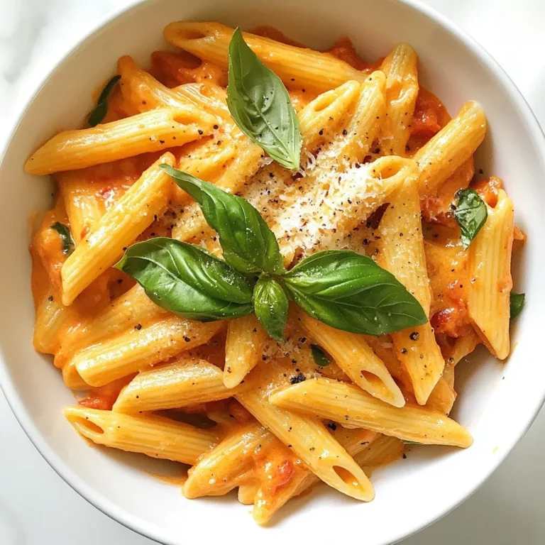 - 12 oz pasta (like penne or fusilli) - 2 tablespoons extra-virgin olive oil - 3 cloves garlic, finely minced - 1 teaspoon red pepper flakes (to taste) - 1 can (14 oz) crushed tomatoes - 1 cup heavy cream - 1 cup freshly grated Parmesan cheese - 1 teaspoon dried basil - Salt and freshly ground black pepper, to taste - Fresh basil leaves, for garnish Using fresh, high-quality ingredients makes a big difference. Fresh pasta tastes better and has a nice bite. Extra-virgin olive oil adds rich flavor and depth. Using whole tomatoes gives the sauce a sweet taste. Freshly grated Parmesan melts nicely and enhances the creaminess. Quality ingredients elevate your dish, making it a true delight. You can easily adjust this recipe for different diets. For gluten-free pasta, choose a gluten-free brand. If you want a lighter dish, use half-and-half instead of heavy cream. For a vegan option, swap in coconut cream and nutritional yeast for cheese. You can also use cashew cream for richness. These swaps keep the dish flavorful while catering to your needs. {{ingredient_image_2}} First, grab a large pot. Fill it with water and add a generous amount of salt. Bring the water to a rolling boil. Now, add 12 oz of your favorite pasta, like penne or fusilli. Cook it according to the package directions until it is al dente. This means it should be firm but tender. When it's done, drain the pasta. Make sure to save 1 cup of that starchy water. It’s important for later. Set the pasta aside for now. Next, take the same pot you used for the pasta. Add 2 tablespoons of extra-virgin olive oil. Heat it over medium heat. Once hot, add 3 finely minced cloves of garlic and 1 teaspoon of red pepper flakes. Stir these together for about 1-2 minutes. You want to smell the garlic, but don’t let it brown. If it gets too dark, it will taste bitter. Now, it’s time to make the sauce. Carefully pour in 1 can of crushed tomatoes. Stir them into the garlic and oil mix. Let this simmer for about 5-7 minutes. This helps the flavors blend and reduces the acidity of the tomatoes. After that, lower the heat. Slowly add 1 cup of heavy cream and 1 cup of freshly grated Parmesan cheese. Mix well as the cheese melts. Your sauce should become creamy and smooth. Now, add the drained pasta to the sauce. Toss it gently so every piece is covered. If it looks too thick, add some reserved pasta water until it’s silky. Finally, sprinkle in 1 teaspoon of dried basil, salt, and freshly ground black pepper to taste. Mix it all up, and you’re ready to serve! To make your sauce creamy, use heavy cream. It adds a rich texture. Stir it in slowly after cooking the tomatoes. This helps prevent curdling. Mixing in freshly grated Parmesan cheese also boosts creaminess. It melts better than pre-grated cheese. If your sauce feels too thick, add reserved pasta water. This will help create a smooth blend. I recommend using pasta shapes that hold sauce well. Penne and fusilli are great choices. Their grooves and curves catch the sauce nicely. You can also try rigatoni or farfalle for fun shapes. Each bite should have both pasta and sauce together. Splitting happens when the sauce gets too hot. To avoid this, keep the heat low when adding cream. Stir continuously to blend in the ingredients well. If you see tiny curds, remove the pot from heat. Adding a splash of pasta water can also help bring it back together. Always use fresh ingredients for better flavor and a smooth sauce. Pro Tips Use High-Quality Tomatoes: For the best flavor, opt for San Marzano tomatoes or other high-quality canned tomatoes. They have a sweeter taste and richer texture, enhancing the overall dish. Adjust Creaminess: If you prefer a lighter sauce, you can substitute half of the heavy cream with chicken or vegetable broth, maintaining the flavor while reducing calories. Fresh Herbs Matter: Fresh basil adds a vibrant flavor and aroma. Try to use it just before serving for the best impact, or even consider adding a touch of fresh oregano for a different twist. Leftover Storage: Store any leftovers in an airtight container in the refrigerator for up to 3 days. Reheat gently on the stovetop, adding a splash of water or broth to loosen the sauce. {{image_4}} Adding protein to your creamy tomato pasta can make it more filling. You can use cooked chicken, shrimp, or even sausage. For chicken, cook it in the pan before adding garlic. For shrimp, add it after you sauté the garlic. Cook until shrimp turn pink. This gives you a tasty, hearty dish. You can also add vegetables for more flavor and nutrition. Spinach is a great choice. Just stir it in right before you mix in the pasta. Zucchini is another good option. Slice it into thin rounds and sauté it with the garlic. Both options will add color and nutrients to your meal. If you want a vegan version, you can change the sauce. Use coconut cream instead of heavy cream. You can also use nutritional yeast for a cheesy flavor. Blend cooked cashews with water for a creamy texture. These swaps keep the dish rich and satisfying without dairy. To store leftover creamy tomato pasta, let it cool first. Place it in an airtight container. This keeps the pasta fresh and tasty. Use it within three days for the best flavor. Make sure to keep it in the fridge. Label the container with the date. This helps you track how long it's been stored. When ready to eat, you can reheat the pasta on the stove or in the microwave. For the stove, add a splash of water or extra cream to the pan. Heat on low to maintain creaminess. Stir often to keep the sauce smooth. If using the microwave, place the pasta in a safe bowl. Cover it with a damp paper towel to prevent drying. Heat in short bursts, stirring in between, until warm. If you want to keep creamy tomato pasta longer, freezing is a great option. First, cool the pasta completely. Then, portion it into freezer-safe bags or containers. Remove as much air as possible to prevent freezer burn. Label each bag with the date and contents. You can freeze it for up to three months. When ready to eat, thaw it overnight in the fridge. Then reheat it as described above for the best taste and texture. Yes, you can use fresh tomatoes. Choose ripe, flavorful tomatoes for the best taste. You will need about 2 pounds of fresh tomatoes. Start by blanching them in boiling water for a minute. After that, peel and chop them. Fresh tomatoes may take a bit longer to break down, so simmer them for about 10-15 minutes before adding cream. This step helps to bring out their natural sweetness. To thicken the sauce, simmer it longer to reduce water content. You can also add more cheese, like Parmesan, to create a richer texture. If you want a quick fix, mix in a cornstarch slurry. Combine equal parts cornstarch and cold water, then stir it into the sauce. Cook for a few minutes until it thickens. Remember, a little goes a long way! Creamy tomato pasta pairs well with various sides. A simple green salad adds freshness and crunch. Garlic bread is another favorite, perfect for soaking up extra sauce. You can also serve it with grilled chicken or shrimp for extra protein. For a vegetarian option, roasted vegetables make a great addition, enhancing flavor and nutrition. This blog post covered how to make creamy tomato pasta. We talked about key ingredients and helpful substitutions. I shared step-by-step cooking instructions and tips for the best texture. Variations allow for adding protein or vegetables, and even vegan options exist. We also discussed storage and reheating tips to keep leftovers fresh. You now have all the tools to create this dish. Enjoy your cooking adventure with creamy tomato pasta!