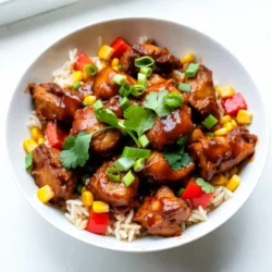 - 2 cups cooked white rice - 1 pound boneless, skinless chicken thighs, cut into bite-sized pieces - 1/2 cup honey - 1/4 cup BBQ sauce - 1 medium onion, diced - 1 red bell pepper, diced - 1 cup corn kernels (fresh or frozen) - 2 tablespoons olive oil - 3 cloves garlic, minced - Salt and pepper to taste - 2 green onions, chopped for garnish - Fresh cilantro leaves for garnish (optional) Each ingredient plays a vital role in making this dish shine. The chicken thighs keep it juicy and tender. Honey adds a sweet touch, while BBQ sauce gives that smoky flavor. The rice serves as the base, soaking up all the deliciousness. Onions and bell peppers bring color and crunch. Corn adds sweetness and texture. Olive oil is the perfect cooking fat, making everything blend well. Garlic provides a fragrant punch, enhancing the overall taste. Finally, green onions and cilantro add freshness and a pop of color on top. Gather these ingredients to create a hearty and satisfying meal. This dish not only pleases the palate but also fills up the belly. You can easily find all these ingredients at your local store. Enjoy cooking this tasty meal! {{ingredient_image_2}} - Heat 2 tablespoons of olive oil in a large skillet over medium heat. - Add the diced onion and red bell pepper to the skillet. - Cook for about 4-5 minutes. They should soften and smell great. - After the veggies soften, stir in 3 cloves of minced garlic. - Saut&eacute; for 30 seconds, stirring often. This keeps the garlic from burning. - Next, add 1 pound of cut chicken thighs to the skillet. - Season with salt and pepper to taste. - Cook the chicken for 7-10 minutes. Stir occasionally until it is browned and no longer pink. - In a small bowl, whisk together 1/2 cup of honey and 1/4 cup of BBQ sauce. - Pour the sauce over the cooked chicken in the skillet. - Stir well to coat the chicken. Cook for another 2-3 minutes. The sauce should be warm and bubbly. - Gently fold in 2 cups of cooked white rice and 1 cup of corn. - Mix everything together until evenly combined. - Heat through for another 2-3 minutes. This melds all the flavors. - Taste your dish and adjust the seasoning if needed. - Once you are happy with the flavor, remove the skillet from the heat. To make your Honey BBQ Chicken Rice Skillet shine, follow these tips: - Heat your olive oil over medium heat. This helps cook the veggies evenly. - Saut&eacute; the onion and bell pepper for 4-5 minutes until soft. Stir often to avoid burning. - When cooking chicken, ensure it is cut into bite-sized pieces. This helps it cook faster. - Stir the chicken as it cooks, and check for a golden brown color. This means it&rsquo;s ready. - Avoid overcooking by checking the chicken after 7 minutes. It should no longer be pink. Garnishing adds flair to your dish. Here are some ideas: - Top with chopped green onions for a fresh crunch. - Sprinkle fresh cilantro leaves for a pop of color and flavor. - Serve in bright bowls to make it visually appealing. - Consider adding lime wedges on the side for a zesty kick. You can make this dish lighter with a few swaps: - Use brown rice instead of white rice for more fiber. - Substitute honey with agave syrup for a lower-calorie option. - Choose a low-sugar BBQ sauce to cut down on calories. - For a sweeter taste, try using maple syrup instead of honey. - Fresh herbs can replace sauces for flavor without added calories. Pro Tips Use Fresh Ingredients: Fresh vegetables and high-quality chicken will enhance the flavors of the dish significantly. Always prefer fresh over frozen when possible. Customize the BBQ Sauce: Experiment with different types of BBQ sauces to find the flavor that suits your palate best. You can even mix sauces for a unique taste! Perfectly Cooked Chicken: Ensure the chicken is cooked until it reaches an internal temperature of 165&deg;F (75&deg;C) for safety and tenderness. Use a meat thermometer for accuracy. Add Spice: If you enjoy a bit of heat, consider adding some chili powder or hot sauce to the BBQ mixture for an extra kick that complements the sweetness of the honey. {{image_4}} You can switch the chicken for shrimp or tofu. Shrimp cooks fast and adds a nice taste. Use medium shrimp and saut&eacute; them until they turn pink. For tofu, press it to remove water, then cut it into cubes. Cook the tofu until it is golden. Either choice gives a fresh twist to the dish. Try different BBQ sauce flavors for more fun. You can use spicy, honey mustard, or smoky BBQ sauce. Each sauce gives a unique taste. Add spices or herbs, like paprika or oregano, for an extra kick. A bit of cumin can add warmth. Have fun mixing flavors until you find your favorite! Pair this skillet with simple side dishes. A fresh salad or steamed veggies work well. You can also serve it with tortilla chips for crunch. If you want to meal prep, divide the skillet into containers. This makes it easy to grab meals during the week. Enjoy your tasty, easy meals! To store leftovers, let the Honey BBQ Chicken Rice Skillet cool. Place it in an airtight container. Make sure to refrigerate it within two hours of cooking. This dish will stay fresh for about three to four days in the fridge. For freezing, use a freezer-safe container. Portion the skillet into smaller servings. This helps when you want just one meal. Be sure to leave some space at the top of the container. The rice may expand when frozen. You can freeze the dish for up to three months. To reheat, use the microwave for quick warming. Place the meal in a microwave-safe dish. Cover it with a damp paper towel to keep moisture in. Heat for 1-2 minutes, stirring halfway through. For a stovetop method, use a skillet over low heat. Add a splash of water or broth to prevent drying. Stir regularly until heated through. Enjoy your meal fresh and warm! Yes, you can use brown rice. Brown rice takes longer to cook. Make sure it's fully cooked before adding it to the skillet. This adds a nutty flavor and more fiber to your meal. To make this dish vegetarian, swap the chicken for tofu or tempeh. You can also add more veggies like mushrooms, zucchini, or chickpeas. This keeps the dish hearty and full of flavor. The best BBQ sauce is one that you enjoy. You can choose sweet, tangy, or spicy sauce. I recommend a sauce with a good balance of flavors. You can even try making your own for a unique taste. This dish takes about 25 minutes to cook. It includes 10 minutes of prep time and 15 minutes of cooking time. This makes it a quick and easy meal for busy weeknights. Yes, you can make this dish in advance. Store it in an airtight container in the fridge. It will keep well for up to three days. Reheat it on the stove or in the microwave before serving. This dish combines easy steps with tasty ingredients. You have learned how to saut&eacute; veggies, cook chicken, and create a flavorful sauce. Tips for garnishing and healthy swaps can enhance your meal. Explore variations to keep it exciting, from different proteins to complementary sides. Remember to store leftovers properly for later enjoyment. With these steps and ideas, you can impress your family and enjoy a delicious meal anytime. Try it out and let your kitchen skills shine!