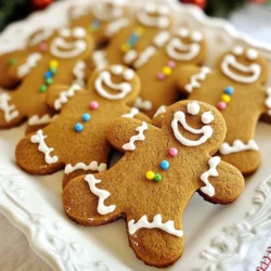 To make soft gingerbread man cookies, you need: - 3 cups all-purpose flour - 1 teaspoon baking soda - 2 teaspoons ground ginger - 1 tablespoon ground cinnamon - 1/2 teaspoon ground nutmeg - 1/2 teaspoon salt - 1/2 cup unsalted butter, softened - 1 cup packed brown sugar - 1/2 cup unsulfured molasses - 1 large egg - 1 teaspoon pure vanilla extract These ingredients work together to create a tasty and soft cookie. The flour gives structure, while the butter adds richness. The spices bring warmth, and the molasses offers a deep, sweet flavor. For decorating, you can use: - 1/2 cup royal icing - Assorted decorative sprinkles Decorating is fun! Royal icing helps the sprinkles stick. You can use many colors and shapes to make your cookies look festive and joyful. With these ingredients, you can create a batch of delightful gingerbread men. Enjoy the process and get creative! {{ingredient_image_2}} 1. Start by preheating your oven to 350&deg;F (175&deg;C). This step is key for even baking. 2. Line two baking sheets with parchment paper. This helps prevent the cookies from sticking. 1. In a large bowl, beat 1/2 cup of softened unsalted butter and 1 cup of packed brown sugar. Mix until creamy and smooth. This forms a light mixture. 2. Add 1/2 cup of unsulfured molasses, 1 large egg, and 1 teaspoon of pure vanilla extract. Keep mixing until everything blends well. 1. Gradually fold in the dry ingredient mixture into the wet mixture. Mix at low speed until the dough comes together. It should be shiny and slightly sticky. 2. Divide the dough into two equal portions. Flatten each portion into a disc and wrap tightly in plastic. Chill for at least 1 hour. This makes the dough easier to roll. 1. After chilling, dust a clean surface with flour. Roll out one disc of dough to about 1/4-inch thick. Use gingerbread man-shaped cutters to create fun shapes. 2. Place the cutouts onto the prepared baking sheets. Bake for 8-10 minutes. The edges should be firm, but the centers will remain soft. 3. Cool the cookies on the sheets for about 5 minutes. Then transfer them to a wire rack to cool completely. This keeps them from getting soggy. Chilling the dough is key for soft gingerbread man cookies. It firms up the dough and makes it easier to roll. Without chilling, your cookies may spread too much while baking. Aim to chill your dough for at least one hour. Rolling out the dough: When rolling, dust your surface with flour. This prevents sticking. Roll the dough to about 1/4-inch thick. If it feels too sticky, add a little more flour. Use cookie cutters quickly before the dough warms up. Royal icing is a fun way to decorate. You can pipe it onto the cookies for details like eyes and buttons. Mix in food coloring to create vibrant designs. Use a toothpick to draw fine lines or patterns. For sprinkles, go wild! Use holiday-themed colors like red and green. You can also add edible glitter for a festive touch. Try using mini chocolate chips for buttons or small candies for added flair. Over-mixing the dough can lead to tough cookies. Mix just until the dry and wet ingredients come together. When you roll the dough, be gentle. Watch the baking time carefully. Underbaking leaves cookies too soft. They should have firm edges and soft centers. If you overbake, the cookies become hard. Check them at the lower end of the baking time, around 8 minutes. Pro Tips Chill the Dough: Refrigerating the dough for at least an hour not only makes it easier to roll but also helps the cookies maintain their shape during baking. Perfect Thickness: Roll the dough to a uniform thickness of 1/4 inch to ensure even baking and a chewy texture throughout the cookies. Check for Doneness: Look for firm edges and soft centers when baking; the cookies will continue to firm up as they cool on the baking sheet. Decorating Tips: Use a piping bag for precise details when decorating with royal icing, and allow ample time for the icing to set before storing or serving. {{image_4}} You can change the flavor of your gingerbread cookies. Adding citrus zest gives a bright taste. Try using lemon or orange zest. This adds a fresh twist. You can also mix in spices like cardamom or allspice. These spices add warmth and depth. Experiment with different amounts to find your favorite blend. If you need gluten-free cookies, use gluten-free flour. Many brands work well in this recipe. This way, everyone can enjoy them. For vegan cookies, swap the butter with coconut oil. Use a flax egg instead of a regular egg. Mix one tablespoon of flaxseed meal with three tablespoons of water and let it sit for a few minutes. This keeps the dough binding nicely. Decorating gingerbread men can be so much fun! You can create holiday themes, like Santa or snowmen. Use royal icing for crisp lines. Add colorful sprinkles to make them pop. For other seasons, think about flowers for spring or leaves for fall. Get creative and let your imagination run wild! To keep your cookies fresh, store them in an airtight container. This helps prevent them from drying out. You can stack the cookies with parchment paper in between each layer. This method keeps them from sticking together. For the best results, keep the container at room temperature. Avoid storing cookies in the fridge, as this can make them hard. If you want to keep them for longer, consider freezing. You can freeze both unbaked and baked cookies. To freeze unbaked cookies, roll the dough and cut out shapes. Place the cut cookies on a baking sheet. Freeze them for about 30 minutes until firm. Then, transfer them to a freezer bag. This method helps keep their shape. For baked cookies, wait until they are cool. Then, layer them in an airtight container with parchment paper. Seal the container tightly. To thaw, leave the cookies at room temperature for a few hours. Reheat baked cookies in the oven for a few minutes for a warm treat. To make your gingerbread cookies softer, you can use a few simple methods. - Chill the dough: This helps the cookies retain moisture. - Use brown sugar: It adds moisture and keeps cookies soft. - Add an extra egg yolk: This makes the dough richer and softer. You can also adjust your baking time. Bake them for a little less time. Check them at 8 minutes. They should look soft in the center. Yes, you can use honey instead of molasses, but it will change the flavor. Honey is sweeter and has a different taste. If you switch to honey, reduce the sugar in your recipe a bit. Keep in mind that honey will make the cookies slightly softer. The spice flavors may not be as strong, so you might want to add a little more ginger or cinnamon to balance it out. Gingerbread cookies last about a week at room temperature. Store them in an airtight container to keep them fresh. If you want them to last longer, you can freeze them. Baked cookies freeze well for up to three months. Just make sure to wrap them tightly in plastic wrap before freezing. Soft gingerbread man cookies need simple ingredients and careful steps. Focus on key elements like flour, spices, and sweeteners for that perfect taste. Remember to chill the dough and avoid common pitfalls. You can also try fun variations and creative decorations to make your cookies unique. Store them properly to keep them fresh. With this guide, you&rsquo;re ready to bake delicious cookies that bring joy to any occasion. Enjoy each step of the process and have fun creating your gingerbread masterpiece!