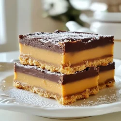 To make these tasty Buckeye Bars, you will need: - 1 cup creamy peanut butter - 1/2 cup unsalted butter, softened - 1 cup powdered sugar - 1 cup graham cracker crumbs - 1 teaspoon pure vanilla extract - 1 1/2 cups semi-sweet chocolate chips - 2 tablespoons coconut oil You can swap some ingredients if needed: - Use crunchy peanut butter for added texture. - Swap unsalted butter with coconut butter for a dairy-free option. - Try maple syrup instead of powdered sugar for a natural sweetener. - Use gluten-free graham crackers for a gluten-free version. - Dark chocolate chips work well for a richer taste. Gather these tools for easy prep: - Large mixing bowl - Electric mixer - Spatula - 9x9-inch baking pan - Parchment paper (optional) - Microwave-safe bowl - Sharp knife for cutting bars - Cooking spray or butter for greasing These simple ingredients and tools will help you create delicious Buckeye Bars with ease! {{ingredient_image_2}} 1. Mix Peanut Butter and Butter (2 minutes) In a large bowl, beat 1 cup of creamy peanut butter and 1/2 cup of unsalted butter. Use an electric mixer to make it smooth. 2. Add Powdered Sugar (3 minutes) Gradually mix in 1 cup of powdered sugar. Keep mixing until it forms a thick, doughy mixture. 3. Stir in Crumbs and Vanilla (2 minutes) Add 1 cup of graham cracker crumbs and 1 teaspoon of pure vanilla extract. Use a spatula to blend everything well. 4. Press Mixture into Pan (3 minutes) Grease a 9x9-inch baking pan. Press the peanut butter mix evenly into the bottom. 5. Melt Chocolate (3 minutes) In a microwave-safe bowl, combine 1 1/2 cups of semi-sweet chocolate chips and 2 tablespoons of coconut oil. Microwave for 30 seconds, stir, and repeat until smooth. 6. Pour Chocolate Over Layer (2 minutes) Carefully pour the melted chocolate over the peanut butter layer. Spread it evenly with a spatula. 7. Chill in Refrigerator (2 hours) Place the pan in the fridge for at least 2 hours. Wait until the chocolate is firm to touch. 8. Cut and Serve (10 minutes) Remove the bars from the pan. Use a sharp knife to cut them into squares. Let them sit for 5 minutes before serving. - Mixing the Peanut Butter and Butter: Use a large bowl and an electric mixer. Look for a smooth texture. - Adding the Powdered Sugar: The mix should be thick and doughy. - Pressing into the Pan: Use your hands for even pressure to create a flat layer. - Melting the Chocolate: Stir after each 30-second interval to avoid burning. - Spreading the Chocolate: Ensure the chocolate covers the peanut butter layer completely. - Make sure the butter is soft to blend well. - Mix the powdered sugar slowly to avoid a mess. - Use a spatula to scrape the sides of the bowl. - Press the peanut butter mixture firmly into the pan for a solid base. - Stir the chocolate gently to keep it smooth. To make the best Buckeye Bars, keep these tips in mind: - Use creamy peanut butter for a smooth texture. - Soften the butter to room temperature before mixing. - Sift the powdered sugar to avoid lumps. - Press the peanut butter mixture firmly in the pan. - Melt the chocolate slowly to prevent burning. Avoid these common pitfalls: - Don&rsquo;t skip the chilling time. It helps the chocolate set. - Overmixing the peanut butter mixture can make it tough. - Be careful not to overheat the chocolate. Stir often. - Cutting the bars too soon can lead to messy squares. You can enhance your Buckeye Bars in these ways: - Add a pinch of salt to the peanut butter mix for balance. - Try using dark chocolate for a richer flavor. - Mix in some crushed nuts for added crunch. - Drizzle caramel on top for a sweet twist. Pro Tips Use Fresh Ingredients: Always opt for fresh peanut butter and high-quality chocolate chips to enhance the flavor of your Buckeye Bars. Chill Thoroughly: Make sure to chill the bars for the full 2 hours to allow the chocolate to set properly. This will make cutting and serving much easier. Customize Your Toppings: Feel free to sprinkle some sea salt or crushed nuts on top of the chocolate layer before it sets for an extra flavor kick. Store Properly: Keep the bars stored in an airtight container in the refrigerator for up to a week to maintain their freshness. {{image_4}} You can change the flavor of Buckeye Bars by using different types of chocolate. Dark chocolate gives a rich taste. Milk chocolate adds sweetness. You can even try white chocolate for a unique twist. If you want to make it fun, add a sprinkle of sea salt on top. This small touch brings out the flavors more. If you need gluten-free Buckeye Bars, just use gluten-free graham cracker crumbs. For vegan options, swap the butter with coconut oil and use vegan chocolate chips. These small changes keep the bars tasty while fitting your diet. You can also look for plant-based peanut butter for a creamy texture. Serving can be as fun as making the bars! Try placing them in small, colorful cupcake liners. This makes them great for parties. You can also cut them into fun shapes using cookie cutters. For a special touch, drizzle melted chocolate over the top before serving. It adds a beautiful finish and extra flavor. Enjoy sharing these treats with family and friends! To keep your Buckeye Bars fresh, store them in an airtight container. Place parchment paper between layers to prevent sticking. Keep them in the fridge for best results. The cool air helps maintain their rich texture and flavor. If they last that long, enjoy them within a week. You can freeze Buckeye Bars for longer storage. Cut them into squares before freezing. Wrap each piece in plastic wrap and place them in a freezer-safe bag. Make sure to remove as much air as possible. These bars can last up to three months in the freezer. When you want one, let it thaw in the fridge overnight. Buckeye Bars can stay good for about a week in the fridge. They may lose some flavor and texture after that. To keep them tasting great, always seal them well. Avoid leaving them out at room temperature for too long, as the chocolate can soften and melt. Enjoy your sweet treats while they are fresh! Buckeye Bars are a no-bake dessert. They mix creamy peanut butter with a chocolate topping. The bars have a rich, sweet taste that many love. You make them by blending peanut butter, butter, powdered sugar, and graham cracker crumbs. Then, you top it with melted chocolate. They are named after the Buckeye tree. The round shape of the bars looks like the nuts from this tree. Yes, you can make Buckeye Bars ahead of time. They store well in the fridge. You can prepare and chill them a day before you need them. Just cover the pan with plastic wrap once they set. This helps keep them fresh and tasty. You can find Buckeye Bars at many bakeries and dessert shops. Some grocery stores may sell them too. If you prefer, you can order them online from specialty stores. These treats are popular, so look for them in local shops as well. To check if chocolate is tempered, look for shine. It should be smooth and glossy. When you break a piece, it should snap cleanly. If it has a dull look or is soft, it may not be tempered. You can also do a quick test by cooling a small bit on a plate. If it sets fast and shines, it&rsquo;s good to go. Yes, you can use other nut butters in Buckeye Bars. Almond butter or cashew butter works well. Just make sure the nut butter is creamy. This will keep the texture smooth and tasty. Each nut butter gives a different flavor to the bars, so feel free to experiment! Buckeye bars are easy to make with simple ingredients and steps. You learned what tools you need and the best practices for mixing. I shared tips to avoid common mistakes and offered flavor variations. Proper storage keeps them fresh for longer. With this guide, you can create tasty treats that impress family and friends. Enjoy making and sharing these bars as they are sure to please!