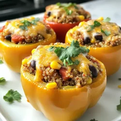- 4 large bell peppers (mix red, yellow, or green) - 1 lb ground turkey - 1 cup cooked quinoa - 1 small onion, finely diced - 2 cloves garlic, minced - 1 cup black beans, drained and rinsed - 1 cup corn (fresh or canned) - 1 cup diced tomatoes (fresh or canned) - 1 teaspoon ground cumin - 1 teaspoon smoked paprika - &frac12; teaspoon chili powder - Salt and freshly ground black pepper, to taste - 1 cup shredded cheese (cheddar or Monterey Jack) - Fresh cilantro or parsley, chopped for garnish You can add a few items to boost flavor. Try adding: - &frac12; teaspoon red pepper flakes for heat - 1 tablespoon lime juice for brightness - Chopped green onions for a fresh crunch - A dollop of sour cream when serving If you need to swap ingredients, here are some ideas: - Use ground chicken or beef in place of turkey. - Substitute brown rice or couscous for quinoa. - Swap black beans for kidney beans or pinto beans. - Use any type of cheese you prefer, like mozzarella or feta. - If you want a dairy-free option, leave out the cheese or use a vegan cheese alternative. These swaps keep your meal tasty and aligned with your diet needs. Enjoy the process of making these stuffed peppers your own! {{ingredient_image_2}} First, turn on your oven and set it to 375&deg;F (190&deg;C). This heat helps the peppers cook well. Next, grab your bell peppers. Cut off the tops and remove all the seeds. Rinse them under cold water to clean them. To help with browning, lightly rub the outside of each pepper with olive oil. Place the peppers upright in a baking dish to hold their shape. Now, let&rsquo;s make the filling. Start by heating a splash of olive oil in a large skillet over medium heat. Add the diced onion and minced garlic. Saut&eacute; them for about 3-5 minutes until the onion looks clear and smells good. Next, add the ground turkey to the skillet. Use a spatula to break it apart. Cook the turkey until it turns brown and is no longer pink, which takes about 5-7 minutes. Once the turkey is ready, stir in the cooked quinoa, black beans, corn, and diced tomatoes. Season this mixture with cumin, smoked paprika, chili powder, salt, and black pepper. Cook everything for another 3-4 minutes so the flavors mix well and the filling heats through. Now comes the fun part: stuffing the peppers! Take a spoon and carefully fill each bell pepper with the turkey mixture. Pack it in gently but firmly to avoid overflow. After you fill them, sprinkle shredded cheese on top of each stuffed pepper. This will melt and create a tasty layer. Cover the baking dish with aluminum foil and place it in the oven. Bake for about 25 minutes. After that, take off the foil and bake for another 10-15 minutes. This will make the peppers tender and the cheese bubbly and golden. When they are done, take the peppers out of the oven and let them cool a bit. Add a sprinkle of fresh cilantro or parsley on top for a bright finish before you serve. Enjoy your meal! To cook your turkey stuffed peppers evenly, preheat your oven properly. Set it to 375&deg;F (190&deg;C). This ensures the heat is consistent throughout the cooking process. When you prepare the peppers, make sure to slice off the tops and remove the seeds. Rinse them well. A little olive oil on the outside helps them brown nicely. Arrange them upright in a baking dish. This allows heat to circulate inside for even cooking. When stuffing your peppers, it's important not to overfill. Use a spoon to add the turkey mixture, but pack it gently. If you pack too tightly, the filling may overflow while cooking. Leave a little space at the top of each pepper. This way, the cheese can melt without spilling over. Bake your stuffed peppers covered for 25 minutes. This helps them cook through. After that, remove the foil and bake for another 10-15 minutes. You should see the cheese bubbling and golden. The peppers will be tender when they are done. Keep an eye on them to avoid overcooking. Enjoy your flavorful meal! Pro Tips Choose Colorful Peppers: Using a mix of red, yellow, and green bell peppers not only makes for a visually appealing dish but also adds a variety of flavors and nutrients. Pre-Cook Quinoa: Make sure your quinoa is fully cooked before adding it to the turkey filling. This ensures even heating and better texture in your stuffed peppers. Season Generously: Don't be shy with the seasonings! Adjust the spices according to your taste preferences to create a flavor-packed filling that everyone will love. Let Them Rest: Allow the stuffed peppers to rest for a few minutes after baking. This helps the flavors settle and makes them easier to serve without falling apart. {{image_4}} If you want a vegetarian version, swap the ground turkey for plant-based protein. You can use lentils, chickpeas, or crumbled tofu. These ingredients provide protein and flavor. Cook them just like turkey. Mix with quinoa, beans, and spices for a tasty filling. The stuffed peppers still taste amazing! Quinoa is a great base, but you can try other grains too. Brown rice, farro, or barley all work well. Each grain adds its unique texture and flavor. Cook the grains as you would quinoa. Then, mix them with your filling ingredients for a delicious meal. You can even use cauliflower rice for a low-carb option. Adjusting the spice level makes your meal just right. If you love heat, add more chili powder or diced jalape&ntilde;os. For a milder taste, reduce those spices. You can also add sweet bell peppers or mild salsa to balance the heat. This way, everyone at your table enjoys their stuffed peppers! After enjoying your turkey stuffed peppers, store any leftovers in the fridge. Place them in an airtight container. They will stay fresh for up to three days. Make sure the peppers cool down before sealing. This helps keep them from getting soggy. You can also freeze turkey stuffed peppers for later. Wrap each pepper tightly in plastic wrap. Place them in a freezer-safe bag or container. They can last up to three months in the freezer. When you&rsquo;re ready to eat, take them out and thaw in the fridge overnight. To reheat your stuffed peppers, preheat your oven to 350&deg;F (175&deg;C). Place the peppers in a baking dish. Cover with foil to keep them moist. Bake for about 20 minutes, or until heated through. You can also use a microwave. Just heat for about 2-3 minutes, but the oven gives better texture. Enjoy your meal! Yes, you can use ground beef instead of turkey. Just choose lean beef to keep the dish healthy. The flavor will change a bit, but it will still be delicious. Ground beef cooks similarly to turkey. Just be sure to drain any excess fat after cooking. It takes about 55 minutes to cook stuffed peppers. Prepping the peppers takes around 20 minutes. Baking them will take about 35 minutes. First, you bake them covered for 25 minutes, then uncovered for another 10 to 15 minutes. This method helps the peppers cook evenly and the cheese to melt perfectly. Turkey stuffed peppers are a healthy meal option. They are low in carbs and high in protein. You add veggies like bell peppers, corn, and tomatoes. These ingredients provide fiber, vitamins, and minerals. Using quinoa instead of rice boosts the protein content. Overall, this dish is a tasty and balanced choice. Turkey stuffed peppers are tasty and easy to make. We covered ingredients, from turkey to optional flavors. You learned step-by-step how to cook them just right. Plus, I shared tips for even cooking and avoiding overfilling. You can make variations, like vegetarian options or change the grain. Lastly, I explained how to store, freeze, and reheat your leftovers for later meals. Enjoy creating your own stuffed peppers and have fun with flavors!