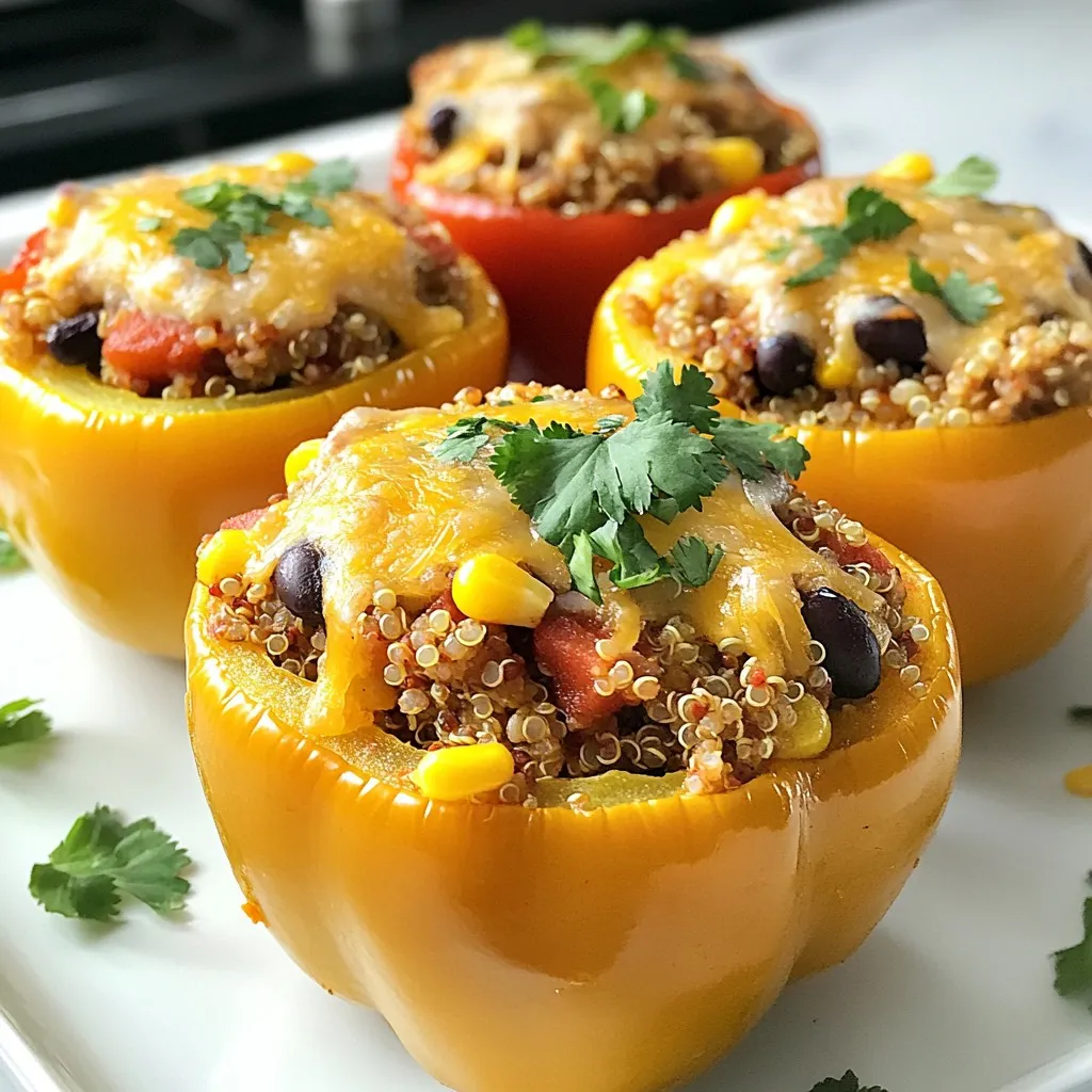 - 4 large bell peppers (mix red, yellow, or green) - 1 lb ground turkey - 1 cup cooked quinoa - 1 small onion, finely diced - 2 cloves garlic, minced - 1 cup black beans, drained and rinsed - 1 cup corn (fresh or canned) - 1 cup diced tomatoes (fresh or canned) - 1 teaspoon ground cumin - 1 teaspoon smoked paprika - ½ teaspoon chili powder - Salt and freshly ground black pepper, to taste - 1 cup shredded cheese (cheddar or Monterey Jack) - Fresh cilantro or parsley, chopped for garnish You can add a few items to boost flavor. Try adding: - ½ teaspoon red pepper flakes for heat - 1 tablespoon lime juice for brightness - Chopped green onions for a fresh crunch - A dollop of sour cream when serving If you need to swap ingredients, here are some ideas: - Use ground chicken or beef in place of turkey. - Substitute brown rice or couscous for quinoa. - Swap black beans for kidney beans or pinto beans. - Use any type of cheese you prefer, like mozzarella or feta. - If you want a dairy-free option, leave out the cheese or use a vegan cheese alternative. These swaps keep your meal tasty and aligned with your diet needs. Enjoy the process of making these stuffed peppers your own! {{ingredient_image_2}} First, turn on your oven and set it to 375°F (190°C). This heat helps the peppers cook well. Next, grab your bell peppers. Cut off the tops and remove all the seeds. Rinse them under cold water to clean them. To help with browning, lightly rub the outside of each pepper with olive oil. Place the peppers upright in a baking dish to hold their shape. Now, let’s make the filling. Start by heating a splash of olive oil in a large skillet over medium heat. Add the diced onion and minced garlic. Sauté them for about 3-5 minutes until the onion looks clear and smells good. Next, add the ground turkey to the skillet. Use a spatula to break it apart. Cook the turkey until it turns brown and is no longer pink, which takes about 5-7 minutes. Once the turkey is ready, stir in the cooked quinoa, black beans, corn, and diced tomatoes. Season this mixture with cumin, smoked paprika, chili powder, salt, and black pepper. Cook everything for another 3-4 minutes so the flavors mix well and the filling heats through. Now comes the fun part: stuffing the peppers! Take a spoon and carefully fill each bell pepper with the turkey mixture. Pack it in gently but firmly to avoid overflow. After you fill them, sprinkle shredded cheese on top of each stuffed pepper. This will melt and create a tasty layer. Cover the baking dish with aluminum foil and place it in the oven. Bake for about 25 minutes. After that, take off the foil and bake for another 10-15 minutes. This will make the peppers tender and the cheese bubbly and golden. When they are done, take the peppers out of the oven and let them cool a bit. Add a sprinkle of fresh cilantro or parsley on top for a bright finish before you serve. Enjoy your meal! To cook your turkey stuffed peppers evenly, preheat your oven properly. Set it to 375°F (190°C). This ensures the heat is consistent throughout the cooking process. When you prepare the peppers, make sure to slice off the tops and remove the seeds. Rinse them well. A little olive oil on the outside helps them brown nicely. Arrange them upright in a baking dish. This allows heat to circulate inside for even cooking. When stuffing your peppers, it's important not to overfill. Use a spoon to add the turkey mixture, but pack it gently. If you pack too tightly, the filling may overflow while cooking. Leave a little space at the top of each pepper. This way, the cheese can melt without spilling over. Bake your stuffed peppers covered for 25 minutes. This helps them cook through. After that, remove the foil and bake for another 10-15 minutes. You should see the cheese bubbling and golden. The peppers will be tender when they are done. Keep an eye on them to avoid overcooking. Enjoy your flavorful meal! Pro Tips Choose Colorful Peppers: Using a mix of red, yellow, and green bell peppers not only makes for a visually appealing dish but also adds a variety of flavors and nutrients. Pre-Cook Quinoa: Make sure your quinoa is fully cooked before adding it to the turkey filling. This ensures even heating and better texture in your stuffed peppers. Season Generously: Don't be shy with the seasonings! Adjust the spices according to your taste preferences to create a flavor-packed filling that everyone will love. Let Them Rest: Allow the stuffed peppers to rest for a few minutes after baking. This helps the flavors settle and makes them easier to serve without falling apart. {{image_4}} If you want a vegetarian version, swap the ground turkey for plant-based protein. You can use lentils, chickpeas, or crumbled tofu. These ingredients provide protein and flavor. Cook them just like turkey. Mix with quinoa, beans, and spices for a tasty filling. The stuffed peppers still taste amazing! Quinoa is a great base, but you can try other grains too. Brown rice, farro, or barley all work well. Each grain adds its unique texture and flavor. Cook the grains as you would quinoa. Then, mix them with your filling ingredients for a delicious meal. You can even use cauliflower rice for a low-carb option. Adjusting the spice level makes your meal just right. If you love heat, add more chili powder or diced jalapeños. For a milder taste, reduce those spices. You can also add sweet bell peppers or mild salsa to balance the heat. This way, everyone at your table enjoys their stuffed peppers! After enjoying your turkey stuffed peppers, store any leftovers in the fridge. Place them in an airtight container. They will stay fresh for up to three days. Make sure the peppers cool down before sealing. This helps keep them from getting soggy. You can also freeze turkey stuffed peppers for later. Wrap each pepper tightly in plastic wrap. Place them in a freezer-safe bag or container. They can last up to three months in the freezer. When you’re ready to eat, take them out and thaw in the fridge overnight. To reheat your stuffed peppers, preheat your oven to 350°F (175°C). Place the peppers in a baking dish. Cover with foil to keep them moist. Bake for about 20 minutes, or until heated through. You can also use a microwave. Just heat for about 2-3 minutes, but the oven gives better texture. Enjoy your meal! Yes, you can use ground beef instead of turkey. Just choose lean beef to keep the dish healthy. The flavor will change a bit, but it will still be delicious. Ground beef cooks similarly to turkey. Just be sure to drain any excess fat after cooking. It takes about 55 minutes to cook stuffed peppers. Prepping the peppers takes around 20 minutes. Baking them will take about 35 minutes. First, you bake them covered for 25 minutes, then uncovered for another 10 to 15 minutes. This method helps the peppers cook evenly and the cheese to melt perfectly. Turkey stuffed peppers are a healthy meal option. They are low in carbs and high in protein. You add veggies like bell peppers, corn, and tomatoes. These ingredients provide fiber, vitamins, and minerals. Using quinoa instead of rice boosts the protein content. Overall, this dish is a tasty and balanced choice. Turkey stuffed peppers are tasty and easy to make. We covered ingredients, from turkey to optional flavors. You learned step-by-step how to cook them just right. Plus, I shared tips for even cooking and avoiding overfilling. You can make variations, like vegetarian options or change the grain. Lastly, I explained how to store, freeze, and reheat your leftovers for later meals. Enjoy creating your own stuffed peppers and have fun with flavors!
