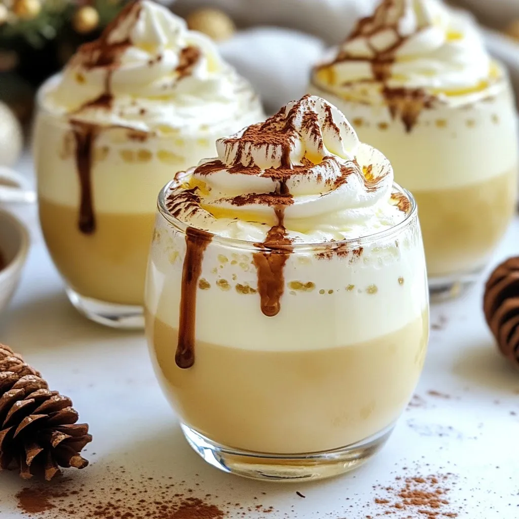 For a rich and creamy Eggnog Brandy Alexander, you need: - 2 cups of eggnog (store-bought or homemade) - 1/2 cup of heavy cream - 1 teaspoon of pure vanilla extract - 1/2 teaspoon of ground nutmeg - A pinch of ground cinnamon - 2 tablespoons of rich chocolate syrup - Ice cubes (optional, for a chilled version) - Whipped cream (for a delightful topping) - Cocoa powder (for garnish) These ingredients blend together to create a smooth and festive drink. Eggnog is the star, giving flavor and creaminess. Heavy cream adds to the richness, while vanilla brings warmth. You can make the drink your own with some optional ingredients: - A splash of bourbon or rum for an adult twist - Different flavored syrups like caramel or peppermint - A sprinkle of chocolate shavings for extra texture Feel free to mix and match these options! They can add unique flavors that fit your taste. Personalizing your drink makes it special for every occasion. To whip up this festive treat, gather these tools: - A spacious mixing bowl - A whisk or electric mixer - A cocktail shaker (if you want it chilled) - Serving glasses - A spoon for garnishing Having the right tools makes the process easy and fun. You’ll enjoy creating this creamy delight with simple equipment at home. {{ingredient_image_2}} First, gather your ingredients. You need 2 cups of eggnog, 1/2 cup of heavy cream, and some spices. In a big bowl, mix the eggnog, heavy cream, 1 teaspoon of vanilla extract, 1/2 teaspoon of ground nutmeg, and a pinch of ground cinnamon. Use a whisk and stir well. It should be frothy and smooth. This mix is where all the magic starts. If you want a cold drink, grab a cocktail shaker. Fill it with ice cubes. Pour your eggnog mixture over the ice. Close the shaker tightly. Shake gently for about 30 seconds. This makes your drink cool and refreshing. Now comes the fun part—garnishing! Take your serving glasses and drizzle chocolate syrup on the inside. This creates a pretty swirl. Next, slowly pour the eggnog mixture into each glass. Leave space at the top for whipped cream. Finally, add a generous dollop of whipped cream on each drink. For a finishing touch, sprinkle cocoa powder on top. This makes your Eggnog Brandy Alexander look festive and inviting. Enjoy every sip! To get that creamy texture, use fresh eggnog. Whisk it well with heavy cream, vanilla, nutmeg, and cinnamon. This mix should feel smooth and light. If you want a chilled drink, shake it with ice. This will cool it down and give it a nice froth. For a great look, drizzle chocolate syrup inside your glasses. This adds a fun swirl and makes it pretty. Pour the eggnog mixture in slowly to keep the layers nice. Top it with whipped cream and a sprinkle of cocoa powder for that festive feel. Serve right away to keep it fresh and fun. Avoid using old eggnog. It can ruin the taste and texture. Don’t skip the whisking step; it helps mix everything well. If you want a chilled drink, don’t shake too hard. Too much shaking can make it too watery. Also, remember to leave space for whipped cream on top! Pro Tips Chill Your Ingredients: For an extra refreshing eggnog, chill your eggnog and heavy cream beforehand. This will enhance the creamy texture and keep your drink cool longer. Experiment with Flavors: Don’t hesitate to add other flavorings such as almond extract or a hint of peppermint for a unique twist on traditional eggnog. Whipped Cream Alternatives: Try using flavored whipped cream or even coconut whipped cream for a dairy-free option that complements the flavors beautifully. Presentation Matters: Garnish with a cinnamon stick or chocolate shavings for an elegant touch that enhances both the look and flavor of your creamy delight. {{image_4}} If you want to add a kick to your drink, consider using brandy or bourbon. These spirits enhance the creamy texture and add depth to the flavor. Start with 1 to 2 ounces per serving. You can mix them into the eggnog before adding cream. If you enjoy a sweeter drink, try adding a splash of chocolate liqueur. It pairs well with the nutmeg and cinnamon. For a non-dairy version, you can use almond milk or coconut milk. These options create a lighter drink while still being creamy. Look for non-dairy eggnog in stores if you want a quick choice. You can also make your own by blending non-dairy milk with spices and sweeteners. This way, everyone can enjoy eggnog, no matter their diet. To make your Eggnog Brandy Alexander special, add seasonal flavors. You can incorporate peppermint extract for a refreshing twist. Just a few drops will do! Another great option is pumpkin spice, which brings warmth to the drink. You can also try adding a splash of coffee liqueur for a mocha flavor. These add-ins make each glass feel festive and unique. Store any leftover eggnog in a clean, airtight container. Place it in the fridge right away. This helps keep it fresh and tasty. Make sure to use it within three days for the best flavor. If you see any changes in color or smell, it's best to toss it out. If you want to warm up your eggnog, do it gently. Pour it into a pot and heat it on low. Stir often to avoid burning. Heat it until it's warm but not boiling. If you like it cold, serve it straight from the fridge over ice. Most ingredients in this eggnog recipe have a good shelf life. - Eggnog: Store-bought eggnog lasts about 7 days after opening. - Heavy cream: It can last up to 2 weeks in the fridge. - Vanilla extract: This can last indefinitely if stored well. - Ground spices: They keep well for about 1-3 years when stored in a cool, dark place. Be sure to check the expiration dates on your ingredients before using them. Traditional eggnog is creamy and spiced, made with milk, sugar, and eggs. It often uses rum or bourbon. Eggnog Brandy Alexander adds chocolate and cream for richness. This drink has a sweeter taste. The chocolate syrup gives it a unique twist. The combination of flavors makes it a festive treat. Yes, you can prepare the eggnog mixture ahead of time. Mix the eggnog, heavy cream, vanilla, nutmeg, and cinnamon. Store it in the fridge for up to two days. When you are ready to serve, shake it with ice for a chilled drink. Finish it with whipped cream and cocoa powder just before serving. You can try many garnishes to enhance your drink. Here are a few ideas: - Grated chocolate for a rich touch - Crushed candy canes for a minty twist - Cinnamon sticks for a warm spice - A sprinkle of nutmeg for extra flavor These garnishes can make your drink look festive and fun! In this article, we explored everything about Eggnog Brandy Alexander. We reviewed key ingredients, tools, and step-by-step instructions to make this holiday drink. I shared tips for perfecting your texture and serving style, along with common mistakes to avoid. We also discussed variations, storage, and answered frequently asked questions. Enjoy making this drink your own. With some creativity, it can become a holiday favorite. Every sip will remind you of joy and celebration.