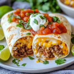 - Ground beef - Taco seasoning - Cooked white rice - Shredded cheddar cheese - Refried beans - Onion - Sour cream - Flour tortillas - Salsa - Fresh cilantro - Lime wedges Each ingredient in the Beefy Melt Burrito plays a key role. Ground beef adds protein and flavor. Taco seasoning brings spice and zest to the meat. Cooked white rice provides a nice texture and helps fill you up. Shredded cheddar cheese melts beautifully and gives that creamy taste. Refried beans add richness and a smooth layer. Diced onion gives a fresh crunch. Sour cream adds coolness, while flour tortillas wrap everything together. Don&rsquo;t forget salsa! It adds a kick and can be spicy or mild. Fresh cilantro is for garnish and adds a burst of color. Lime wedges serve as a zesty finish. Each ingredient works together to create a tasty, filling meal. {{ingredient_image_2}} First, heat a large skillet over medium heat. Add 1 pound of ground beef. Cook the beef, stirring now and then, until it is browned. This takes about 5 to 7 minutes. After browning, drain any fat from the skillet. Next, sprinkle 1 tablespoon of taco seasoning over the beef. Pour in 1/4 cup of water and mix well. Let it simmer for 2 to 3 minutes. This helps the flavors blend together. In a small pot, gently warm 1 cup of refried beans. Set the heat to low. Stir the beans occasionally. Heat them until they are steaming and nice and warm. This step makes them easier to spread in the burrito. To start, lay a large flour tortilla flat on a clean surface. Spread 1/4 cup of the warm refried beans in the center. Then, layer 1/4 cup of cooked white rice over the beans. This helps create a tasty base. Now, spoon 1/4 of the beef mixture on top of the rice. Add 1/4 cup of shredded cheddar cheese for a melty texture. Next, add a big dollop of sour cream and a spoonful of salsa on the cheese. This adds extra flavor. To wrap your burrito, fold in the sides of the tortilla. Then roll it tightly from the bottom up, sealing all the tasty filling inside. Repeat this process with the rest of the tortillas and ingredients. For an optional crispy finish, heat a non-stick skillet over medium heat. Place each burrito seam-side down in the skillet. Cook for 1 to 2 minutes on each side until golden brown. This step gives your burrito a wonderful crunch. Enjoy your Beefy Melt Burrito! To make the best beefy melt burrito, focus on the balance of flavors. Each bite should mix the beef, cheese, and beans for a tasty treat. Use just the right amount of taco seasoning. This adds flavor without overpowering the other ingredients. Preventing sogginess is key. Make sure the refried beans are warm but not too wet. This helps keep the tortilla firm. If you notice excess moisture, drain some liquid before spreading the beans. Fresh cilantro adds a nice touch to your beefy melt burrito. Use it as a garnish or mix it into the filling. It gives a bright flavor that lifts the dish. Lime wedges are perfect for serving too. Squeeze fresh lime juice over the burrito for a zesty kick. It brightens the flavors and makes each bite more refreshing. Pair your burrito with salsa for extra flavor. Choose mild for a gentle taste or hot for a spicy kick. Either way, it adds a fun element to your meal. Enjoy experimenting! Pro Tips Use Quality Beef: Choose ground beef with a higher fat content for juicier, more flavorful burritos. 80/20 lean-to-fat ratio works best. Warm Your Tortillas: Slightly warming the tortillas before filling makes them more pliable and less likely to tear when rolling. Customize Your Fillings: Feel free to add your favorite ingredients like black beans, corn, or avocado for a personal touch. Perfectly Crispy Burritos: For an extra crispy exterior, pan-fry the burritos seam-side down and flip them carefully to avoid spillage. {{image_4}} You can make a tasty vegetarian version of the Beefy Melt Burrito. Start by swapping ground beef for plant-based alternatives. Options like lentils or black beans work well. They add great texture and flavor. For cheese, try using plant-based cheese. Brands like Daiya or Violife melt well and taste good. This way, you get all the flavor without meat. If you love heat, add jalape&ntilde;os to your burrito. Fresh jalape&ntilde;os give a nice crunch. You can also use pickled jalape&ntilde;os for tanginess. Hot salsa is another great choice. Choose a salsa that matches your spice level. You can even mix in some chili flakes for extra heat. Other spicy toppings include hot sauce or diced green chiles. These add a kick that many enjoy. Customize your burrito to fit your taste buds! To keep your Beefy Melt Burrito fresh, store leftovers in the fridge. Wrap each burrito tightly in plastic wrap or foil. Place them in an airtight container. They will last for about three to four days. If you want to keep them longer, freeze them. Wrap each burrito tightly, then place them in a freezer-safe bag. They can stay fresh for up to three months. When it's time to eat, reheating is key. The best methods to reheat burritos are in the oven or on the stovetop. If using the oven, wrap the burrito in foil. Heat it at 350&deg;F for about 15-20 minutes. This keeps the outside from getting too hard. If you prefer the stovetop, warm a skillet over medium heat. Place the burrito in the skillet, seam side down. Cook for about 3-5 minutes on each side. This method helps keep the burrito crispy. Always check the center to ensure it's hot. Enjoy your delicious meal! A Taco Bell Beefy Melt Burrito blends delicious flavors and textures. Here&rsquo;s what you&rsquo;ll find inside: - Ground beef: This is the main protein. It gets seasoned for robust flavor. - Taco seasoning: It adds spice and depth to the beef. - Cooked white rice: This ingredient gives a nice filling texture. - Shredded cheddar cheese: Melty cheese adds creaminess and richness. - Refried beans: They provide a smooth and hearty base. - Diced onion: Fresh onion gives a bit of crunch and sharpness. - Sour cream: This cools down the spice and adds creaminess. - Flour tortillas: They wrap all the goodness together. - Salsa: You can choose mild or hot, for a flavor kick. - Fresh cilantro: This herb adds a pop of color and freshness. - Lime wedges: They brighten the flavors when squeezed on top. Each bite is a mix of savory beef, creamy cheese, and zesty salsa, creating a delightful experience. You can easily lighten your Beefy Melt Burrito with simple swaps: - Lean ground beef: Use ground turkey or chicken for less fat. - Brown rice: This adds more fiber and nutrients. - Low-fat cheese: Try reduced-fat cheddar for fewer calories. - Skip the sour cream: Use Greek yogurt instead for a tangy twist. - Add more veggies: Include bell peppers or spinach for extra color and health. These changes keep the burrito tasty while making it a bit better for you. Absolutely! The Beefy Melt Burrito is great for personal touches: - Spice it up: Add jalape&ntilde;os or hot salsa for an extra kick. - Make it vegetarian: Substitute the beef with black beans or lentils. - Change the cheese: Try pepper jack for a spicy twist or a dairy-free option. - Add toppings: Consider guacamole, diced tomatoes, or corn for more flavor. Feel free to mix and match to make your burrito perfect for your taste! To wrap up, we covered how to make a delicious Beefy Melt Burrito. You learned about the ingredients, step-by-step cooking, and tips for the best taste. Remember, you can mix things up with vegetarian or spicy options. Store leftovers properly and reheat them to enjoy later. Everyone loves a good burrito, so get creative with your flavors and toppings. Enjoy your cooking adventure and share your burrito creations!