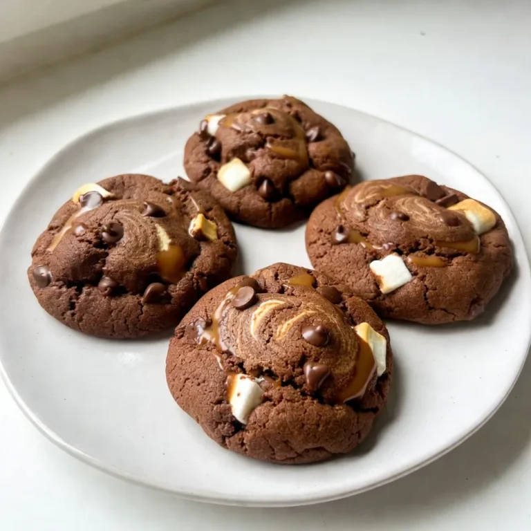 To make Chocolate Marshmallow Swirl Cookies, gather these key ingredients: - 1 cup unsalted butter, softened to room temperature - 1 cup granulated sugar - 1 cup packed brown sugar - 2 large eggs, at room temperature - 2 teaspoons pure vanilla extract - 3 cups all-purpose flour - 1 cup unsweetened cocoa powder - 1 teaspoon baking soda - ½ teaspoon fine sea salt - 1 cup semi-sweet chocolate chips - 1 cup mini marshmallows - ½ cup caramel sauce (for drizzling) Feel free to adjust your cookie experience with these options: - Chopped nuts like walnuts or pecans for crunch - Different chocolate types, such as dark or white chocolate - Flavored extracts like almond or hazelnut for added depth Choosing high-quality ingredients makes a big difference. Here are my tips: - Use fresh butter for a rich flavor. - Opt for pure vanilla extract, not imitation, for the best taste. - Select unsweetened cocoa powder with a deep, rich color; this indicates quality. - Choose mini marshmallows that are soft and fluffy to ensure great texture. - For chocolate chips, look for semi-sweet varieties with high cocoa content for more intense flavor. By paying attention to these details, your cookies will stand out. {{ingredient_image_2}} First, set your oven to 350°F (175°C). This step warms the oven for even cooking. Next, take two baking sheets and line them with parchment paper. This keeps the cookies from sticking. You want to have about 2 inches of space between each cookie to help them spread. In a large bowl, add 1 cup of softened butter, 1 cup of granulated sugar, and 1 cup of packed brown sugar. Use an electric mixer on medium speed. Mix until the mixture is light and fluffy. This should take about 2 to 3 minutes. Next, crack in 2 large eggs, one at a time. Make sure to mix well after each egg. Add 2 teaspoons of pure vanilla extract and blend until your batter is smooth and creamy. In another bowl, whisk together 3 cups of all-purpose flour, 1 cup of unsweetened cocoa powder, 1 teaspoon of baking soda, and ½ teaspoon of fine sea salt. This dry mix adds flavor and structure to your cookies. Make sure everything is combined well before adding it to the wet mix. Gradually add the dry mixture to the wet ingredients. Stir gently with a spatula until just combined. Be careful not to overmix; this keeps the cookies tender. Now, fold in 1 cup of semi-sweet chocolate chips and 1 cup of mini marshmallows. Use a tablespoon or cookie scoop to drop rounded mounds onto your baking sheets. Drizzle a bit of caramel sauce on top of each cookie. With a toothpick, swirl the caramel lightly into the dough. Bake the cookies for 10 to 12 minutes. The edges should be set, but the centers can be soft. Let them cool on the sheets for 5 minutes before moving them to wire racks to cool completely. To get the swirl just right, use a toothpick. After you drizzle the caramel, gently swirl it into the dough. Make sure not to mix it in completely. You want to see the caramel on top. This adds a nice look and flavor to each bite. Practice makes perfect, so don’t worry if it's not perfect the first time. Each cookie will still taste amazing! To get soft and chewy cookies, don’t overmix the dough. When you add the dry ingredients, mix just until combined. Overmixing makes cookies tough. Also, watch the baking time. Take them out when the edges are set but the centers look soft. They will firm up as they cool. This step is key for a great texture! Store your cookies in an airtight container. This keeps them fresh and soft. If you want to keep them longer, use a freezer bag. Just make sure to seal it tightly. You can freeze the cookies for up to three months. When you’re ready to eat them, thaw at room temperature. Enjoy them fresh! Pro Tips Chill Your Dough: For even chewier cookies, chill the dough for at least 30 minutes before baking. This helps to solidify the fat and prevents excessive spreading during baking. Use Quality Chocolate: Opt for high-quality semi-sweet chocolate chips for the best flavor. The richer the chocolate, the more delicious your cookies will be! Don’t Overbake: To achieve soft and gooey centers, remove the cookies from the oven when the edges are set but the centers still look slightly underbaked. They will continue to firm up as they cool. Add a Pinch of Sea Salt: For an enhanced flavor profile, sprinkle a tiny bit of flaky sea salt on top of the cookies right after they come out of the oven. It balances the sweetness beautifully. {{image_4}} You can add nuts to your cookies for a crunch. Walnuts and pecans work well. Use about 1 cup of chopped nuts. You can also mix different chocolate types. Try using dark chocolate chips or white chocolate chips. These changes add new flavors and textures to your cookies. Caramel is great, but you can change it up. Try using chocolate syrup instead. You can also use peanut butter or fruit jams. Each sauce gives your cookies a unique taste. Feel free to mix and match to find your favorite swirl. To make these cookies gluten-free, swap all-purpose flour for a gluten-free blend. Look for one that works well in baking. For vegan cookies, use a plant-based butter and flax eggs. Mix 1 tablespoon of ground flaxseed with 2.5 tablespoons of water to replace one egg. These swaps keep the cookies delicious while meeting your needs. Let the cookies cool completely on a wire rack. This helps keep them soft. Once cool, store them in an airtight container. Place a piece of parchment paper between layers to avoid sticking. They stay fresh for about one week on the counter. You can freeze these cookies for later. First, let them cool fully. Then, place them in a single layer on a baking sheet. Freeze them for about an hour. After that, transfer them to a freezer-safe bag. They last up to three months in the freezer. To enjoy, thaw them at room temperature. For the best storage, use airtight containers. Glass jars or plastic bins work well. If you stack cookies, use parchment paper to separate layers. This keeps the cookies fresh and prevents crushing. Label your containers with the date for easy tracking. Chocolate Marshmallow Swirl Cookies are soft, chewy treats. They mix chocolate cookie dough with mini marshmallows and caramel sauce. The result is a tasty swirl of flavors. You get rich chocolate, sweet marshmallow, and a hint of caramel in every bite. They are perfect for parties or a cozy night in. Yes, you can use different types of marshmallows. You might try flavored marshmallows for a twist. Mini marshmallows work best as they blend well into the dough. If you prefer larger marshmallows, cut them into smaller pieces. This way, they will melt nicely while baking. These cookies last about 5 days at room temperature. Store them in an airtight container to keep them fresh. For longer storage, you can freeze them. They keep well in the freezer for about 3 months. Just thaw them at room temperature before enjoying. Yes, you can substitute ingredients for dietary needs. Use dairy-free butter and chocolate for a vegan option. If you need gluten-free cookies, use a gluten-free flour mix. You can also replace sugar with a sweetener of your choice. Just ensure that the flavors still balance well. In this blog post, we explored how to make delicious Chocolate Marshmallow Swirl Cookies. We covered the right ingredients and helpful tips for baking and storing. You learned about variations and how to adjust recipes for different diets. Remember, the key to great cookies is in the details. Use quality ingredients, follow the steps closely, and don't be afraid to experiment. Enjoy your baking journey and treat yourself and others to these tasty cookies!