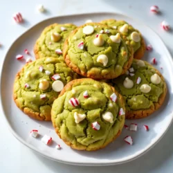 To make Peppermint Grinch Cookies, gather these key ingredients: - 1 cup unsalted butter, softened to room temperature - 1 cup granulated sugar - 1 cup tightly packed brown sugar - 2 large eggs at room temperature - 1 teaspoon pure vanilla extract - 3 &frac14; cups all-purpose flour - 1 teaspoon baking soda - &frac12; teaspoon fine sea salt - 1 teaspoon peppermint extract - &frac12; cup green food coloring - 1 cup white chocolate chips - &frac12; cup crushed peppermint candies These ingredients create a soft, colorful cookie. The green color comes from the food coloring. The peppermint extract gives a nice holiday flavor. You can add fun garnishes to make your cookies pop. Here are some ideas: - Extra crushed peppermint candies for topping - A drizzle of melted white chocolate - Festive sprinkles in red and green These garnishes add flair and enhance the festive spirit of the cookies. To bake these cookies, you will need a few tools: - Two baking sheets - Parchment paper - Mixing bowls (one large and one medium) - Electric mixer or wooden spoon - Whisk for dry ingredients - Tablespoon or cookie scoop for dough Having the right tools makes baking easier and more fun. Make sure to prepare everything before you start. This way, you can enjoy the process! {{ingredient_image_2}} First, set your oven to 350&deg;F (175&deg;C). This heat helps the cookies bake evenly. Next, grab two baking sheets. Line them with parchment paper. This step keeps the cookies from sticking. In a large bowl, put one cup of softened butter. Add one cup of granulated sugar and one cup of brown sugar. Use an electric mixer or a strong spoon to mix. Beat until the mixture is light and fluffy. This process takes about 2 to 3 minutes. Then, add two large eggs, one at a time. Mix well after adding each egg. Stir in one teaspoon of pure vanilla extract and one teaspoon of peppermint extract. In another bowl, whisk together 3 &frac14; cups of all-purpose flour, one teaspoon of baking soda, and &frac12; teaspoon of fine sea salt. Gradually add the dry mix to the wet mix. Stir just enough to remove any flour streaks. Be careful not to overmix. This keeps the cookies soft and tender. Now, add &frac12; cup of green food coloring. Mix gently until the color is spread evenly. Then, fold in one cup of white chocolate chips and &frac12; cup of crushed peppermint candies. Use a tablespoon or cookie scoop to drop rounded balls of dough on the baking sheets. Leave about 2 inches between each ball. Bake them for 10 to 12 minutes. The edges will be lightly golden, and the centers may look a bit underbaked. They will firm up as they cool. After baking, let the cookies cool on the sheets for about 5 minutes. Then, move them to wire racks to cool completely. For a fun presentation, stack the cookies in a bright festive jar or arrange them on a pretty platter. You can also sprinkle extra crushed peppermint on top before serving. Enjoy your festive treat! For the best cookie dough, start with room temperature butter. This helps the butter blend well with sugar. Cream the butter and sugars until light and fluffy. This should take about 2 to 3 minutes. When adding eggs, mix one at a time for a smooth dough. After mixing in the dry ingredients, stop as soon as you see no flour. Overmixing can make the cookies tough. To get a bright green color, use gel food coloring. It gives a vibrant hue without adding too much liquid. Add the green coloring after blending the wet and dry ingredients. Start with a few drops, then mix. Keep adding until you reach your desired shade. Remember, the color will lighten a bit when baked. Use light-colored baking sheets for even baking. Dark sheets can cause the edges to brown too fast. Line each sheet with parchment paper. This makes it easy to lift cookies off without sticking. Space the dough balls about 2 inches apart. This allows the cookies to spread without merging together. Pro Tips Chill the Dough: For even thicker cookies, chill the dough for at least 30 minutes before baking. This helps prevent spreading and gives a chewier texture. Use Fresh Peppermint Candies: Opt for freshly crushed peppermint candies for a more vibrant flavor and crunch. Old candies can lose their zest and texture. Check for Doneness: Don&rsquo;t wait for the cookies to turn golden all over; pull them out when the edges are set and the center is still soft. They will continue to cook on the baking sheet. Decorate with Style: Add a drizzle of melted white chocolate on top of the cooled cookies for an elegant finish, and sprinkle with additional crushed peppermint for a festive touch. {{image_4}} You can make gluten-free Peppermint Grinch Cookies. Just swap the all-purpose flour with a gluten-free blend. Look for a mix that has xanthan gum. This will help the cookies hold together. Follow the same steps as in the original recipe. The cookies may be slightly softer but still taste great. If you want to change up the chocolate, try using dark chocolate chips or milk chocolate chips instead of white chocolate. Each option brings a new flavor that complements the peppermint. You can also mix chocolate types for a fun twist. This small change can make a big difference in taste. Feel free to experiment with different flavors. If peppermint isn&rsquo;t your favorite, try using almond extract or vanilla extract instead. You can also add a bit of orange zest for a citrusy kick. This way, you create a new cookie that still has that festive spirit. Just remember to adjust the amount of extract based on your taste. To keep your Peppermint Grinch Cookies fresh, store them in an airtight container. This helps maintain their soft and chewy texture. Place parchment paper between layers of cookies to prevent sticking. Keep the container in a cool, dry place away from sunlight. This way, your cookies can stay delicious for up to one week. If you want to save some cookies for later, freezing is a great option. First, let the cookies cool completely. Then, place them in a single layer on a baking sheet. Freeze them for about an hour until they are firm. After that, transfer the cookies to a freezer-safe bag or container. Make sure to remove as much air as possible. You can freeze the cookies for up to three months. When you&rsquo;re ready to enjoy them, simply thaw them at room temperature. For the best storage, use clear plastic containers or glass jars with tight lids. These containers keep air out and lock in moisture. If you have decorative tins, those can work well too, adding a festive touch. Just remember to add a layer of parchment paper to keep the cookies safe. Using the right containers will help your Peppermint Grinch Cookies stay fresh and tasty! Yes, you can make these cookies ahead. Prepare the dough and chill it. Wrap it tightly in plastic wrap and refrigerate for up to three days. You can also freeze the dough for up to three months. Just remember to thaw it overnight in the fridge before baking. To soften butter fast, cut it into small cubes. Place the cubes in a bowl and let them sit at room temperature for about 10-15 minutes. You can also microwave it for 10 seconds. Make sure it softens, but does not melt. To adjust the sweetness, you can reduce the sugar by &frac14; cup. If you want them sweeter, add more white chocolate chips or peppermint candies. Taste the dough before baking to find the right balance for you. You learned how to make Peppermint Grinch Cookies step-by-step, from ingredients to storage. We explored tips for perfect dough and variations like gluten-free options. Remember to use the right tools and equipment for the best results. These cookies combine fun flavors and festive cheer, ideal for any holiday gathering. I hope you enjoy baking and sharing them! Happy baking!