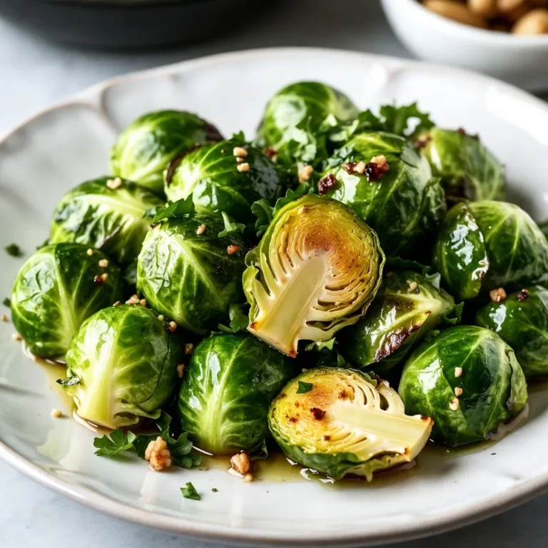 - 1 pound Brussels sprouts, trimmed and halved - 3 tablespoons honey - 2 tablespoons soy sauce - 3 cloves garlic, finely minced - 2 tablespoons extra virgin olive oil - Salt and freshly ground black pepper, to taste - 1 teaspoon red pepper flakes (optional, for a spicy kick) - Fresh parsley, finely chopped, for garnish To make this dish, you need a few simple tools: - A mixing bowl for the sauce - A large bowl for the Brussels sprouts - A whisk to mix the sauce - A baking sheet - Parchment paper for easy cleanup You can play with this recipe! Here are some fun add-ins: - Bacon bits for a smoky flavor - Chopped nuts like almonds for crunch - A splash of lemon juice for brightness {{ingredient_image_2}} First, preheat your oven to 400°F (200°C). This step is key for roasting. A hot oven helps the Brussels sprouts get crispy and brown. Next, grab a small bowl. In this bowl, mix together: - 3 tablespoons honey - 2 tablespoons soy sauce - 3 cloves garlic, finely minced - 2 tablespoons extra virgin olive oil - Salt and black pepper, to taste - 1 teaspoon red pepper flakes (optional) Whisk all the ingredients until they blend well. This sauce is sweet, salty, and has a nice kick. Now, take a large bowl and add: - 1 pound Brussels sprouts, trimmed and halved Pour the honey garlic sauce over the Brussels sprouts. Toss them gently, so each sprout gets a nice coat of sauce. This will make them tasty as they roast. Prepare a baking sheet by lining it with parchment paper. This makes cleanup easy. Spread the coated Brussels sprouts on the sheet in a single layer. Make sure they have space to roast evenly. Place the baking sheet in your preheated oven. Roast the Brussels sprouts for 20 to 25 minutes. Halfway through, stir them around. This helps them brown nicely. Once the sprouts are roasted, take the baking sheet out of the oven. Let them cool for a few minutes. This step improves their flavor. Transfer the Brussels sprouts to a serving dish. For a pop of color, sprinkle chopped parsley on top. This adds freshness and makes them look great. To get that perfect texture, focus on the size of your Brussels sprouts. Halve them so they cook evenly. When you roast them, spread them out in one layer. This helps them get crisp on the outside. Stir them halfway through cooking. This way, they brown and soften just right. Use good quality honey and soy sauce. This adds depth to your dish. Fresh garlic boosts the flavor too. For a kick, toss in red pepper flakes. You can also add lemon zest for a fresh twist. Finally, sprinkle fresh parsley on top for a bright finish. Avoid overcrowding the baking sheet. This can steam the sprouts instead of roasting them. Don’t skip the stirring step; it helps with even cooking. Lastly, don’t rush the cooling time after roasting. Letting them cool a bit enhances the flavor and texture. Pro Tips Choose Fresh Brussels Sprouts: Look for firm, vibrant green Brussels sprouts without any yellowing or blemishes for the best flavor and texture. Adjust Sweetness: If you prefer a less sweet dish, reduce the amount of honey or substitute with maple syrup for a different flavor profile. Experiment with Add-ins: Feel free to add nuts like pecans or walnuts during the last 5 minutes of roasting for added crunch and flavor. Serve Warm: For the best taste experience, serve the Brussels sprouts immediately after roasting while they are still warm and caramelized. {{image_4}} You can easily spice up this dish. Add a teaspoon of red pepper flakes for heat. If you want more spice, use a bit of cayenne pepper. This kick balances the sweet honey and garlic, making each bite exciting. Adjust the spice level based on your taste. I recommend tasting the sauce before you toss it with the sprouts. For extra crunch, consider adding nuts or seeds. Almonds, walnuts, or sesame seeds work well. Chop the nuts roughly and sprinkle them on top after roasting. This adds texture and flavor to your dish. Nuts bring healthy fats, making the meal more filling. You can toast them lightly for a richer taste. This dish is already vegetarian, but you can make it vegan too. Simply replace honey with maple syrup or agave nectar. Both options add sweetness without animal products. The rest of the recipe stays the same. You still get that sweet and savory flavor, making it suitable for everyone. Enjoy this dish guilt-free! Store your leftover honey garlic Brussels sprouts in an airtight container. They will stay fresh for about 3 to 5 days in the fridge. Before storing, let them cool to room temperature. This helps keep them crisp. If you want to keep them longer, refrigeration is key. You can freeze Brussels sprouts if you want to keep them longer. First, make sure they are completely cooled. Place them in a freezer-safe bag. Remove as much air as possible to avoid freezer burn. They can last up to 2 months in the freezer. When you are ready to eat them, thaw them in the fridge overnight. To reheat your Brussels sprouts, the oven is the best option. Preheat your oven to 350°F (175°C). Spread the sprouts on a baking sheet and heat for about 10-15 minutes. This will keep them crispy. You can also use the microwave, but they might get a bit soggy. For the best flavor, consider adding a splash of fresh honey or soy sauce when reheating. Yes, you can use frozen Brussels sprouts. However, fresh sprouts taste better. Frozen sprouts may not roast as well. They can become mushy. If using frozen, thaw them first to improve texture. You can store leftover Brussels sprouts in the fridge for up to four days. Keep them in an airtight container. They may lose some crispness, but they will still taste good. Honey garlic Brussels sprouts pair well with many dishes. Try serving them with grilled chicken or fish. They also taste great with rice or quinoa. For a full meal, add a salad on the side. You can prepare the Brussels sprouts in advance. Coat them in the honey garlic sauce, then store in the fridge for a day. Roast them just before serving for the best flavor and texture. You now have all the steps to make honey garlic Brussels sprouts. We covered ingredients, equipment, and how to create that tasty sauce. Roasting tips can help you get the best texture. Don’t forget the fun variations and storage methods for leftovers. Enjoy making this dish. It’s simple, tasty, and can impress anyone. Try it out and share your results!