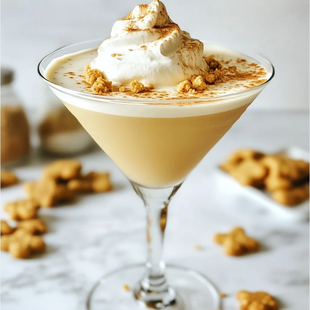 - 1 cup gingerbread cookies, finely crushed - 1 cup whole milk - 1 tablespoon molasses - 1 teaspoon ground ginger - 1 teaspoon ground cinnamon - ½ teaspoon vanilla extract - Whipped cream for a luscious topping - Extra crushed gingerbread cookies for an enchanting garnish - Flavored syrups - Alcoholic additions (e.g., rum or vodka) - Cream liqueurs The ingredients for the Gingerbread Martini create a festive drink. Start with gingerbread cookies for that classic taste. The whole milk gives it a creamy base. Molasses adds a deep sweetness that makes this drink special. Ginger and cinnamon provide warm, spicy notes. The vanilla extract rounds out the flavors perfectly. Whipped cream is a must for a delightful topping. You can also add crushed gingerbread cookies as a garnish. This gives your drink a lovely look and extra crunch. For those wanting to switch things up, consider optional add-ins. Flavored syrups can enhance sweetness. If you want a kick, add rum or vodka for a boozy twist. Cream liqueurs bring a rich, smooth texture. Experiment to find your favorite mix! {{ingredient_image_2}} Heating the milk Start by pouring 1 cup of whole milk into a small saucepan. Place it on medium heat. Stir the milk gently. You want it warm, not boiling. This takes about 2-3 minutes. Mixing spices and flavors Once the milk is warm, take the saucepan off the heat. Add 1 tablespoon of molasses to the milk. Then, mix in 1 teaspoon of ground ginger and 1 teaspoon of ground cinnamon. Whisk them together well. Make sure the mixture is smooth and combined. Blending with gingerbread cookies Now, grab 1 cup of finely crushed gingerbread cookies. Place them in a blender. Pour the milk mixture over the cookies. Blend it on high for 30-45 seconds. You want it silky and creamy. Pouring into glasses Take chilled martini glasses. Carefully pour the gingerbread mixture into each glass. Fill them about three-quarters full. This leaves enough room for toppings. Topping suggestions Add a generous dollop of whipped cream on top of each martini. This creates a fluffy crown that looks delightful. Garnishing presentation tips For a festive touch, sprinkle extra crushed gingerbread cookies on top. Add a dusting of ground cinnamon, too. For a charming finish, consider rimming the glasses with crushed cookies. You can even serve a gingerbread cookie on the side for an extra treat! To make your Gingerbread Martini smooth, you need a silky consistency. Start by heating the whole milk. Do this gently over medium heat. Stir it as it warms, but do not let it boil. This step helps blend the flavors well. Next, adjust sweetness with molasses. Using too much can make it too sweet. Start with one tablespoon and taste it. You can always add more if needed. The right amount will make your drink rich and flavorful. For the best taste, use the right spice amounts. Ground ginger and cinnamon are key to that warm flavor. One teaspoon of each works well. If you want a stronger taste, add a little more, but be careful not to overpower the drink. Think about fresh versus dried ingredients. Fresh spices can add a brighter flavor. However, dried spices are convenient and still tasty. If you have fresh ginger, use it to boost that ginger taste. Just remember to use less since fresh is stronger. Pro Tips Choose High-Quality Cookies: Using premium gingerbread cookies will enhance the flavor and texture of your martini, making it a truly delightful experience. Chill Your Glasses: For a refreshing touch, chill your martini glasses in the freezer for 10-15 minutes before serving to keep your drink colder for longer. Experiment with Spirits: Feel free to add a splash of your favorite spirit, such as vodka or spiced rum, for an adult twist that complements the gingerbread flavors. Layer Flavors: For a more complex flavor profile, consider adding a hint of nutmeg or allspice along with the cinnamon and ginger for an extra layer of warmth. {{image_4}} You can easily turn the Gingerbread Martini into a fun mocktail. Just skip the alcohol and focus on the rich spices and flavors. Here’s how: - Use the same ingredients: gingerbread cookies, whole milk, molasses, spices, and vanilla. - Blend as usual for that creamy texture. - Top it with whipped cream and crushed cookies. - You can even rim the glass with crushed cookies for added flair. This festive drink keeps the spirit of the holidays alive without the alcohol. Want to switch things up? Here are a couple of ideas to change the flavor: - Add peppermint: A few drops of peppermint extract gives a fresh twist. It pairs well with the spices. - Incorporate chocolate: Add chocolate syrup or blend in cocoa powder for a rich taste. - Experiment with spices: Try nutmeg or cardamom for a unique spin. These spices complement ginger well. - Use flavored extracts: Almond or coconut extracts can add a fun twist to the drink. These easy changes make the Gingerbread Martini even more delightful. Enjoy your creative twist! To store any leftover Gingerbread Martini mixture, follow these steps: - Chill the mixture: Let it cool to room temperature first. - Use an airtight container: A glass jar or a plastic container works well. - Refrigerate immediately: This helps keep it fresh. When you want to enjoy it again, just reheat gently. Warm it on low heat in a saucepan. Stir often to avoid burning. The shelf life of the ingredients is important for taste and safety. Here's how long they last: - Crushed gingerbread cookies: Use within 1 week for best taste. - Whole milk: Typically lasts about 5-7 days after opening. - Molasses: Can last for months when stored correctly. - Ground spices: Keep them for about 2-3 years if stored in a cool, dark place. - Vanilla extract: Lasts indefinitely when sealed tightly. - Whipped cream: Use within 1 week after opening. Keeping track of these times helps you enjoy your Gingerbread Martini at its best! You can add rum, vodka, or even whiskey. Rum gives a warm flavor that fits gingerbread well. Vodka keeps it smooth and lets the spices shine. Whiskey adds depth and richness. Experiment to find your favorite mix! Yes, store-bought cookies work just fine. They save time and still add great flavor. Look for cookies that are crunchy for the best texture. You can crush them easily to mix with your drink. To make it vegan, swap whole milk with almond or coconut milk. Use a vegan whipped cream for topping. Check your gingerbread cookies to ensure they don’t have dairy. This way, everyone can enjoy the drink! Serve the martinis in stylish glasses for a festive touch. Rim the glasses with crushed gingerbread cookies for extra flair. Pair the drinks with mini gingerbread cookies on the side. This makes for a lovely presentation! We explored how to create a delightful Gingerbread Martini. I shared key ingredients like gingerbread cookies and whole milk, plus tips for perfect texture. The article showed you how to serve and garnish your drink for that special touch. Variations let you adjust flavors, whether you want a festive mocktail or a twist with peppermint. Finally, I explained how to store your leftovers properly. Enjoying this drink is easy and fun, so bring joy to your holiday gatherings with this tasty treat!