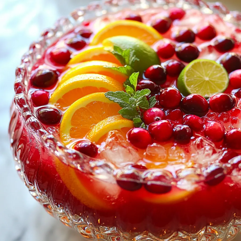 To make the Sparkling Non-Alcoholic Christmas Punch, gather these fresh and vibrant ingredients: - 4 cups cranberry juice - 2 cups freshly squeezed orange juice - 1 cup pineapple juice - 1 cup sparkling water or citrus-flavored soda - 1/2 cup pomegranate seeds - 1 cup fresh cranberries - 1 medium orange, thinly sliced - 1 lime, thinly sliced - 2 sprigs of fresh mint - Ice cubes These ingredients bring a festive flair. Each juice adds its own unique taste. The cranberry juice gives a tart flavor. The orange juice adds sweetness, while pineapple juice brings tropical notes. The sparkling water or soda creates a bubbly texture and a refreshing feel. Pomegranate seeds and fresh cranberries add vibrant colors and fun textures. The orange and lime slices not only look great but also offer delightful aromas. Lastly, fresh mint leaves give a bright green garnish that elevates the drink's presentation. When you mix all these flavors, your punch will shine at every holiday gathering! {{ingredient_image_2}} First, grab a big punch bowl. Pour in 4 cups of cranberry juice. Next, add 2 cups of freshly squeezed orange juice. Then, add 1 cup of pineapple juice. Use a large spoon to mix the juices well. This blend gives the punch a sweet and tangy flavor. Now it’s time for the sparkle! Pour in 1 cup of sparkling water or citrus-flavored soda. Stir gently to mix without losing the fizz. This bubbly step makes the punch feel festive and fun. Next, add 1/2 cup of pomegranate seeds and 1 cup of rinsed fresh cranberries. These fruits add great texture and a pop of color. Then, fold in slices of 1 medium orange and 1 lime. Their bright scents will make your punch smell amazing. When you’re ready to serve, fill each glass with ice cubes. Pour the punch over the ice. Watch the vibrant colors mix beautifully, making it eye-catching. To finish, add a sprig of fresh mint to each glass. This garnish adds a lovely green touch. It also gives a nice aroma to your drink. You can prepare this punch in advance. Mix the juices without the sparkling water and fruits. Store this mix in the fridge. Add the sparkling water and fruits right before serving. This keeps the fizz fresh and fun. Taste is key! If it's too sweet, add a splash of lime juice. If it’s too tart, a bit more orange juice helps. Adjust these flavors until you find your perfect mix. This way, everyone enjoys their drink just right. To keep the punch cold, use ice cubes. You can also freeze juice in ice trays. These juice cubes chill the punch without watering it down. Another tip is to chill your punch bowl before adding the punch. This helps keep it cold longer. Pro Tips Chill Your Ingredients: Ensure all your juices and sparkling water are chilled before mixing to keep the punch refreshingly cool. Use Fresh Ingredients: Opt for freshly squeezed juices and seasonal fruits for the best flavor and aroma in your punch. Customize the Fizz: Adjust the amount of sparkling water or soda to your taste; less for a more subtle fizz, or more for a bubbly experience. Make it Ahead: Prepare the juice mixture in advance, but add the sparkling water right before serving to maintain the bubbles. {{image_4}} You can change the taste of your punch by swapping out juices. For example, use apple juice instead of cranberry juice for a sweeter flavor. Try mango juice for a tropical twist. Mixing in some grape juice can add depth. Each juice will give your punch a new vibe. Don't be afraid to experiment! Adding herbs can boost the flavor of your punch. Fresh basil or rosemary can add a unique twist. Mint gives a refreshing touch, while thyme adds warmth. Just add a few leaves to the mix for a delightful surprise. These herbal infusions make your drink special and fragrant. Feel free to switch up the sparkling water. Use flavored sparkling water for new tastes. Lemon or lime soda can add extra zing. If you want something sweet, try a fruity soda. These sparkling alternatives keep the party lively and fun. Store leftover punch in a sealed container. A glass jar works well. Keep it in the fridge. This helps keep flavors fresh. Avoid leaving it out at room temperature. Your punch stays fresh in the fridge for about three days. After that, flavors may fade. If it looks or smells off, don’t drink it. You can use leftover ingredients in other recipes. For example, use extra fruit for a salad. Add pomegranate seeds to yogurt. You can also freeze leftover juices for later use. Just pour them into ice cube trays. These cubes add flavor to drinks. Yes, you can make this punch ahead of time. Just prepare the juice mix without the sparkling water. This way, it stays fresh. Store it in the fridge. When you are ready to serve, add the sparkling water and ice. This keeps the fizz from going flat. Absolutely! This punch is non-alcoholic, making it perfect for kids. The mix of juices is sweet and fruity. Kids love the bright colors and fun bubbles. It’s a safe drink for all ages at your holiday party. Serve this punch in clear glasses to show off its colors. You can float orange and lime slices on top for a festive look. Adding whole cranberries or pomegranate seeds makes it even prettier. Pair it with holiday snacks like cheese or cookies for a fun treat! This festive punch combines refreshing juices, fruits, and bubbles for a tasty drink. You learned how to mix the juices and add fruits like pomegranate seeds and fresh cranberries. I shared tips for preparing ahead, balancing flavors, and keeping the punch cold. You even got ideas for variations and storage. This punch is perfect for any gathering and sure to impress. Enjoy making your own delicious version!