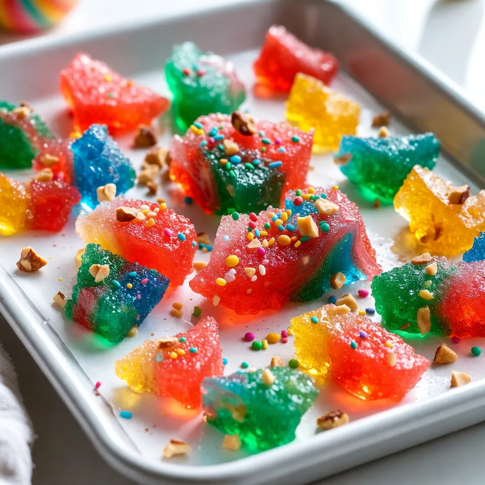 - 2 cups granulated sugar - 1 cup corn syrup - 1 cup water - 1 teaspoon pure vanilla extract - 1 cup chopped nuts (almonds or pecans) - 1 cup vibrant candy sprinkles - Food coloring (optional, for swirls) Gathering the right ingredients is key to making easy Christmas rock candy. Start with 2 cups of granulated sugar. This sugar is the main part of our candy. Next, you need 1 cup of corn syrup. This syrup helps the candy stay soft and chewy. Add 1 cup of water to the mix. This helps dissolve the sugar. You'll also need 1 teaspoon of pure vanilla extract. This gives our candy a nice, sweet flavor. For a crunchy touch, use 1 cup of chopped nuts. You can choose either almonds or pecans. Both work great! To make it festive, grab 1 cup of vibrant candy sprinkles. Pick a mix of colors to make your candy pop. Lastly, if you want colorful swirls, use some food coloring. This is optional, but it makes the candy look extra fun! With these ingredients ready, you're all set to create a delightful holiday treat. {{ingredient_image_2}} Start by gathering your ingredients. In a medium saucepan, mix together 2 cups of granulated sugar, 1 cup of corn syrup, and 1 cup of water. Stir gently over medium heat. Keep stirring until the sugar fully dissolves. Make sure there are no granules left. This step is key for smooth candy. Once the sugar is dissolved, turn the heat up to high. Bring the mixture to a boil. Do not stir now. Let it boil until the candy thermometer reads 300°F. This is the hard crack stage. It takes careful watching, so stay close to your pot. After reaching 300°F, remove the pot from heat. Let it cool for about 5 minutes. Then, stir in 1 teaspoon of pure vanilla extract. If you want colorful swirls, add food coloring now. Use just a few drops and mix gently. Don't overmix; you want some color swirls. Now, prepare a baking sheet with parchment paper. Pour the hot candy mixture onto the sheet. Use a spatula to spread it out evenly. Aim for a thickness of about 1/4 inch. Before it sets, sprinkle 1 cup of chopped nuts and 1 cup of vibrant candy sprinkles on top. Press them down gently with the spatula. Let the rock candy cool for about 30 minutes. Once it's hard, break it into pieces. Enjoy this sweet treat with family and friends! To make great rock candy, you must dissolve the sugar well. Start by mixing the sugar, corn syrup, and water in a medium pot. Stir gently over medium heat. Keep stirring until you see no sugar granules. This step is key! If the sugar does not dissolve, your candy may not set right. The hard crack stage is crucial for rock candy. You want your mixture to reach 300°F. Use a candy thermometer for accuracy. Once it boils, do not stir! Just let it bubble until it hits that temperature. If you go too high, your candy can burn, and if too low, it will be sticky. When your rock candy cools, think of fun ways to serve it. Wrap pieces in clear cellophane for gifts. Add a colorful ribbon for a festive touch. You can also stack pieces in a clear jar for a cute table display. This candy looks lovely and makes a sweet treat for holiday gatherings! Pro Tips Temperature Precision: Ensure that you use a reliable candy thermometer to achieve the exact hard crack stage at 300°F for perfect rock candy consistency. Color Swirls: When adding food coloring, use gel or paste to avoid altering the mixture's consistency and create more vibrant colors. Nuts and Sprinkles: For an even distribution of nuts and sprinkles, sprinkle them on the candy while it's still warm, and gently press them down to embed. Storage Tips: Store rock candy in an airtight container with a piece of wax paper between layers to prevent sticking and maintain freshness. {{image_4}} You can switch the nuts in your rock candy for a new taste. Try walnuts for a rich flavor or cashews for a softer crunch. Each nut adds a unique touch. If you're allergic to nuts, you can skip them altogether. The candy will still taste great without nuts. Want to make your rock candy even more fun? Use food coloring to create swirls. Add a few drops of your favorite colors into the hot mixture before pouring it onto the baking sheet. Gently swirl it with a spatula. Don’t overmix, or the colors will blend too much. This makes your candy look festive and bright! Sprinkles can change the whole look of your rock candy. Use red and green for Christmas, pastel colors for Easter, or orange and black for Halloween. You can even find themed sprinkles for birthdays or other special events. This simple change can make your candy perfect for any occasion! To keep your Christmas rock candy fresh, store it in an airtight container. Choose a container that fits the amount of candy you have. Make sure it seals well to keep out air and moisture. You can layer pieces of candy with parchment paper to prevent sticking. If you live in a humid area, consider adding a small silica gel packet to absorb moisture. When stored properly, your rock candy can last for about two weeks. It tastes best when fresh, but it can still be enjoyed after this time. Keep an eye on any changes in texture or flavor. If the candy becomes soft or sticky, it is best to toss it out. If you have leftover rock candy that you want to reuse, you can melt it down. Place the candy in a saucepan over low heat. Stir gently until it melts completely. Once melted, you can pour it into a mold to create new shapes or flavors. Add nuts or sprinkles again for a fun twist! Just be careful not to overheat it, as it can burn easily. The hard crack stage is when candy hits 300°F. At this point, the sugar is fully cooked. You can test it by dropping a bit into cold water. It should form hard, brittle threads. Achieving this stage is key for rock candy. It gives the candy its firm texture. If you don't reach this stage, your candy may stay soft. Yes, you can use light molasses or honey instead. Both can work in candy making. They will change the flavor slightly. If you want a clear candy, stick with corn syrup. It helps prevent crystal formation. This keeps your rock candy smooth and shiny. To cut the sweetness, try using less sugar. You can also add a pinch of salt. This helps balance the flavors. Consider using nuts with a savory taste, like pecans. You can also mix in a bit of dark chocolate. This adds depth and lessens the sweetness. This post gave you a clear path to making candy. We covered the key ingredients, step-by-step instructions, and helpful tips. You learned about variations to keep things fun and creative. We also went over how to store your treats and answered common questions. Making candy can be a joyful and tasty adventure. With practice, you’ll become a candy pro in no time! Enjoy your sweet creations!