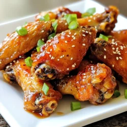 - 2 pounds chicken wings - 1/2 cup honey - 1/4 cup soy sauce (or coconut aminos for gluten-free) - 4 cloves garlic, finely minced - 1 tablespoon fresh ginger, grated - 1 tablespoon apple cider vinegar - 1 teaspoon sesame oil - 1/2 teaspoon crushed red pepper flakes - Salt and black pepper to taste - 2 green onions, chopped (for garnish) - Sesame seeds (for garnish) You can swap soy sauce with coconut aminos for a gluten-free option. Use maple syrup instead of honey for a vegan twist. If you need a lower-sodium option, choose low-sodium soy sauce. For a pop of color and flavor, add chopped green onions and sesame seeds. You can also serve with lime or lemon wedges for a zesty touch. A drizzle of extra honey can enhance sweetness if desired. {{ingredient_image_2}} Start by preheating your oven to 400&deg;F (200&deg;C). This heat is key for crispy wings. To save cleanup time, line a baking sheet with aluminum foil or parchment paper. Take the chicken wings and pat them dry with paper towels. This step is very important. A dry surface helps the wings get crispy. Place the dried wings in a large bowl. Season them well with salt and freshly ground black pepper. Make sure all wings are evenly coated. In a medium saucepan, add the honey, soy sauce, minced garlic, grated ginger, apple cider vinegar, sesame oil, and crushed red pepper flakes. Set the heat to low. Stir the sauce for 3 to 5 minutes until warm and mixed well. The sauce should smell great. Once done, take it off the heat. Pour half of the sauce over the chicken wings. Use tongs to toss the wings gently. Make sure every wing is coated in sauce. This is where the flavor starts to build! Spread the wings in a single layer on the prepared baking sheet. Place the baking sheet in the oven and bake the wings for 30 minutes. This helps them cook through and start to crisp up. After 30 minutes, take the wings out of the oven. Brush them with the rest of the sauce. Then, return them to the oven for another 10 to 15 minutes. This will make them golden brown and extra crispy. Once the wings are perfectly cooked, take them out of the oven. Let them rest for a few minutes. This helps the juices settle, making them even tastier. When ready, place the wings on a serving platter. Top with chopped green onions and sesame seeds. Serve with your favorite dipping sauce, and enjoy every sticky bite! To get crispy chicken wings, start by drying them well. Use paper towels to pat them dry. This step helps the skin crisp up in the oven. Next, season the wings with salt and pepper. This adds flavor and aids in crisping. Bake them on a lined baking sheet in a single layer. Avoid overcrowding; give each wing space to cook evenly. When coating your wings, use half of the sauce first. Toss the wings gently to cover them completely. This process allows the wings to soak in flavors. After the first bake, glaze them with the remaining sauce. This extra layer gives a nice sticky finish. Make sure to brush it on evenly. Timing is key for great flavor. Bake the wings for 30 minutes first. This ensures they cook through. After that, glaze with sauce and bake for another 10-15 minutes. Watch closely as they turn golden brown. Let them rest for a few minutes after baking. This step helps the juices settle, making each bite tender and juicy. Pro Tips Dry Wings for Crispiness: Patting the chicken wings dry before seasoning is essential. This helps achieve a crispy exterior when baked. Adjusting Spice Levels: Feel free to modify the amount of crushed red pepper flakes based on your heat preference. Start small and add more if you like it spicy! Glaze for Extra Flavor: Applying the remaining sauce halfway through baking not only adds flavor but also gives the wings a beautiful glaze. Rest Before Serving: Allowing the wings to rest for a few minutes after baking helps the juices redistribute, leading to more flavorful bites. {{image_4}} If you crave heat, add crushed red pepper flakes to the sauce. Start with 1 teaspoon, then taste. You can always add more if you want. The spice will balance the sweet honey and savory soy sauce. This mix makes each bite exciting and bold. For an extra kick, sprinkle cayenne or chili powder on the wings before baking. Sriracha adds a great zing to honey garlic wings. Mix 1-2 tablespoons of Sriracha into your sauce. This gives the wings a sweet and spicy flavor. It&rsquo;s perfect for those who love a bit of fire. Adjust the amount of Sriracha based on your taste. Some like it hot, others prefer mild. You can bake your wings or use an air fryer. Baking gives wings a lovely crisp skin. You need to bake them at 400&deg;F for about 30-45 minutes. Flip them halfway through for even cooking. Air frying is quicker and uses less oil. Set your air fryer to 375&deg;F. Cook wings for about 25-30 minutes. Shake the basket halfway through for best results. Both methods yield delicious wings, so choose what fits your style. To keep your honey garlic chicken wings fresh, place them in an airtight container. This helps to trap moisture and flavors. Store them in the fridge for up to three days. If you want to keep them longer, consider freezing. When you're ready to enjoy your leftover wings, preheat your oven to 350&deg;F (175&deg;C). Spread the wings on a baking sheet. Bake them for about 10-15 minutes, or until they are hot and crispy again. You can also use a microwave, but the oven keeps them crispy. To freeze your wings, let them cool first. Place them in a freezer-safe bag or container. Remove as much air as possible to avoid freezer burn. They can stay frozen for up to three months. When ready to eat, thaw in the fridge overnight before reheating. Yes, you can make honey garlic chicken wings ahead of time. Prepare the wings and sauce. Coat the wings in the sauce, then cover them. Place them in the fridge for up to 24 hours. When ready to cook, bake them straight from the fridge. This saves time and keeps your wings tasty. Honey garlic wings pair well with many sides. Here are some great options: - Celery sticks - Carrot sticks - Ranch dressing - Blue cheese dressing - Steamed rice - Crispy fries These sides balance the sweet and savory flavors of the wings. To adjust the sweetness, you can change the amount of honey. Add less honey for a less sweet sauce. You can also mix in more soy sauce to balance the flavors. If you want it sweeter, add more honey slowly. Taste as you go to find your perfect match. Yes, these wings can be gluten-free. Use coconut aminos instead of soy sauce. Coconut aminos are a tasty, gluten-free option. Always check the labels of your honey and other ingredients too. This ensures your meal is safe for gluten-sensitive people. Bake chicken wings at 400&deg;F (200&deg;C). Bake them for 30 minutes, then glaze them. Bake for another 10-15 minutes until crispy. This will give you juicy wings with a great texture. Adjust the time based on your oven and wing size. This post covered how to make tasty honey garlic chicken wings. We explored the ingredients, steps, and tips for success. You learned about substitutions and ways to make wings crispy. I also shared variations like spicy options and storage tips. Enjoy making these wings for any occasion. Your friends and family will love them! Happy cooking!