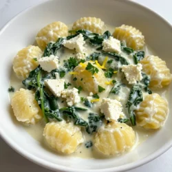 - 16 oz potato gnocchi - 2 cups fresh spinach, roughly chopped - 1 cup crumbled feta cheese - 1 cup heavy cream - 2 tablespoons extra-virgin olive oil - 2 cloves of garlic, finely minced - 1 teaspoon fresh lemon zest - Salt and freshly cracked pepper - 1/4 teaspoon red pepper flakes (optional) - Fresh parsley for garnish When I make creamy spinach feta gnocchi, I love using good-quality ingredients. Gnocchi serves as the base, and I prefer potato gnocchi for its soft texture. Fresh spinach adds a pop of color and nutrition. Crumbled feta cheese gives a rich, tangy flavor that pairs perfectly with the creamy sauce. Heavy cream is vital for a smooth, luscious sauce. I always opt for extra-virgin olive oil to saut&eacute; garlic and spinach. Fresh garlic infuses the dish with a robust aroma. The hint of lemon zest brightens the dish, balancing the creaminess. I use salt and freshly cracked pepper to enhance all the flavors. If you like a bit of heat, a pinch of red pepper flakes works wonders. Finally, I garnish with fresh parsley for a lovely touch. Gathering these ingredients makes cooking feel like a fun adventure. Each component plays a crucial role in creating a delightful dinner choice. You can easily find most of these ingredients at your local grocery store. {{ingredient_image_2}} To start, you need to boil salted water. Fill a large pot with water, then add a good amount of salt. Bring the water to a rolling boil. Add 16 oz of potato gnocchi to the pot. Cook according to the package instructions, which is usually about 2-3 minutes. The gnocchi will float when they are done. That&rsquo;s your sign they are ready. Drain the gnocchi well and set them aside. Next, you will saut&eacute; the garlic and spinach. Heat 2 tablespoons of extra-virgin olive oil in a large skillet over medium heat. Once the oil is hot, add 2 minced garlic cloves. Saut&eacute; the garlic for about 1 minute. You want to smell that lovely aroma. After that, add 2 cups of roughly chopped fresh spinach. Stir it for 2-3 minutes until it wilts and turns bright green. Now, it's time to create the creamy sauce. Carefully pour in 1 cup of heavy cream. Stir well to combine all the flavors. Bring the mixture to a gentle simmer. Then, add 1 cup of crumbled feta cheese and 1 teaspoon of fresh lemon zest. Season with a pinch of salt, freshly cracked pepper, and 1/4 teaspoon of red pepper flakes if you like some spice. Let the sauce simmer for about 3-5 minutes until it thickens and becomes creamy. Finally, we combine the gnocchi with the sauce. Gently fold the cooked gnocchi into the creamy spinach and feta sauce. Use a spatula to toss them together carefully. Make sure each gnocchi is coated in the sauce. Taste and adjust the seasoning if needed. Now, you're ready to serve this delightful dish! - Avoiding overcooking: Watch the gnocchi closely as they cook. They only need 2-3 minutes in boiling water. Remove them when they float to the top. This means they are done. - Checking for doneness: If you're unsure, take one gnocchi out and cut it in half. It should be soft but not mushy. - How to enhance creaminess: You can add more heavy cream for a richer sauce. A splash of milk can also help if you want a lighter option without losing creaminess. - Alternatives for flavor variations: Try adding a pinch of nutmeg or some saut&eacute;ed mushrooms for extra flavor. You can also swap feta for goat cheese to change the taste. - Creative serving ideas: Serve the gnocchi in shallow bowls. This shows off the creamy sauce and bright spinach. You can also layer it in a baking dish with cheese on top for a baked version. - Garnishing techniques: Sprinkle fresh parsley on top for color. Extra crumbled feta also adds a nice touch and makes the dish look inviting. Pro Tips Use Fresh Spinach: Opt for fresh spinach instead of frozen for a vibrant flavor and texture. Fresh spinach wilts beautifully and enhances the overall dish. Quality Feta Cheese: Choose a high-quality feta cheese for a richer taste. A good feta will melt well and add creaminess to the sauce. Adjust Creaminess: If you prefer a lighter sauce, you can substitute half of the heavy cream with vegetable broth. This will keep the flavors while reducing richness. Gnocchi Cooking Time: Keep an eye on the gnocchi while cooking. They are done when they float to the surface; overcooking can lead to a mushy texture. {{image_4}} You can change the greens in this dish. Try using kale or arugula instead of spinach. Each green adds its unique taste. For cheese, goat cheese or cream cheese works great too. These swaps keep the dish fresh and fun. If you need gluten-free options, choose gluten-free gnocchi. Many brands now offer this choice. For a vegan version, use plant-based cream and vegan cheese. These changes let everyone enjoy this creamy delight. Want to boost flavor? Add protein like chicken or shrimp. This makes the meal heartier. You can also use spices like nutmeg or thyme. These spices add warmth and depth to the dish. Experimenting with flavors makes cooking exciting! To keep your creamy spinach feta gnocchi fresh, store it right. First, let the dish cool down. Then, place it in a tight container. Use glass or plastic containers with lids. They keep the flavors in and prevent spills. Make sure to put it in the fridge within two hours of cooking. It stays good for about 3 to 4 days. When it&rsquo;s time to eat leftovers, reheat with care. The best way is to use a skillet. Heat it over low to medium heat. Add a splash of cream or water to keep it moist. Stir often to prevent sticking. Avoid using the microwave, as it may dry it out. If you use the microwave, cover the dish and heat in small bursts. Stop to check and stir to avoid overcooking. Freezing creamy spinach feta gnocchi is an option, but it can change texture. If you freeze it, do so right after cooking. Place it in a freezer-safe container. Make sure to leave space for expansion. It can stay in the freezer for up to 2 months. When you want to eat it, thaw overnight in the fridge. Reheat it in a skillet, adding a little cream or broth for moisture. This helps keep it creamy and tasty. Gnocchi are small, soft dumplings made from potatoes and flour. They are popular in Italian cuisine. This dish dates back to the Roman Empire. Gnocchi has evolved over time but remains a favorite. They are light, fluffy, and make a great base for many sauces. Yes, frozen spinach works well! It saves time and reduces waste. Frozen spinach is picked at peak freshness. This means it holds much of its flavor and nutrients. It also cooks quickly. Just thaw and drain it before adding to your dish. You can make this dish ahead of time! Cook the gnocchi and prepare the sauce separately. Store them in the fridge in airtight containers. When ready to eat, combine them in a pan. Heat gently until warm. This way, you save time on busy nights. This dish pairs well with many sides. A simple salad adds freshness. Garlic bread complements the creamy sauce nicely. Roasted vegetables also make a great side. Try a light white wine for a perfect drink pairing. In this post, we explored making creamy spinach feta gnocchi. We covered the ingredients, cooking methods, and helpful tips to achieve great flavor. I shared ingredient swaps and how to store leftovers properly. Remember, cooking should be fun and tasty! Don't hesitate to try your own spin on this dish. With practice, you'll impress yourself and others in the kitchen. Enjoy your delicious meal and happy cooking!