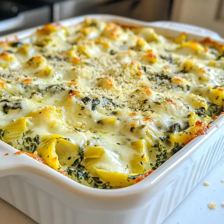 - 1 cup fresh spinach, finely chopped - 1 cup canned artichoke hearts, thoroughly drained and coarsely chopped - 1 cup cream cheese, brought to room temperature - 1 cup shredded mozzarella cheese - ½ cup grated Parmesan cheese - ¼ cup sour cream - 2 garlic cloves, finely minced - 1 teaspoon freshly squeezed lemon juice - Salt and pepper to taste - Optional: A pinch of red pepper flakes for a spicy kick Gather these ingredients before you start. Fresh spinach adds a nice green color and taste. Canned artichoke hearts bring a tender texture. Cream cheese forms the base of the dip. Shredded mozzarella gives that gooey melt. Parmesan cheese adds depth and flavor. Sour cream adds a bit of tang. Garlic gives a rich aroma. Lemon juice brightens up the taste. Don’t forget the salt and pepper to make it pop. If you like spice, add red pepper flakes. These simple ingredients come together to create a creamy, cheesy dip that everyone loves. Mix them all for a dip that’s perfect for any party. {{ingredient_image_2}} - Preheating the Oven: Start by preheating your oven to 350°F (175°C). This gets it ready for baking. - Combining Cream Cheese and Sour Cream: In a large bowl, mix 1 cup of softened cream cheese with ¼ cup of sour cream. Add 2 minced garlic cloves and 1 teaspoon of lemon juice. Stir until it becomes smooth and creamy. - Folding in Spinach and Artichoke Hearts: Next, gently fold in 1 cup of finely chopped fresh spinach and 1 cup of coarsely chopped canned artichoke hearts. This adds great flavor and texture. - Adding Cheeses and Seasonings: Then, add 1 cup of shredded mozzarella cheese and ½ cup of grated Parmesan cheese. Season with salt, pepper, and a pinch of red pepper flakes for some heat. Mix well until everything is combined. - Transferring to Baking Dish: Spoon the mixture into a baking dish. Spread it evenly with a spatula. - Baking Time and Temperature: Place the dish in the oven. Bake for 25-30 minutes or until the top is golden and bubbly. - Cooling and Presentation: Once done, take it out and let it cool for a few minutes. This helps the dip set and makes it easier to serve. Present the dip warm with dippers like toasted baguette slices, tortilla chips, or fresh veggies. Consider garnishing with more Parmesan cheese and red pepper flakes for a nice touch. Using Fresh vs. Canned Ingredients Using fresh spinach gives a bright taste. Fresh spinach adds a lovely crunch. Canned artichoke hearts save time. Drain them well for best results. You can mix both for a nice balance. Spice Adjustments Want a kick? Add red pepper flakes. They bring heat without overpowering the dip. If you prefer mild, skip the spice. Adjust salt and pepper to your liking. Taste as you go for the best flavor. Ideal Dippers and Pairings Serve this dip warm with great dippers. Toasted baguette slices add crunch. Tortilla chips are always a hit. Fresh veggie sticks like carrots and celery work well too. You can also pair it with crackers for a fun twist. Garnishing for Presentation Make the dip look pretty! Sprinkle more Parmesan cheese on top. Add a few red pepper flakes for color. Fresh herbs like parsley can brighten the dish. A dash of lemon zest can add a nice touch too. Pro Tips Fresh Spinach for Better Flavor: Always use fresh spinach instead of frozen to enhance the flavor and texture of your dip. Mix Cheese for Depth: Combine different types of cheese, like cheddar or cream cheese, for a richer flavor profile. Chill Before Baking: Let the mixture chill in the fridge for 30 minutes before baking to allow the flavors to meld together. Experiment with Dippers: Try serving with different dippers like pita chips, pretzels, or even crispy bacon for a unique twist. {{image_4}} - Low-Fat Cream Cheese Alternatives: You can use low-fat cream cheese to cut calories. Greek yogurt is another great swap. It adds protein while keeping the dip creamy. - Additional Vegetables: Add more veggies for extra nutrition. Finely chopped broccoli, bell peppers, or zucchini work well. They bring color and crunch to the dip. - Adding Different Cheeses: Get creative with cheese! Try adding sharp cheddar for a bold taste or creamier fontina for a richer flavor. Each cheese changes the dip’s character. - Alternative Seasonings and Spices: Spice things up with new flavors. Add a dash of smoked paprika for depth or fresh herbs like basil for a refreshing twist. Experiment to find your favorite mix! Refrigeration Guidelines After the party, let your dip cool down. Place it in an airtight container. It will stay fresh for up to three days in the fridge. When ready to eat, check for any off smells or changes in color. Freezing Instructions You can freeze this dip too! Use a freezer-safe container. It will keep well for up to two months. To thaw, move it to the fridge overnight. This keeps the taste fresh. Best Methods for Reheating To reheat, the oven is best. Preheat to 350°F (175°C). Place the dip in an oven-safe dish. Heat for about 15-20 minutes until warm. You can also use a microwave. Heat in short bursts, stirring in between. Maintaining Creaminess To keep the dip creamy, stir in a little sour cream or cream cheese as it heats. This helps restore the smooth texture. Avoid overheating, as this can make it grainy. Enjoy your dip warm! Yes, you can make this dip ahead. Prepare it and store it in the fridge for up to two days. When ready to serve, just bake it. This saves time and lets the flavors mix well. If you need a cream cheese substitute, use Greek yogurt. Cottage cheese also works. Both give a nice, creamy texture while keeping the flavor. To make a vegan version, swap the cream cheese for cashew cream or a store-bought vegan cream cheese. Use vegan sour cream too. All other ingredients can stay the same. Yes, frozen spinach is a great choice. Just thaw and drain it well before using. This keeps the dip from getting too watery. Great dippers include toasted baguette slices, crispy tortilla chips, and fresh veggie sticks like carrots and celery. You can also try pita chips for a tasty crunch. This blog post covered how to make a tasty Cheesy Spinach Artichoke Dip. We explored essential ingredients like spinach, artichokes, and various cheeses. You learned step-by-step instructions for mixing, baking, and serving the dip. I also shared tips for enhancing flavor and storing leftovers. Now, you can enjoy this dip at your next gathering. It’s simple to make, and everyone will love it! Use these ideas to get creative and make it your own. I hope you find this dip as enjoyable as I do.