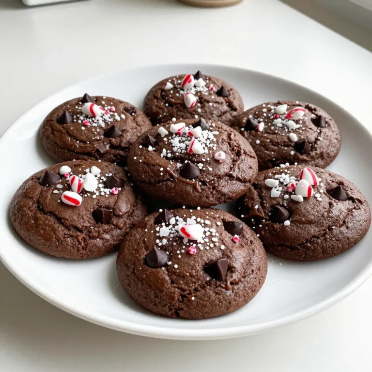 - 1 cup unsalted butter, softened - 1 cup packed brown sugar - 1/2 cup granulated sugar - 2 large eggs, at room temperature - 2 teaspoons pure vanilla extract - 1 3/4 cups all-purpose flour - 3/4 cup unsweetened cocoa powder - 1 teaspoon baking soda - 1/2 teaspoon fine sea salt - 1 cup semi-sweet chocolate chips - 1/2 cup crushed peppermint candies (plus extra for garnish) - 1/2 cup white chocolate chips (optional) For the butter, use margarine if needed. If you are out of brown sugar, mix white sugar with molasses. You can also swap semi-sweet chips for dark chocolate chips. Need a nut-free option? Try using dairy-free chocolate chips. If you want to skip the eggs, use 1/4 cup of unsweetened applesauce per egg. Using unsalted butter gives better control over salt levels. Pure vanilla extract adds a warm flavor. The combination of cocoa powder and chocolate chips creates a deep, rich taste. Crushed peppermint candies give a fresh, minty kick. If you add white chocolate chips, they provide a creamy contrast to the dark chocolate. {{ingredient_image_2}} First, gather all your ingredients. You need unsalted butter, brown sugar, granulated sugar, eggs, vanilla, flour, cocoa powder, baking soda, salt, chocolate chips, and peppermint candies. Preheat your oven to 350°F (175°C). Line two baking sheets with parchment paper to prevent sticking. In a large bowl, beat the softened butter, brown sugar, and granulated sugar. Use an electric mixer on medium speed until the mix is light and fluffy. This takes about 3-5 minutes. Next, add the eggs one at a time. Make sure each egg is mixed in well before adding the next. Stir in the vanilla extract for flavor. In another bowl, whisk together the flour, cocoa powder, baking soda, and salt. This helps mix the dry ingredients evenly. Slowly add this dry mix to the wet butter mixture. Mix on low speed until just combined. This step is key; you want to avoid over-mixing. Gently fold in the chocolate chips and crushed peppermint candies. If you like, add white chocolate chips too. Using a cookie scoop or tablespoon, drop rounded dough portions onto your prepared baking sheets. Leave about 2 inches of space between each cookie. This allows them to spread while baking. Bake in your preheated oven for 10-12 minutes. The edges should be set, while the centers are soft. This gives you that chewy texture. After baking, let the cookies cool on the sheets for about 5 minutes. Then, transfer them to wire racks to cool completely. While they are still warm, sprinkle extra crushed peppermint candies on top. This makes them look festive and adds a burst of flavor. Enjoy your delicious double chocolate peppermint cookies! To get that perfect chewy texture in your double chocolate peppermint cookies, follow these simple steps. First, do not over-mix your dough. Mix just until the dry and wet ingredients come together. Second, leave the cookies slightly underbaked. The edges should look set, but the center should still be soft. This helps keep them chewy. Lastly, let them cool on the baking sheet for a few minutes before moving them. This resting time allows them to finish baking and firm up just right. Baking cookies can be tricky. One common mistake is using cold butter. Always use softened butter to ensure a creamy texture. Another mistake is not measuring the flour correctly. Too much flour makes cookies dry. Use the spoon-and-level method to get it right. Also, remember to rotate your baking sheets halfway through baking. This ensures even cooking and browning. Want to boost flavor? You can add a pinch of espresso powder to your dough. This enhances the chocolate without adding a coffee taste. Another option is to mix in some chopped nuts, like walnuts or pecans. They add a nice crunch. For extra peppermint flavor, consider adding peppermint extract. Just a few drops will make a big difference! Pro Tips Room Temperature Ingredients: Ensure that your butter and eggs are at room temperature for better incorporation and a smoother dough. Don’t Overmix: Mix the dough until just combined to keep the cookies tender and avoid a tough texture. Use Parchment Paper: Line your baking sheets with parchment paper to prevent sticking and ensure even baking. Cool on Wire Racks: Allow cookies to cool on wire racks to maintain their chewy texture and prevent sogginess. {{image_4}} You can customize your Double Chocolate Peppermint Cookies easily. Here are a few ideas: - Espresso: Add 1 tablespoon of instant espresso powder for a coffee kick. - Orange Zest: Mix in 1 teaspoon of fresh orange zest for a citrus twist. - Caramel: Incorporate chunks of caramel candy for a sweet surprise inside. These flavors can add depth and excitement to your cookies. Making these cookies gluten-free or dairy-free is simple. For gluten-free, swap all-purpose flour with a 1:1 gluten-free blend. Ensure the blend has xanthan gum for best results. For a dairy-free option, use coconut oil or dairy-free butter instead of regular butter. Use dairy-free chocolate chips to keep the flavor intact. You can make these cookies festive with seasonal touches. Here are some fun ideas: - Candy Cane Crumbles: Use crushed candy canes instead of peppermint candies for a crunchier texture. - Pumpkin Spice: Add 1 teaspoon of pumpkin pie spice for a cozy fall flavor. - Holiday Sprinkles: Decorate with holiday-themed sprinkles before baking for a pop of color. These additions can make your cookies extra special for any occasion! To keep your Double Chocolate Peppermint Cookies tasty, store them in an airtight container. This helps them stay soft and fresh. If you have some left after a day or two, add a slice of bread to the container. The cookies will soak up moisture from the bread, keeping them chewy. You can also layer the cookies with parchment paper to avoid sticking. You can freeze these cookies to enjoy later. Start by letting them cool completely. Place the cooled cookies in a single layer on a baking sheet. Freeze them for about an hour. Once frozen, transfer the cookies to a freezer bag. Remove as much air as possible and seal. They can stay fresh for up to three months in the freezer. When you want to enjoy them, take the cookies out and let them thaw at room temperature. To keep your cookies fresh for longer, store them in a cool, dry place. Avoid direct sunlight, as heat can dry them out. If using a tin, line it with wax paper. This prevents sticking and keeps the cookies moist. For extra freshness, consider wrapping the cookies individually in plastic wrap before placing them in a container. This method also makes sharing easy! To make cookies softer, follow a few simple steps. First, use room temperature butter. This helps create a creamy mix. Second, do not over-mix the dough. Mix just until combined. Lastly, bake the cookies until edges are set, but the centers are still soft. This keeps them chewy. Yes, you can use different types of chocolate! You can mix dark, milk, or semi-sweet chocolate. Each type adds a unique flavor. If you want a sweeter cookie, try milk chocolate. If you like a richer taste, dark chocolate works well. You can even use white chocolate chips for a fun twist. Crushing peppermint candies is easy. Place the candies in a zip-top bag. Use a rolling pin or a heavy pan to crush them. You can also use a food processor for a finer grind. Just be careful not to turn them into dust. You want little bits for texture in your cookies. In this blog post, you learned about the key ingredients, step-by-step baking instructions, and tips for cookie perfection. I shared ways to enhance flavor and avoid common mistakes. We also explored tasty variations and smart storage options to keep your cookies fresh. Remember, baking is fun, and each cookie is a chance to express your creativity. Use these insights to bake delicious treats that everyone will enjoy!