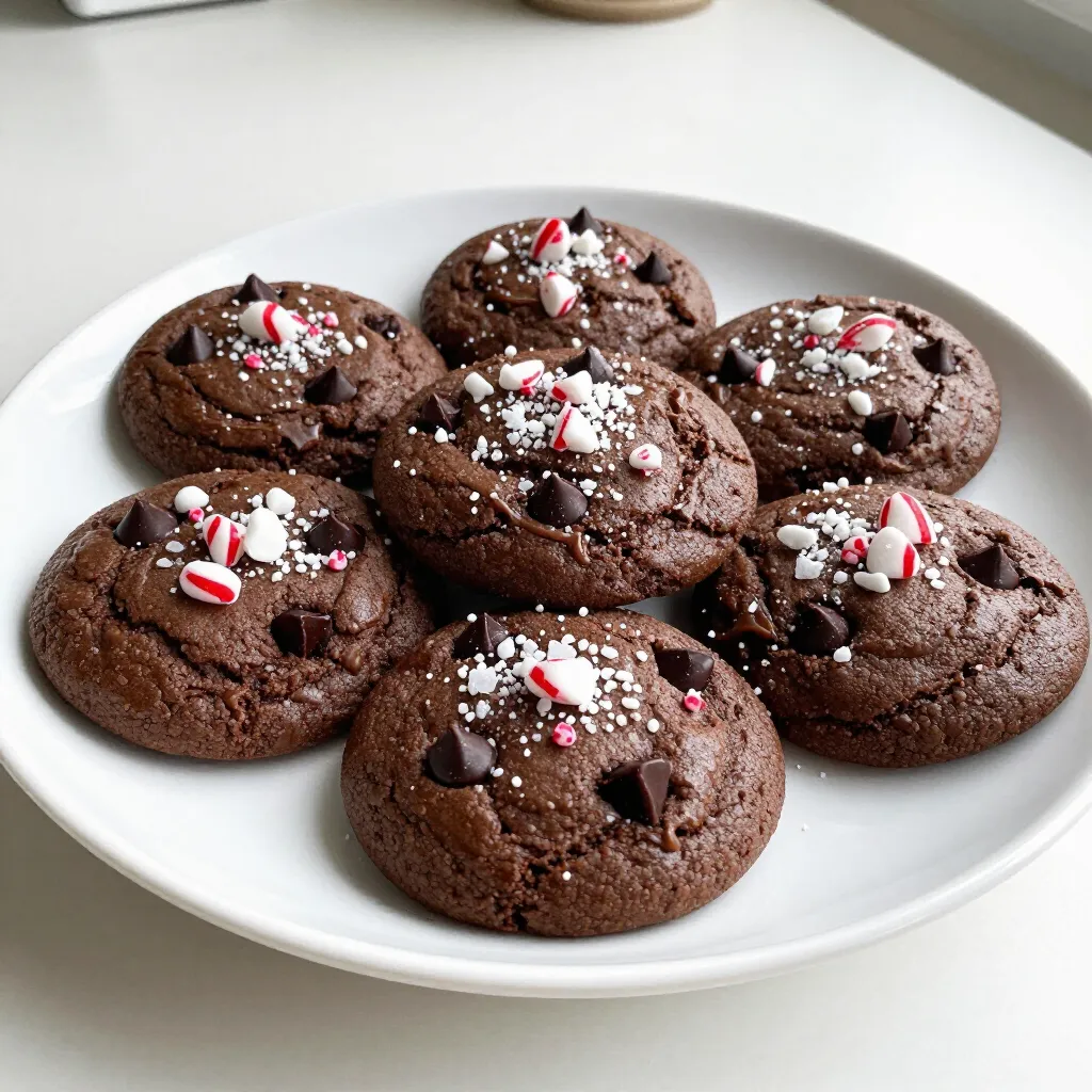 - 1 cup unsalted butter, softened - 1 cup packed brown sugar - 1/2 cup granulated sugar - 2 large eggs, at room temperature - 2 teaspoons pure vanilla extract - 1 3/4 cups all-purpose flour - 3/4 cup unsweetened cocoa powder - 1 teaspoon baking soda - 1/2 teaspoon fine sea salt - 1 cup semi-sweet chocolate chips - 1/2 cup crushed peppermint candies (plus extra for garnish) - 1/2 cup white chocolate chips (optional) For the butter, use margarine if needed. If you are out of brown sugar, mix white sugar with molasses. You can also swap semi-sweet chips for dark chocolate chips. Need a nut-free option? Try using dairy-free chocolate chips. If you want to skip the eggs, use 1/4 cup of unsweetened applesauce per egg. Using unsalted butter gives better control over salt levels. Pure vanilla extract adds a warm flavor. The combination of cocoa powder and chocolate chips creates a deep, rich taste. Crushed peppermint candies give a fresh, minty kick. If you add white chocolate chips, they provide a creamy contrast to the dark chocolate. {{ingredient_image_2}} First, gather all your ingredients. You need unsalted butter, brown sugar, granulated sugar, eggs, vanilla, flour, cocoa powder, baking soda, salt, chocolate chips, and peppermint candies. Preheat your oven to 350°F (175°C). Line two baking sheets with parchment paper to prevent sticking. In a large bowl, beat the softened butter, brown sugar, and granulated sugar. Use an electric mixer on medium speed until the mix is light and fluffy. This takes about 3-5 minutes. Next, add the eggs one at a time. Make sure each egg is mixed in well before adding the next. Stir in the vanilla extract for flavor. In another bowl, whisk together the flour, cocoa powder, baking soda, and salt. This helps mix the dry ingredients evenly. Slowly add this dry mix to the wet butter mixture. Mix on low speed until just combined. This step is key; you want to avoid over-mixing. Gently fold in the chocolate chips and crushed peppermint candies. If you like, add white chocolate chips too. Using a cookie scoop or tablespoon, drop rounded dough portions onto your prepared baking sheets. Leave about 2 inches of space between each cookie. This allows them to spread while baking. Bake in your preheated oven for 10-12 minutes. The edges should be set, while the centers are soft. This gives you that chewy texture. After baking, let the cookies cool on the sheets for about 5 minutes. Then, transfer them to wire racks to cool completely. While they are still warm, sprinkle extra crushed peppermint candies on top. This makes them look festive and adds a burst of flavor. Enjoy your delicious double chocolate peppermint cookies! To get that perfect chewy texture in your double chocolate peppermint cookies, follow these simple steps. First, do not over-mix your dough. Mix just until the dry and wet ingredients come together. Second, leave the cookies slightly underbaked. The edges should look set, but the center should still be soft. This helps keep them chewy. Lastly, let them cool on the baking sheet for a few minutes before moving them. This resting time allows them to finish baking and firm up just right. Baking cookies can be tricky. One common mistake is using cold butter. Always use softened butter to ensure a creamy texture. Another mistake is not measuring the flour correctly. Too much flour makes cookies dry. Use the spoon-and-level method to get it right. Also, remember to rotate your baking sheets halfway through baking. This ensures even cooking and browning. Want to boost flavor? You can add a pinch of espresso powder to your dough. This enhances the chocolate without adding a coffee taste. Another option is to mix in some chopped nuts, like walnuts or pecans. They add a nice crunch. For extra peppermint flavor, consider adding peppermint extract. Just a few drops will make a big difference! Pro Tips Room Temperature Ingredients: Ensure that your butter and eggs are at room temperature for better incorporation and a smoother dough. Don’t Overmix: Mix the dough until just combined to keep the cookies tender and avoid a tough texture. Use Parchment Paper: Line your baking sheets with parchment paper to prevent sticking and ensure even baking. Cool on Wire Racks: Allow cookies to cool on wire racks to maintain their chewy texture and prevent sogginess. {{image_4}} You can customize your Double Chocolate Peppermint Cookies easily. Here are a few ideas: - Espresso: Add 1 tablespoon of instant espresso powder for a coffee kick. - Orange Zest: Mix in 1 teaspoon of fresh orange zest for a citrus twist. - Caramel: Incorporate chunks of caramel candy for a sweet surprise inside. These flavors can add depth and excitement to your cookies. Making these cookies gluten-free or dairy-free is simple. For gluten-free, swap all-purpose flour with a 1:1 gluten-free blend. Ensure the blend has xanthan gum for best results. For a dairy-free option, use coconut oil or dairy-free butter instead of regular butter. Use dairy-free chocolate chips to keep the flavor intact. You can make these cookies festive with seasonal touches. Here are some fun ideas: - Candy Cane Crumbles: Use crushed candy canes instead of peppermint candies for a crunchier texture. - Pumpkin Spice: Add 1 teaspoon of pumpkin pie spice for a cozy fall flavor. - Holiday Sprinkles: Decorate with holiday-themed sprinkles before baking for a pop of color. These additions can make your cookies extra special for any occasion! To keep your Double Chocolate Peppermint Cookies tasty, store them in an airtight container. This helps them stay soft and fresh. If you have some left after a day or two, add a slice of bread to the container. The cookies will soak up moisture from the bread, keeping them chewy. You can also layer the cookies with parchment paper to avoid sticking. You can freeze these cookies to enjoy later. Start by letting them cool completely. Place the cooled cookies in a single layer on a baking sheet. Freeze them for about an hour. Once frozen, transfer the cookies to a freezer bag. Remove as much air as possible and seal. They can stay fresh for up to three months in the freezer. When you want to enjoy them, take the cookies out and let them thaw at room temperature. To keep your cookies fresh for longer, store them in a cool, dry place. Avoid direct sunlight, as heat can dry them out. If using a tin, line it with wax paper. This prevents sticking and keeps the cookies moist. For extra freshness, consider wrapping the cookies individually in plastic wrap before placing them in a container. This method also makes sharing easy! To make cookies softer, follow a few simple steps. First, use room temperature butter. This helps create a creamy mix. Second, do not over-mix the dough. Mix just until combined. Lastly, bake the cookies until edges are set, but the centers are still soft. This keeps them chewy. Yes, you can use different types of chocolate! You can mix dark, milk, or semi-sweet chocolate. Each type adds a unique flavor. If you want a sweeter cookie, try milk chocolate. If you like a richer taste, dark chocolate works well. You can even use white chocolate chips for a fun twist. Crushing peppermint candies is easy. Place the candies in a zip-top bag. Use a rolling pin or a heavy pan to crush them. You can also use a food processor for a finer grind. Just be careful not to turn them into dust. You want little bits for texture in your cookies. In this blog post, you learned about the key ingredients, step-by-step baking instructions, and tips for cookie perfection. I shared ways to enhance flavor and avoid common mistakes. We also explored tasty variations and smart storage options to keep your cookies fresh. Remember, baking is fun, and each cookie is a chance to express your creativity. Use these insights to bake delicious treats that everyone will enjoy!