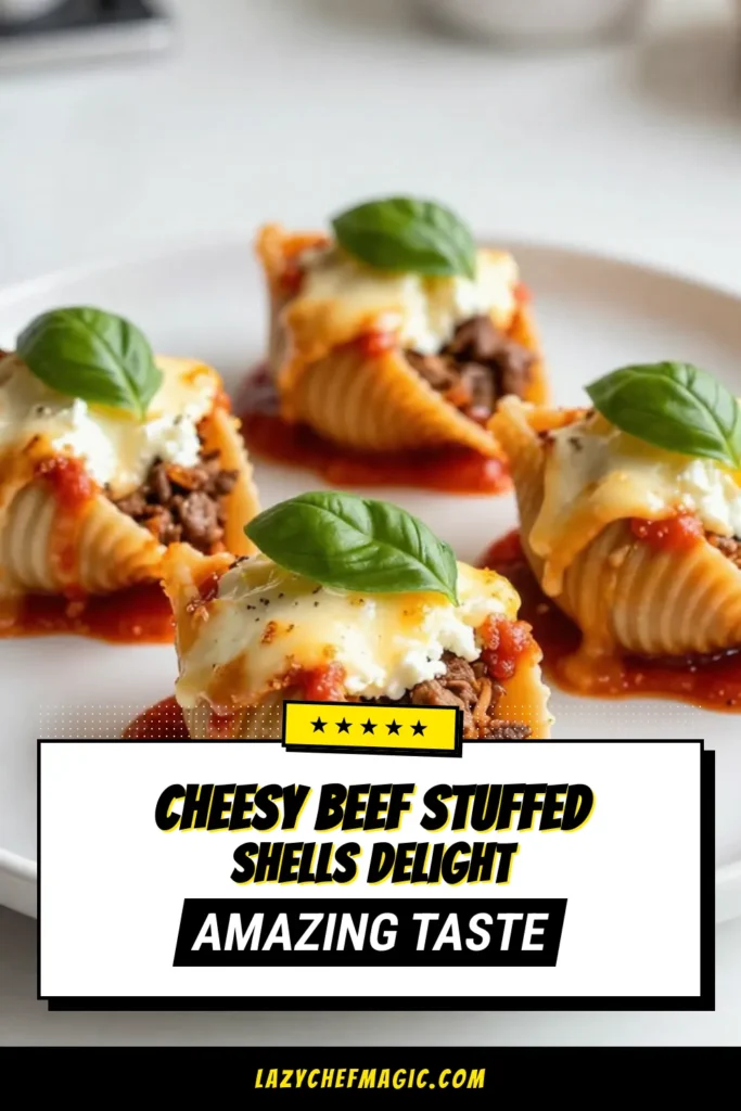 Indulge in these mouthwatering beef stuffed pasta shells, a perfect blend of flavors in this cheesy stuffed shells recipe. This baked stuffed shells with beef is an easy cheesy pasta recipe that will impress your family and friends. Enjoy an authentic Italian pasta shells dish that&rsquo;s simple to make. Try it tonight and elevate your dinner game! Save this recipe for a delicious weeknight meal! #BeefStuffedShells #CheesyPasta #PastaRecipes #ItalianCuisine