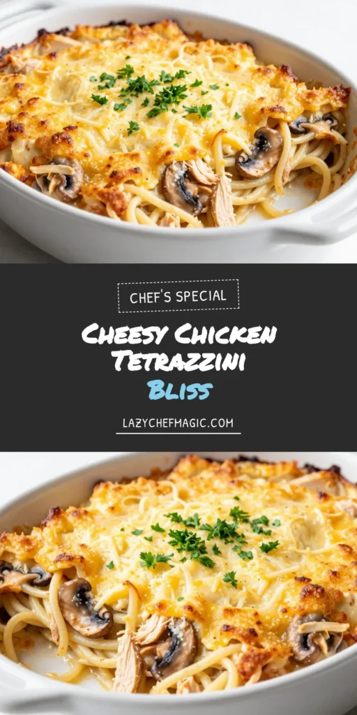 Looking for an easy and delicious dinner? Try this Cheesy Chicken Tetrazzini Bake Recipe! Packed with flavors, this creamy spaghetti casserole combines tender chicken, mushrooms, and peas for the ultimate comfort food recipe. Perfect for busy weeknights, this easy cheesy tetrazzini will become a family favorite. Save this recipe for a hearty, satisfying meal tonight! #ChickenTetrazzini #ComfortFoodRecipesChicken #EasyCheesyTetrazzini #CreamySpaghettiCasserole