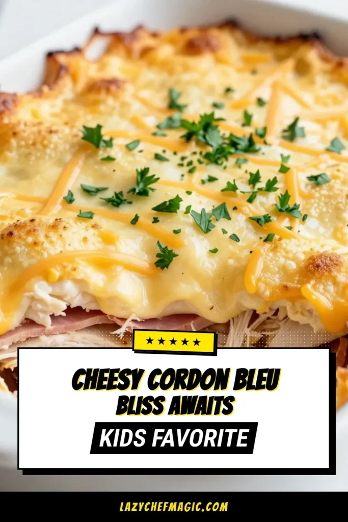 Looking for a delicious and cozy meal? Try this Cheesy Chicken Cordon Bleu Casserole! This easy casserole recipe layers shredded chicken, ham, and Swiss cheese, topped with creamy goodness and melted cheddar. Perfect for comfort food lovers, this Chicken Cordon Bleu recipe will please the whole family. Don't miss out on this Chicken and Ham Casserole&mdash;save it for your next meal planning! #ComfortFood #CasseroleRecipes #ChickenCordonBleu #EasyRecipes